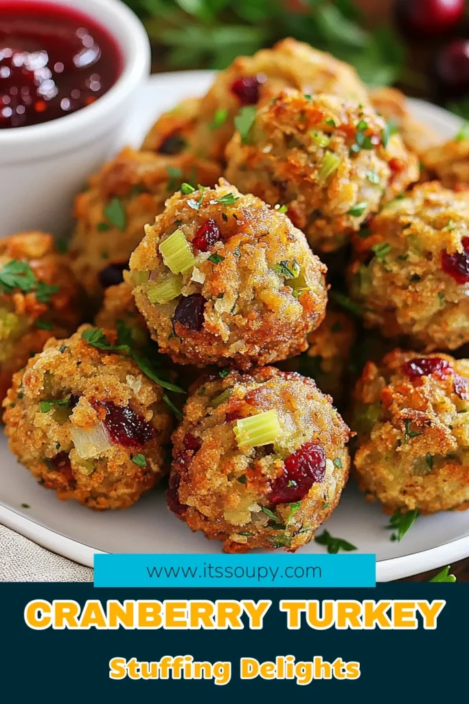 Elevate your holiday feast with these delicious Cranberry Turkey Stuffing Balls! This Turkey Stuffing Recipe is a healthy Thanksgiving side dish that combines shredded turkey, whole grain breadcrumbs, and vibrant cranberries. Easy to make, these Cranberry Stuffing Balls are perfect for any gathering. Try this whole grain stuffing recipe to impress your guests. Save this recipe for the holiday season! #ThanksgivingRecipes #HealthyEating #StuffingBalls #CranberryTurkey