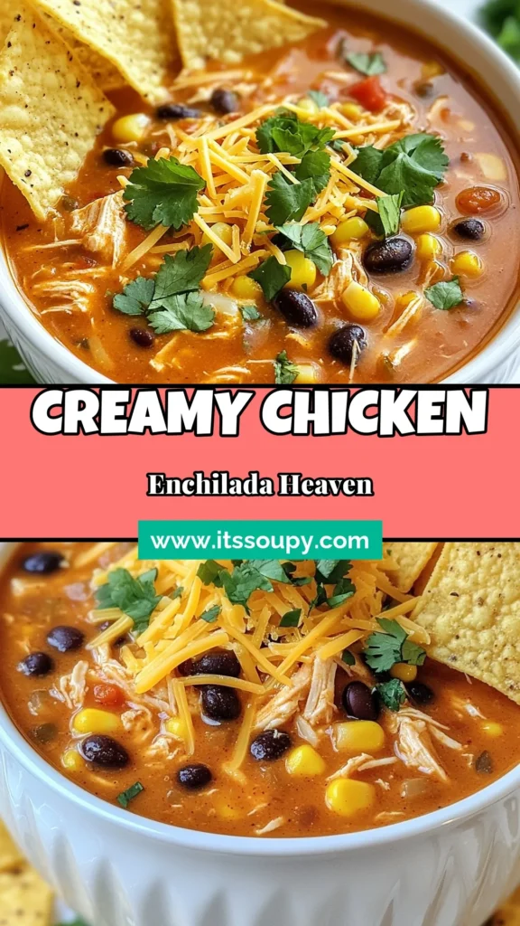 Warm up with Grandma’s Creamy Chicken Enchilada Soup, the ultimate comfort food soup that’s an easy chicken soup recipe perfect for any time of the year. This homemade enchilada soup combines tender chicken, black beans, and corn in a rich, creamy broth that will delight your taste buds. Ready in just 35 minutes, it's the best chicken soup with cream you can make! Save this recipe for a comforting meal tonight! #ChickenSoup #EnchiladaSoup #ComfortFood #EasyRecipes