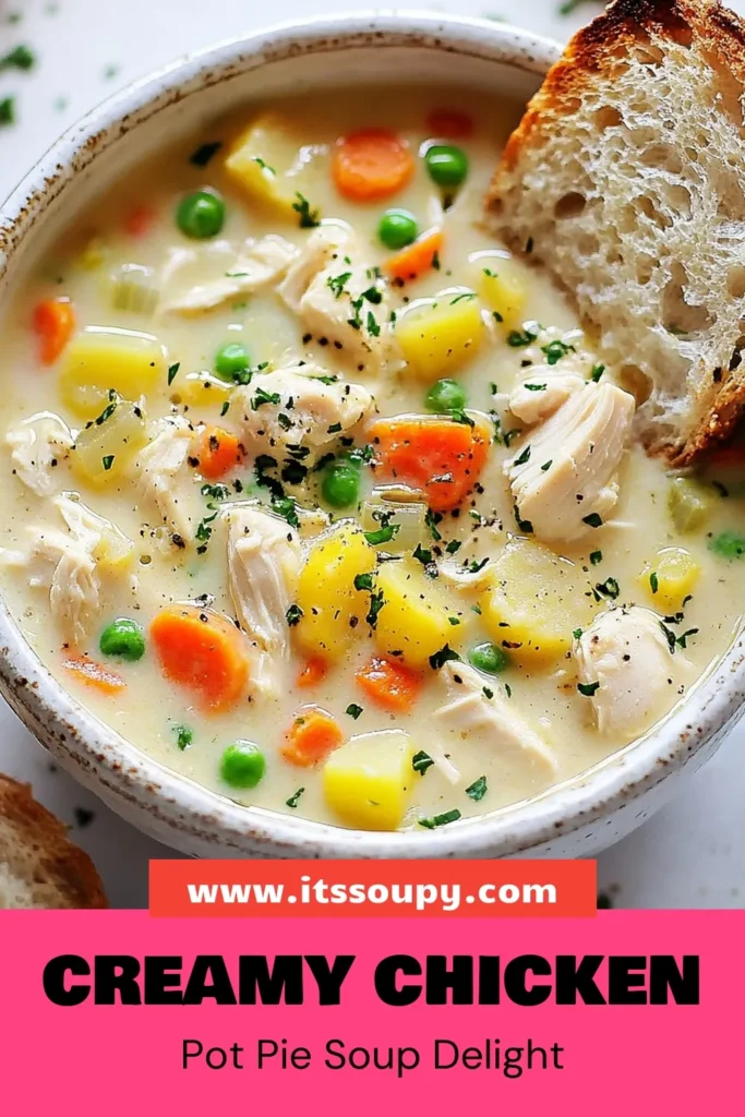 Warm up with this delicious chicken pot pie soup that's both comforting and easy to make! This creamy chicken pot pie blends tender chicken, hearty vegetables, and rich flavors into one satisfying bowl. Perfect for chilly days, it's an easy chicken soup recipe that the whole family will love. Discover this flavorful dish that ranks high on hearty soup recipes! Save and try this comforting chicken soup today! #ChickenPotPieSoup #EasyChickenSoup #HeartySoupRecipes #ComfortFood