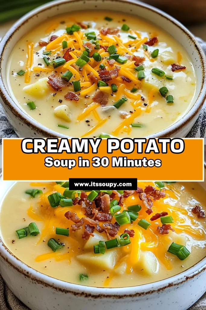 Discover the ultimate creamy baked potato soup that’s both comforting and easy to make. This hearty potato soup recipe combines baked russet potatoes, heavy cream, and crunchy bacon for a delicious twist on traditional soup. Perfect for vegetarians, simply skip the bacon! Enjoy this easy potato soup with family and friends. Save this recipe and bring warmth to your table today! #CreamyBakedPotatoSoup #HeartyPotatoSoup #EasyPotatoSoup #VegetarianPotatoSoup