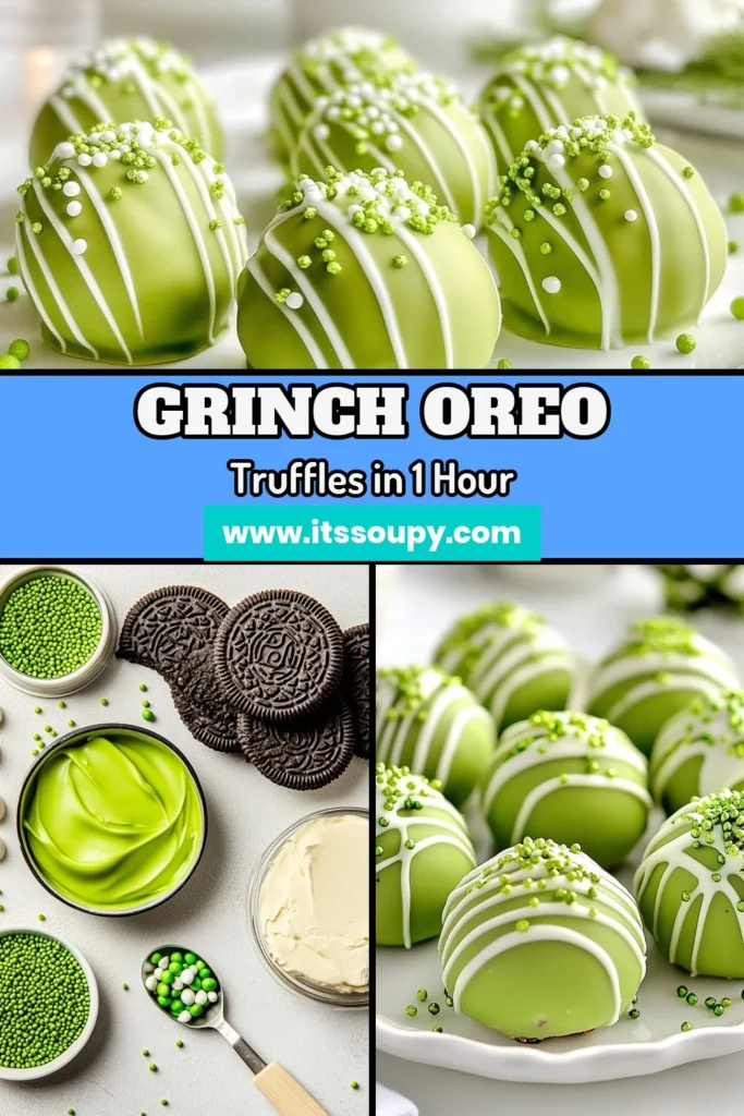 Get in the holiday spirit with these No-Bake Grinch Oreo Truffles! This easy Christmas treat combines the classic flavor of Oreo cookie truffles with a festive twist. Perfect for parties, these holiday truffle recipes are simple to make and a delight to share. With green candy melts and peppermint extract, they’re sure to be a hit. Save this recipe for a sweet addition to your festive dessert table! #NoBakeGrinchTruffles #OreoCookieTruffles #EasyChristmasTreats #FestiveDessert