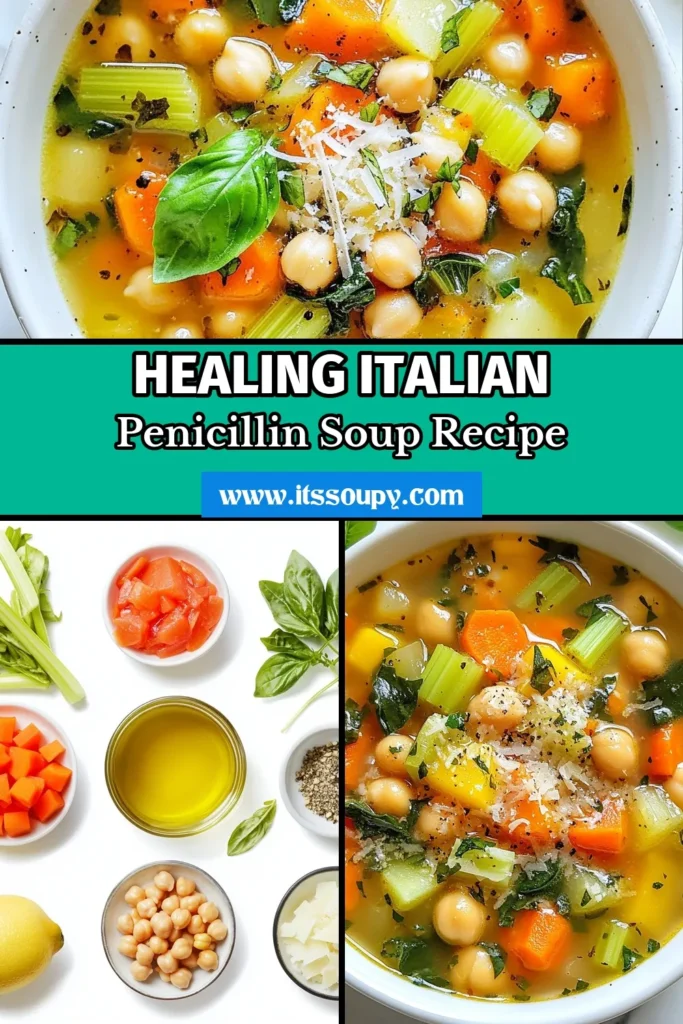 Discover the ultimate comfort in a bowl with this delicious Italian Penicillin Soup! This Healthy Italian Soup Recipe combines nutritious ingredients like chickpeas, fresh spinach, and basil for a vibrant and satisfying meal. Perfect for a quick family dinner, this Chickpea Soup Recipe is both flavorful and easy to make. Try this Quick Vegetable Soup Recipe and savor each comforting spoonful. Save this recipe for later! #ItalianPenicillinSoup #HealthySoup #ChickpeaSoup #QuickRecipes