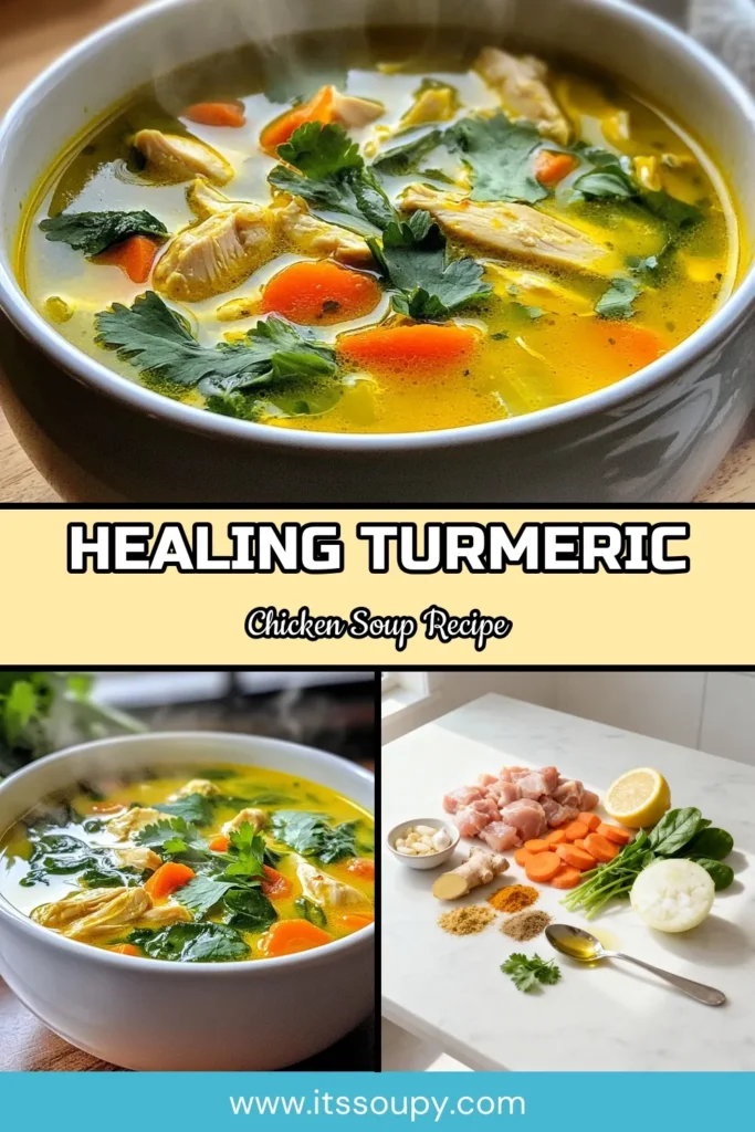 Looking for a delicious and nutritious meal? Try this easy turmeric chicken soup! Packed with health benefits, this healthy chicken soup recipe combines tender chicken, fresh veggies, and the powerful goodness of turmeric and ginger. Enjoy the warmth of this flavorful ginger garlic soup recipe, perfect for any day. Click to discover the benefits of turmeric soup and save this recipe for later! #TurmericChickenSoup #HealthyRecipes #ChickenSoup #SoupLovers