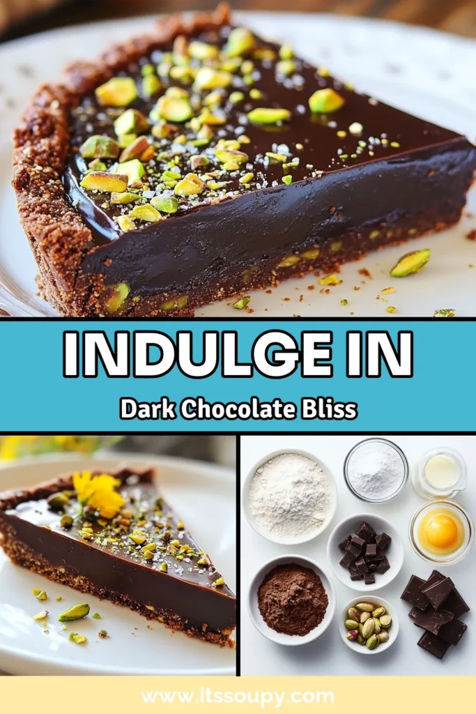 Indulge in this delicious dark chocolate tart recipe featuring a crunchy pistachio crust and rich chocolate filling. This easy tart recipe is perfect for any occasion and elevates your dessert game. With a delightful blend of flavors, this chocolate pistachio tart is sure to impress your guests. Try this homemade chocolate tart today and satisfy your cravings! Save this recipe for your next dessert adventure! #DarkChocolateTart #PistachioDessert #EasyTartRecipe #ChocolatePistachioTart