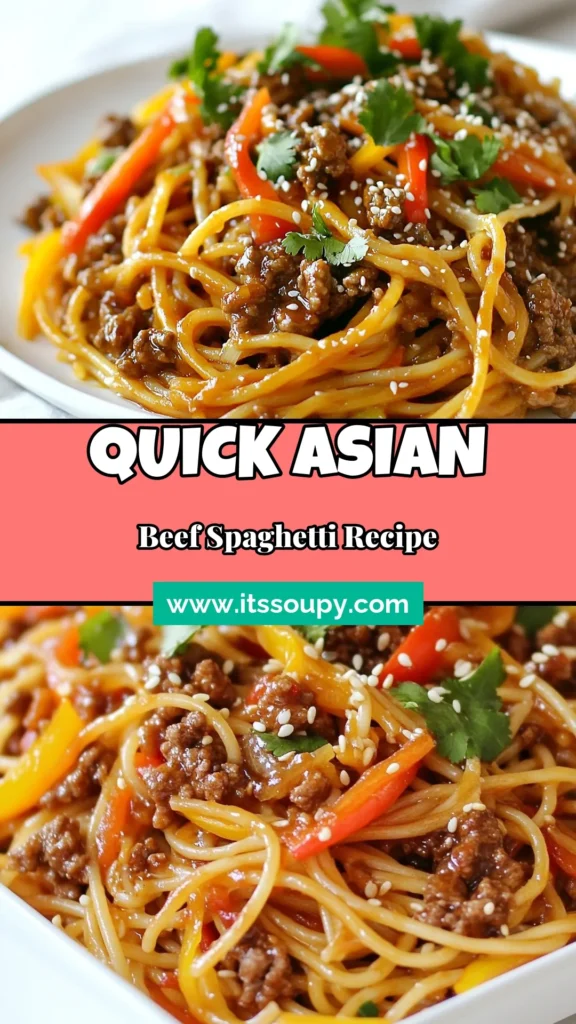Savor the flavors of this delicious Asian Beef Spaghetti! This Ground Beef Pasta Recipe is a quick Asian noodle dish that's perfect for busy weeknights. Made with ground beef, sesame oil, and hoisin sauce, it's packed with flavor. Get ready to impress your family with this easy, 25-minute meal. Dive into this mouthwatering dish tonight! Save this recipe for your next dinner inspiration. #AsianBeefSpaghetti #QuickDinner #PastaRecipes #SesameOilRecipes