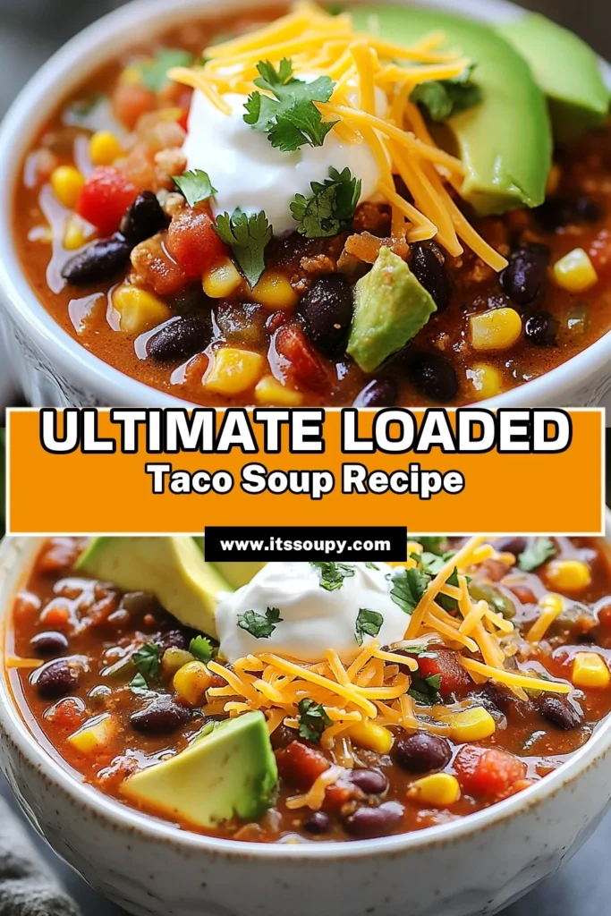 Discover the ultimate loaded taco soup recipe that's perfect for any night! This easy taco soup combines ground turkey for a healthy twist, packed with flavor and goodness in every bite. Ready in just 45 minutes, this quick taco soup recipe is sure to become a family favorite. Top it off with your favorite garnishes for a delicious meal! Try this healthy taco soup today and save for later! #LoadedTacoSoup #EasyTacoSoup #GroundTurkeyTacoSoup #QuickTacoSoupRecipe