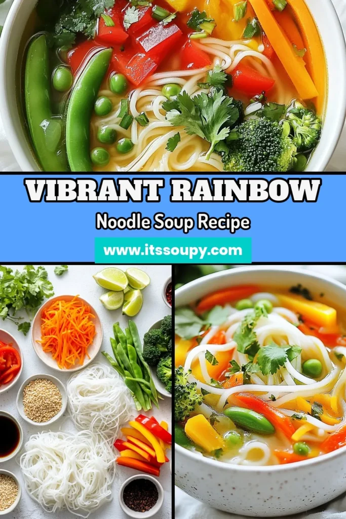Discover the vibrant and nourishing Rainbow Vegetable Noodle Soup that’s perfect for any meal! This healthy vegetable soup recipe features rice noodles, packed with fresh veggies like carrots, broccoli, and snap peas. It's a delicious vegan noodle soup that's quick to make and bursting with flavor. Elevate your dinner with this easy vegetable noodle soup recipe that everyone will love! Don’t forget to save it for your next cooking night! #RainbowNoodleSoup #HealthyVegetableSoup #VeganNoodleSoup #RecipeOfTheDay