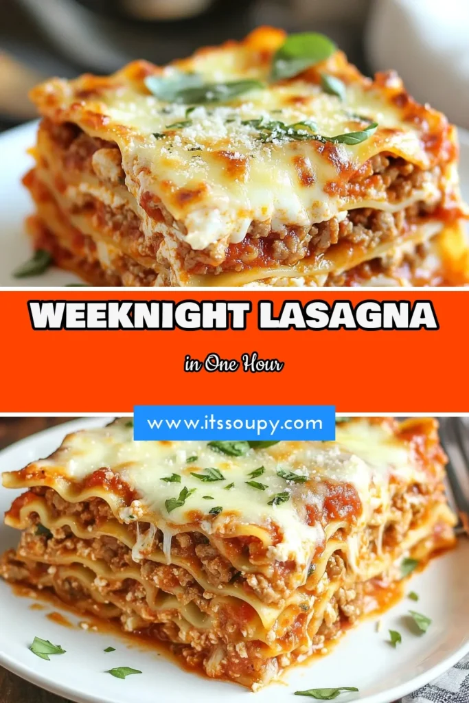 Looking for an easy lasagna recipe that fits into your busy week? Try this Easy Weeknight Lasagna featuring no-boil noodles and ground turkey for a healthier twist. This quick lasagna recipe is perfect for weeknight dinner ideas, taking just an hour to prepare and bake. With layers of cheesy goodness and delicious marinara, your family will love it. Save this recipe now for your next meal! #EasyLasagnaRecipe #WeeknightDinner #NoBoilLasagna #QuickDinnerIdeas
