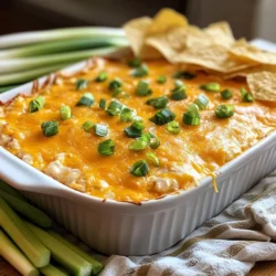 - 2 cups cooked shredded chicken - 1 cup cream cheese, softened - 1/2 cup Greek yogurt - 1/2 cup buffalo sauce (adjust to taste) - 1 cup shredded cheddar cheese - 1/2 cup chopped green onions - 1/2 teaspoon garlic powder - Salt and pepper to taste - Tortilla chips or veggies for serving To make this easy buffalo chicken dip, you need simple yet tasty ingredients. Start with cooked shredded chicken. This makes the dip hearty and filling. Cream cheese adds that rich, creamy base that everyone loves. Greek yogurt gives it a nice tang and keeps it smooth. Buffalo sauce is key to the dip's flavor. You can adjust how much you use to make it as spicy as you like. Shredded cheddar cheese melts perfectly and adds extra flavor. Chopped green onions add a fresh crunch and color. Don’t forget the garlic powder! It gives the dip a nice kick. You can season with salt and pepper to make it just right. Serve with tortilla chips or fresh veggies for dipping. You’ll always want to have these ingredients on hand for a quick snack or party treat! {{ingredient_image_1}} 1. Preheat your oven to 350°F (175°C). This step helps the dip cook evenly. 2. Mix cream cheese, Greek yogurt, and buffalo sauce in a bowl. Use a fork or mixer until smooth. This base gives the dip its creamy texture and bold flavor. 3. Add shredded chicken and seasonings. Stir in the cooked chicken, garlic powder, half of the cheddar cheese, and half of the green onions. Mix until everything is covered and combined well. 1. Transfer mixture to baking dish. Spread it evenly in the dish. This helps with even cooking. 2. Sprinkle cheddar cheese and bake. Add the remaining cheese on top. Bake for 20-25 minutes. Look for melted cheese and bubbling edges. 3. Let cool before serving. Once done, let the dip sit for about 5 minutes. This cooling time makes serving easier and safer. Enjoy your easy buffalo chicken dip warm with tortilla chips or fresh veggies! To make your Buffalo chicken dip creamy, start with softened cream cheese. This helps it mix well. Then, add Greek yogurt. It adds a nice tang and keeps it light. Mix these together first until smooth. If it feels thick, a splash of buffalo sauce helps. Adjusting the spice level is easy. Start with half a cup of buffalo sauce. Taste it before adding more. If you want more heat, add a bit at a time. Always remember, you can add spice but you cannot take it away! Serving your dip well makes it even more fun. Use a colorful platter. Arrange tortilla chips around the dip. This creates a festive look. You can also add veggie sticks for crunch. For garnish, sprinkle chopped green onions on top. They add color and freshness. This makes your dip not just tasty, but also pretty. Your guests will love it! Pro Tips Adjust the Heat: If you prefer a milder dip, start with less buffalo sauce and gradually increase it to your taste. Make it Ahead: You can prepare the dip a day in advance. Just cover it tightly and refrigerate before baking. Cheese Options: Experiment with different cheese blends, like pepper jack for a spicier kick or mozzarella for a milder flavor. Garnish Wisely: Fresh cilantro or parsley can add a nice touch alongside green onions for an extra burst of flavor and color. {{image_2}} If you want to change things up, you can swap out some ingredients. Greek yogurt is great for creaminess, but you can use sour cream or cottage cheese instead. Each option gives a different taste and texture. For chicken, you don’t have to cook it yourself. Canned chicken is a quick choice. You can also use rotisserie chicken from the store. It’s already cooked and saves time. Just shred it up and mix it in. Want more kick? You can add extra buffalo sauce if you love heat. Just add a bit at a time to get the right spice level. If you like it milder, use less sauce. You can play with flavors by adding different cheeses. Creamy mozzarella or tangy blue cheese can make it special. Adding spices like cayenne pepper or smoked paprika can also give a unique twist. Be creative and make it your own! To keep your buffalo chicken dip fresh, store it right. First, let the dip cool to room temperature. Then, transfer it to an airtight container. This helps prevent drying out and keeps the flavors intact. Use glass or plastic containers that seal well. Make sure they are big enough, so the dip does not get squished. If you have a lot of dip, divide it into smaller portions. This way, you can enjoy it over several days without losing taste. Reheating buffalo chicken dip is easy. The best method is to use the oven. Preheat your oven to 350°F (175°C). Place the dip in an oven-safe dish. Cover it with foil to keep moisture in. Heat for about 15-20 minutes or until warm. You can also use the microwave. Put the dip in a microwave-safe bowl. Heat in short bursts of 30 seconds. Stir in between to ensure even warming. This way, you keep the dip creamy and avoid drying it out. Enjoy your leftovers without losing any flavor! Can I make this dip ahead of time? Yes, you can make this dip ahead. Mix all the ingredients and store it in the fridge. Just cover it tightly. When you're ready, bake it before serving. This makes it easy for parties or game days. What can I serve with buffalo chicken dip? You can serve this dip with many things. Tortilla chips are popular. Veggies like carrots, celery, and bell peppers also work well. You can even try crackers or bread. The options are endless! Can I freeze buffalo chicken dip? Yes, you can freeze buffalo chicken dip. Place it in a freezer-safe container. Make sure to seal it well. When you want to eat it, thaw it in the fridge overnight. Reheat it in the oven for the best taste. This buffalo chicken dip recipe is tasty and easy to make. You learned about the key ingredients, step-by-step preparation, and baking steps. We also covered storage tips and fun variations for your dip. In the end, this dish is perfect for any gathering. Whether you want it spicy or creamy, it can fit your taste. Enjoy sharing this dip with friends or family at your next event!