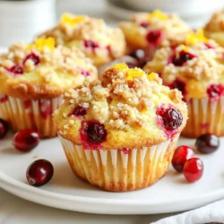 To make delicious cranberry orange streusel muffins, you need the following ingredients: - 2 cups all-purpose flour - 1 cup fresh cranberries, chopped - 1 cup granulated sugar - 1 tablespoon baking powder - 1/2 teaspoon baking soda - 1/2 teaspoon salt - 1/2 teaspoon cinnamon - 1/2 cup unsalted butter, melted - 2 large eggs - 1/2 cup orange juice (freshly squeezed) - Zest of 1 orange - 1 teaspoon vanilla extract These ingredients create a base that is both moist and flavorful. The fresh cranberries give a nice tartness, while the orange juice and zest add brightness. For the crunchy streusel topping, gather these ingredients: - 1/2 cup rolled oats - 1/3 cup brown sugar, packed - 1/4 cup all-purpose flour - 1/2 teaspoon cinnamon - 1/4 cup unsalted butter, softened To prepare the streusel, mix the rolled oats, brown sugar, flour, and cinnamon in a bowl. Then, add the softened butter. Use your fingers to mix until it looks crumbly. This topping adds a sweet, crunchy layer to your muffins. It contrasts beautifully with the moist muffin base. {{ingredient_image_1}} First, you need to preheat your oven to 375Β°F (190Β°C). This helps the muffins rise perfectly. Next, line a 12-cup muffin tin with paper liners or grease it lightly. This step ensures your muffins come out easily. Now, let's mix the dry ingredients. In a large bowl, whisk together: - 2 cups all-purpose flour - 1 cup granulated sugar - 1 tablespoon baking powder - 1/2 teaspoon baking soda - 1/2 teaspoon salt - 1/2 teaspoon cinnamon Make sure everything is well mixed. This helps the muffins rise and taste great. In another bowl, whisk together your wet ingredients. You will need: - 1/2 cup unsalted butter, melted - 2 large eggs - 1/2 cup orange juice (freshly squeezed) - Zest of 1 orange - 1 teaspoon vanilla extract Mix these until smooth. The butter adds richness, while the orange juice gives a fresh taste. The zest adds extra flavor, making your muffins bright and lively. Now, pour the wet mixture into the dry ingredients. Stir just until combined. Be careful not to overmix. This keeps your muffins light and fluffy. Next, gently fold in 1 cup of chopped fresh cranberries. Make sure they are evenly spread throughout the batter. This will give each muffin a burst of flavor when you bite into it. For the final step, divide the batter evenly among the muffin cups. Fill each cup about 2/3 full. This allows room for the muffins to rise. After that, sprinkle the streusel topping generously over each muffin. This adds a delightful crunch. Now, you're ready to bake! To make the best Cranberry Orange Streusel Muffins, avoid overmixing the batter. When you mix too much, the muffins can turn out tough. Stir the wet and dry ingredients just until they blend. This keeps your muffins light and fluffy. Next, ensure even distribution of cranberries. When you fold in the chopped cranberries, do it gently. This helps spread them throughout the batter. You want each muffin to have a burst of tart cranberry flavor. For the best results, preheat your oven to 375Β°F (190Β°C). This temperature helps the muffins rise nicely. Bake them for about 20 to 25 minutes. The tops should look golden brown and slightly firm. To check for doneness, insert a toothpick in the center of a muffin. If it comes out clean, your muffins are ready. If thereβs wet batter on the toothpick, bake for a few more minutes. This method ensures perfectly cooked muffins every time. Pro Tips Fresh Cranberries: Use fresh cranberries for the best flavor, but if they're not available, frozen cranberries can be usedβjust toss them in flour before adding to the batter to prevent them from sinking. Don't Overmix: Mix the batter just until combined to keep your muffins light and fluffy. Overmixing can lead to dense muffins. Customize Your Streusel: Add nuts or spices like nutmeg to your streusel topping for an extra layer of flavor and texture. Storage Tips: Store leftover muffins in an airtight container at room temperature for up to 3 days, or freeze them for longer storage. Reheat in the oven for a warm treat! {{image_2}} You can easily change the taste of your cranberry orange streusel muffins. Here are a few ideas: - Adding nuts or chocolate chips: Try mixing in 1/2 cup of chopped nuts like walnuts or pecans. They give the muffins a nice crunch and richness. If you love chocolate, add 1/2 cup of chocolate chips. They melt and create a sweet surprise in every bite. - Substituting other fruits: You can swap cranberries for other fruits. Blueberries, raspberries, or diced apples work well. Each fruit brings its own flavor and texture, making your muffins unique every time. If you have dietary needs, you can still enjoy these muffins. - Gluten-free options: To make gluten-free muffins, use 2 cups of gluten-free flour instead of all-purpose flour. Check that your baking powder is also gluten-free. This way, you can enjoy these muffins without worry. - Vegan alternatives: For a vegan twist, replace the eggs with flax eggs. Mix 1 tablespoon of ground flaxseed with 2.5 tablespoons of water for each egg. Use a plant-based butter instead of regular butter. You can also choose almond milk or any nut milk in place of orange juice for a new flavor. These variations and adjustments let you create muffins that fit your taste and dietary needs. Enjoy your baking adventure! Store your cranberry orange streusel muffins at room temperature. Place them in an airtight container. This keeps them fresh for about three days. If you live in a warm area, the fridge is better. Refrigeration can help them last up to a week. Just remember, cold muffins may lose some moisture. To freeze your muffins, start by letting them cool completely. Wrap each muffin in plastic wrap. Then, place them in a freezer-safe bag. Squeeze out as much air as you can. This helps prevent freezer burn. You can freeze them for up to three months. When you're ready to eat one, take it out and thaw it. Leave it on the counter for a few hours. You can also reheat it in the oven at 350Β°F (175Β°C) for about 10 minutes. This makes them taste fresh and warm again! Can I use frozen cranberries? Yes, you can use frozen cranberries. Just make sure to chop them before adding to your batter. If they are still frozen, they may add extra moisture. You might need to bake the muffins a bit longer. How long do these muffins last? These muffins stay fresh for about three days at room temperature. Store them in an airtight container. If you want them to last longer, you can refrigerate them for up to a week. Can I make mini muffins instead? Absolutely! Mini muffins are a great idea. Just adjust the baking time to about 12-15 minutes. Keep an eye on them, so they donβt overbake. Enjoy your tasty bites! This blog post covered how to make delicious cranberry orange streusel muffins. We discussed the main ingredients needed and the steps to prepare the batter and topping. You learned tips for baking and variations to try based on your taste. I encourage you to experiment with flavors and adjustments to make this recipe your own. Enjoy your baking journey!