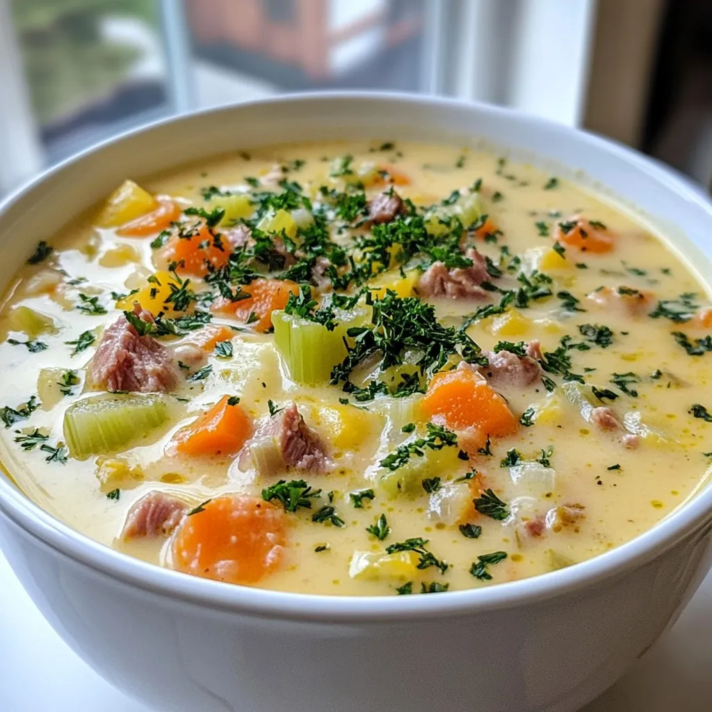 To make a rich and flavorful Creamy Reuben Soup, you need some key ingredients: - 1 tablespoon olive oil - 1 medium onion, diced - 2 cloves garlic, minced - 2 medium carrots, diced - 2 celery stalks, diced - 4 cups low-sodium beef broth - 1 cup sauerkraut, rinsed and drained - 1 cup cooked corned beef, chopped - 1 cup cream or half-and-half - 1 cup Swiss cheese, shredded - 1 tablespoon Dijon mustard - 1 teaspoon caraway seeds - Salt and pepper to taste - Fresh parsley, chopped (for garnish) These ingredients work together to create a warm and hearty soup. The corned beef gives it a meaty flavor, while the sauerkraut adds a nice tang. You can enhance the soup with these optional ingredients: - A splash of Worcestershire sauce for depth - A pinch of cayenne pepper for heat - Extra herbs like thyme or dill for freshness Each of these will lift the soup's flavor and make it even more special. Feel free to mix and match based on your taste. To make this soup, you will need a few simple tools: - A large pot for cooking - A sharp knife for chopping - A cutting board for prep - A stirring spoon for mixing - Measuring cups and spoons for accuracy Having the right tools makes cooking easier and more fun. You can whip up this comforting dish in no time! {{ingredient_image_1}} Start by heating 1 tablespoon of olive oil in a large pot over medium heat. Add the diced onion. Cook it until it looks clear, which takes about 5 minutes. Then, stir in 2 minced garlic cloves, 2 diced carrots, and 2 diced celery stalks. Cook these veggies for another 5 minutes. At this point, they should feel soft and smell amazing. Next, pour in 4 cups of low-sodium beef broth. Add 1 cup of rinsed and drained sauerkraut and 1 cup of chopped cooked corned beef to the pot. Bring the mix to a boil. Once it bubbles, lower the heat. Let it simmer for about 10 minutes. This allows all the flavors to mix together nicely. Now, it's time to make the soup creamy. Stir in 1 cup of cream or half-and-half, 1 cup of shredded Swiss cheese, 1 tablespoon of Dijon mustard, and 1 teaspoon of caraway seeds. Keep stirring until the cheese melts and the soup becomes smooth. Season with salt and pepper to your taste. If the soup feels too thick, add a bit more broth or water. Serve hot and top with fresh chopped parsley for a lovely finish. To get the best flavor in your Creamy Reuben Soup, focus on fresh ingredients. Start with a good olive oil. It adds richness to the base. Use a mix of onions, garlic, carrots, and celery for depth. The key is to cook these veggies until they are soft. This step builds a strong flavor foundation. Don't skip the caraway seeds! They add that unique Reuben taste. Make sure to use low-sodium beef broth. This prevents the soup from being too salty. Finally, always taste and adjust seasonings as you go. One common mistake is rushing the cooking time. If you don’t cook the onions long enough, they can taste sharp. Another mistake is not rinsing the sauerkraut. This can lead to an overpowering sour flavor. Also, avoid adding the cream too soon. If you add it while the soup is boiling, it can curdle. Lastly, don't forget to check the consistency. If it’s too thick, just add more broth or water. To make your soup extra creamy, use half-and-half instead of just cream. This gives a nice balance of richness without being too heavy. You can also blend part of the soup for a smoother texture. Just scoop out some, blend it, and stir it back in. Add shredded Swiss cheese gradually. This helps it melt evenly and adds to the creamy texture. For a finishing touch, sprinkle fresh parsley on top. It adds color and a fresh taste. Pro Tips Use Quality Ingredients: Opt for high-quality corned beef and cheese for a richer flavor in your soup. Adjust Thickness: If your soup is too thick, add more beef broth or water gradually until you reach your preferred consistency. Enhance Flavor: Consider adding a splash of Worcestershire sauce for an extra layer of umami flavor. Garnish Wisely: Chopped fresh parsley not only adds color but also a fresh taste that complements the creamy soup. {{image_2}} You can make a vegetarian version of this soup. Swap the corned beef for mushrooms or tempeh. Use vegetable broth instead of beef broth. This keeps the flavor while making it plant-based. Add extra sauerkraut for tang. You can also toss in some diced bell peppers for color and taste. For a low-carb option, skip the potatoes and use cauliflower instead. This gives a creamy texture without the carbs. You can also use shredded chicken or turkey if you want a protein boost. Remember to check the broth for added sugars. Use low-sodium beef broth for better control of carbs. If you like heat, add diced jalapeños or a splash of hot sauce. This will give the soup a spicy kick. You can mix in some smoked paprika for depth. Use spicy mustard instead of Dijon to enhance the flavor even more. Adjust the spice to match your taste. To store your Creamy Reuben Soup, let it cool first. Place it in an airtight container. This keeps the soup fresh for up to three days in the fridge. If you want to keep it longer, freezing is a great option. To freeze the soup, choose a freezer-safe container. Leave some space at the top for the soup to expand. It can last up to three months in the freezer. Just remember to label the container with the date. This way, you know when to use it. When you’re ready to enjoy your soup again, thaw it overnight in the fridge if frozen. Reheat it gently in a pot over low heat. Stir often to keep it from sticking. If it seems too thick, add a splash of broth or water. This helps restore its creamy texture. Enjoy your comforting bowl of Creamy Reuben Soup! Yes, you can make Creamy Reuben Soup ahead of time. Just follow the recipe and let it cool. Store it in an airtight container in the fridge. Reheat it on the stove or in the microwave when you're ready to serve. The flavors will blend even more, making it taste great! If you need a Swiss cheese substitute, try Gruyère or provolone. Both will give you a similar creamy texture and nice flavor. You can also use mozzarella for a milder taste. Just keep in mind that the soup will taste a bit different. To make Creamy Reuben Soup gluten-free, you need to check a few things. First, use gluten-free beef broth. Then, ensure the corned beef is gluten-free as well. Lastly, skip any bread toppings or use gluten-free bread if you want. This way, everyone can enjoy the soup! Creamy Reuben Soup pairs well with many sides. You can serve it with crusty bread or a simple salad. Potato chips or pickles also go great with it. For a fun twist, try some crispy fried onions on top for extra crunch! This blog post covered how to make creamy Reuben soup. We looked at key ingredients, tools, and cooking steps. I shared tips to boost flavor and avoid common problems. There are also fun variations for different diets. Storing and reheating instructions help keep leftovers tasty. Enjoy making this warming soup. With simple steps and choices, you can create a dish everyone will love. Happy cooking!