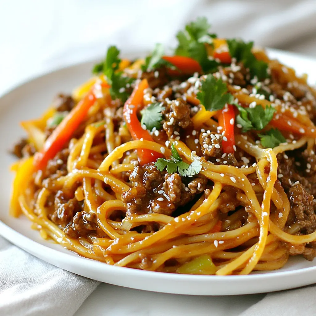- 200g spaghetti - 250g ground beef - 1 bell pepper, sliced thinly - 1 carrot, julienned - 3 green onions, chopped - 2 garlic cloves, minced - 1 inch ginger, grated Spaghetti is the heart of this dish. It absorbs the sauce well, making each bite tasty. Ground beef adds protein and flavor, while vegetables bring crunch and color. Bell pepper and carrot make the dish bright and fun. Garlic and ginger give a warm aroma. Green onions add a fresh kick at the end. - 3 tablespoons soy sauce - 1 tablespoon hoisin sauce - 1 tablespoon rice vinegar These sauces meld to create a rich flavor. Soy sauce adds saltiness, while hoisin gives a hint of sweetness. Rice vinegar adds a nice tang. Together, they coat the spaghetti and beef perfectly. - 1 teaspoon chili paste (optional) - Salt and pepper to taste - Sesame seeds for garnish - Fresh cilantro for garnish Chili paste can bring heat to your dish. Adjust it based on your taste. Salt and pepper help enhance all the flavors. For a pretty look, sprinkle sesame seeds and fresh cilantro on top. These garnishes also add extra taste. {{ingredient_image_1}} - Start by boiling a pot of salted water. - Add 200g spaghetti to the boiling water. - Cook it for 8-10 minutes until it is al dente. - Stir occasionally to prevent sticking. - Drain the spaghetti and set it aside. - Heat 2 tablespoons of sesame oil in a large skillet. - Set the heat to medium-high. - Add 250g ground beef to the skillet. - Cook the beef until it turns brown. - Use a spatula to break the beef into small pieces. - Season with a pinch of salt and pepper. - Stir in 2 minced garlic cloves and 1 inch of grated ginger. - Cook for about 1 minute until they smell great. - Add 1 sliced bell pepper and 1 julienned carrot to the skillet. - Sauté the vegetables for 3-4 minutes. - Cook until they are tender but still crisp. - In a small bowl, whisk together the sauce. - Mix 3 tablespoons soy sauce, 1 tablespoon hoisin sauce, and 1 tablespoon rice vinegar. - Add chili paste if you like it spicy. - Pour the sauce into the beef and veggie mixture. - Stir well to coat everything in sauce. - Add the drained spaghetti to the skillet. - Use tongs to toss all the ingredients together. - Stir in 3 chopped green onions for a fresh taste. - Remove the skillet from heat. - Plate the spaghetti and garnish with sesame seeds. - Add fresh cilantro on top for extra flavor. To make the best Asian Beef Spaghetti, focus on your sautéing. Start with a hot skillet. This helps the beef brown nicely. Brown beef adds flavor. Use sesame oil for a rich taste. You can also mix it with a bit of vegetable oil for a balanced flavor. When it comes to the sauce, balance is key. Use soy sauce for saltiness. Hoisin sauce adds sweet notes. Rice vinegar brings a tangy kick. If you want heat, add chili paste. Start with a little. You can always add more later. Cooking quickly helps keep things fresh. You can multi-task while cooking. Start boiling water for spaghetti first. Cook it while you sauté the beef and veggies. This way, everything is ready at the same time. To keep the spaghetti from sticking, add a splash of oil to the water. Stir it well while cooking. Once it's done, drain it right away. Rinse briefly with cold water if needed. This will help prevent sticking. A non-stick skillet works best for this recipe. It makes cooking and cleaning easier. Look for one with a sturdy base for even heat. A spatula that won't scratch the surface is also a must. For preparation, have a good knife and cutting board ready. A peeler can help with the carrot. Using a whisk for the sauce will save time, too. These tools make your cooking flow smooth and enjoyable. Pro Tips Use Fresh Ingredients: Fresh vegetables and herbs enhance the flavor of the dish significantly. Opt for seasonal produce for the best taste. Adjust Spice Level: For a milder dish, reduce the chili paste or omit it altogether. For more heat, add extra chili paste or fresh sliced chilies. Perfect Cooking Time: Be careful not to overcook the spaghetti; it should be al dente for the best texture and to hold up against the sauce. Garnish for Flavor: Fresh cilantro and sesame seeds not only add visual appeal but also enhance the overall flavor profile of the dish. {{image_2}} You can change the protein in Asian Beef Spaghetti. Try using chicken instead of beef. Just cook it the same way, and it will taste great. For a vegetarian option, use tofu. Press the tofu to remove water, then cube it. Cook it until golden brown. This gives it a nice texture and flavor. Feel free to swap in other veggies for this dish. Broccoli, snap peas, or zucchini work well. You can also use mushrooms for an earthy flavor. Think about using seasonal vegetables, too. In summer, add fresh corn or bell peppers. In winter, try carrots or bok choy for a warm touch. You can adjust the sauce to fit your taste. If you like it sweet, add more hoisin sauce. For spice, increase the chili paste. You can also make your own sauce. Mix soy sauce, garlic, and ginger with a hint of honey. This gives a fresh twist to the dish. To keep your Asian Beef Spaghetti fresh, use airtight containers. Glass or plastic containers work well. Store the spaghetti in the fridge within two hours of cooking. Make sure it cools down first. You can keep it in the fridge for up to three days. If you want to freeze your spaghetti, let it cool completely first. Divide it into portions for easier thawing. Place the spaghetti in freezer-safe bags or containers. Remove as much air as you can to prevent freezer burn. It can last in the freezer for up to three months. When you’re ready to eat, thaw it overnight in the fridge. Reheat the spaghetti in a skillet over medium heat. You can also use the microwave. Add a splash of water to keep it moist. Refrigerated Asian Beef Spaghetti stays good for about three days. If you freeze it, it is safe to eat for about three months. Always check for signs of spoilage before eating. You can enjoy this dish with several tasty sides. Here are some ideas: - Steamed broccoli: It adds crunch and color. - Sesame green beans: They give a nice pop of flavor. - Cucumber salad: This adds a refreshing touch. For drinks, pair it with: - Iced green tea: It complements the meal well. - Light beer: It balances the flavors nicely. - Sparkling water: It cleanses your palate. Yes, you can easily make it gluten-free. Here are some options: - Use gluten-free spaghetti: Many brands offer great alternatives. - Choose tamari instead of soy sauce: It's a gluten-free soy sauce. For the sauce, consider these substitutions: - Coconut aminos: This is a tasty soy sauce swap. - Check hoisin sauce: Some brands are gluten-free. Always read labels. To turn up the heat, try these tips: - Add more chili paste: Start with a little and taste. - Use fresh chilies: Sliced jalapeños or Thai chilies work great. Other heat sources include: - Red pepper flakes: Sprinkle them in for extra spice. - Sriracha sauce: Drizzle it on top for a zesty kick. This blog post covered Asian Beef Spaghetti, from key ingredients to storage tips. You learned how to cook spaghetti, prepare beef, and mix flavors. Feel free to customize the recipe with proteins or veggies you like. Remember, every step is vital for taste. Enjoy this dish fresh or save leftovers for later. Cooking should be fun, so experiment and share your creations! With these tips, you can impress anyone.