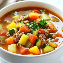 For this soup, you need one pound of ground turkey. This lean meat is full of protein and gives the soup a hearty base. Ground turkey cooks quickly, making it a great choice for busy days. The soup is packed with fresh veggies. Here’s what you will need: - 1 medium onion, diced - 2 cloves garlic, minced - 2 carrots, sliced - 2 celery stalks, diced - 1 bell pepper, chopped (any color) - 1 zucchini, diced - 1 can (14 oz) diced tomatoes (with juice) These vegetables add texture and nutrients to your soup. The onion and garlic bring a rich flavor, while the carrots and celery add crunch. The bell pepper and zucchini provide freshness and color. Seasonings bring out the best flavors in the soup. You will need: - 4 cups low-sodium chicken or vegetable broth - 1 tsp dried oregano - 1 tsp dried thyme - 1 bay leaf - Salt and pepper to taste - Fresh parsley, chopped for garnish The broth keeps the soup tasty and warm. Oregano and thyme add earthy notes, while the bay leaf gives depth. Adjust salt and pepper to your liking. At the end, sprinkle fresh parsley for a burst of color and flavor. {{ingredient_image_1}} First, grab a large pot and heat 1 tablespoon of olive oil over medium heat. Add in 1 medium diced onion and 2 minced garlic cloves. Stir and cook until the onion looks clear, which takes about 3 to 4 minutes. Next, add 1 pound of ground turkey to the pot. Use a wooden spoon to break it apart as it cooks. Keep stirring until the turkey turns brown and is no longer pink, which will take about 6 to 8 minutes. This base gives your soup a rich flavor. Now it’s time to add some tasty veggies. Toss in 2 sliced carrots, 2 diced celery stalks, and 1 chopped bell pepper of your choice. Cook these for about 5 minutes until they start to soften. Then, add 1 diced zucchini and 1 can of diced tomatoes, juice included. Make sure to stir everything together well. These vegetables not only boost flavor but also add color and nutrition to your soup. Pour in 4 cups of low-sodium chicken or vegetable broth. Also, add 1 teaspoon each of dried oregano and dried thyme, plus 1 bay leaf. Season with salt and pepper to your liking. Bring the soup to a boil, then lower the heat to let it simmer. Cover the pot and let it cook for 20 to 25 minutes. This helps all the flavors mix together nicely. Before serving, taste and adjust the seasoning if needed. Don't forget to remove the bay leaf! Finally, ladle the soup into bowls and sprinkle some chopped fresh parsley on top for a lovely finish. Enjoy your hearty meal! To boost the flavor of your Ground Turkey Veggie Soup, use fresh herbs. Fresh parsley adds brightness. You can also try adding basil or cilantro for more depth. For heat, add a pinch of red pepper flakes while cooking the onions. This will give your soup a nice kick. If you want softer veggies, simmer the soup longer. I suggest an extra 10 minutes. This makes the carrots and zucchini tender and full of flavor. If you're in a hurry, cut the veggies smaller. This will help them cook faster. Serve the soup hot with crusty bread. A sprinkle of cheese on top adds richness. You can also pair it with a side salad for a complete meal. For fun, let guests add their own toppings like croutons or extra herbs. This makes each bowl unique. Pro Tips Use Fresh Herbs: Fresh parsley or basil can elevate the flavors of your soup significantly. Add them just before serving for the best taste. Customize Your Veggies: Feel free to swap in your favorite vegetables or whatever you have on hand, like spinach or green beans, to make this soup your own. Make it a Meal: Serve the soup with crusty bread or over cooked rice or quinoa for a filling and satisfying meal. Storage Tips: This soup keeps well in the fridge for up to 4 days and can be frozen for up to 3 months. Just be sure to cool it completely before freezing. {{image_2}} You can easily change the protein in this soup. Ground turkey is lean, but you might like other options. Ground chicken or lean beef works well. You can even use tofu for a plant-based choice. Each option brings a unique taste. Choose what you enjoy most. Don’t hesitate to swap out veggies! You can add or replace any vegetable. Try sweet potatoes instead of carrots for a sweet twist. Spinach or kale can replace zucchini for extra greens. Cauliflower adds a nice crunch too. The soup will still taste great with your choices. Use what you have on hand! You can change the spices based on your taste. If you love heat, add crushed red pepper. For a smoky flavor, use smoked paprika. Fresh herbs like basil or cilantro can add brightness. Adjust the spices to fit your mood. Don’t be afraid to experiment with flavors! You can store your ground turkey veggie soup in the fridge. Use an airtight container. The soup stays fresh for about 3 to 4 days. Make sure it cools to room temperature first before sealing it. This keeps flavors intact. If you want to keep the soup longer, freeze it! Pour the soup into freezer-safe bags or containers. Leave some space at the top for expansion. It can last for about 2 to 3 months in the freezer. When you are ready to eat, thaw it in the fridge overnight. To reheat, you can use the stove or microwave. If using the stove, put the soup in a pot over medium heat. Stir often until it’s hot. For the microwave, use a microwave-safe bowl and cover it. Heat in short bursts, stirring in between, until it's steaming hot. Always check the temperature before serving. You can store ground turkey veggie soup in the fridge for about 3 to 4 days. Be sure to keep it in an airtight container. If you want to save it longer, freeze the soup. It stays good in the freezer for up to 3 months. Yes, you can make this soup in a slow cooker. Start by browning the ground turkey on the stove. Then, add it to the slow cooker with the rest of the ingredients. Cook on low for 6 to 8 hours or on high for 3 to 4 hours. This will let all the flavors mix well. If you want to cut carbs, you can swap out some veggies. Use cauliflower instead of carrots. You can also try leafy greens like spinach or kale. These options keep the soup tasty while lowering the carb count. This blog post covered how to make a delicious ground turkey veggie soup. We went over the main ingredients, steps for cooking, and tips to enhance the flavor. You can adjust protein and veggies to your liking, plus find out how to store it. Remember to keep it fresh in the fridge or freezer. Overall, this soup is a healthy choice that is easy to make. I hope you feel inspired to try it out!