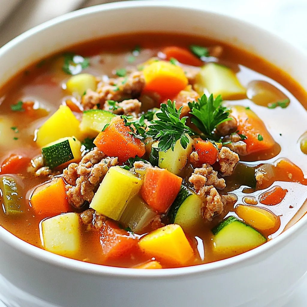 For this soup, you need one pound of ground turkey. This lean meat is full of protein and gives the soup a hearty base. Ground turkey cooks quickly, making it a great choice for busy days. The soup is packed with fresh veggies. Here’s what you will need: - 1 medium onion, diced - 2 cloves garlic, minced - 2 carrots, sliced - 2 celery stalks, diced - 1 bell pepper, chopped (any color) - 1 zucchini, diced - 1 can (14 oz) diced tomatoes (with juice) These vegetables add texture and nutrients to your soup. The onion and garlic bring a rich flavor, while the carrots and celery add crunch. The bell pepper and zucchini provide freshness and color. Seasonings bring out the best flavors in the soup. You will need: - 4 cups low-sodium chicken or vegetable broth - 1 tsp dried oregano - 1 tsp dried thyme - 1 bay leaf - Salt and pepper to taste - Fresh parsley, chopped for garnish The broth keeps the soup tasty and warm. Oregano and thyme add earthy notes, while the bay leaf gives depth. Adjust salt and pepper to your liking. At the end, sprinkle fresh parsley for a burst of color and flavor. {{ingredient_image_1}} First, grab a large pot and heat 1 tablespoon of olive oil over medium heat. Add in 1 medium diced onion and 2 minced garlic cloves. Stir and cook until the onion looks clear, which takes about 3 to 4 minutes. Next, add 1 pound of ground turkey to the pot. Use a wooden spoon to break it apart as it cooks. Keep stirring until the turkey turns brown and is no longer pink, which will take about 6 to 8 minutes. This base gives your soup a rich flavor. Now it’s time to add some tasty veggies. Toss in 2 sliced carrots, 2 diced celery stalks, and 1 chopped bell pepper of your choice. Cook these for about 5 minutes until they start to soften. Then, add 1 diced zucchini and 1 can of diced tomatoes, juice included. Make sure to stir everything together well. These vegetables not only boost flavor but also add color and nutrition to your soup. Pour in 4 cups of low-sodium chicken or vegetable broth. Also, add 1 teaspoon each of dried oregano and dried thyme, plus 1 bay leaf. Season with salt and pepper to your liking. Bring the soup to a boil, then lower the heat to let it simmer. Cover the pot and let it cook for 20 to 25 minutes. This helps all the flavors mix together nicely. Before serving, taste and adjust the seasoning if needed. Don't forget to remove the bay leaf! Finally, ladle the soup into bowls and sprinkle some chopped fresh parsley on top for a lovely finish. Enjoy your hearty meal! To boost the flavor of your Ground Turkey Veggie Soup, use fresh herbs. Fresh parsley adds brightness. You can also try adding basil or cilantro for more depth. For heat, add a pinch of red pepper flakes while cooking the onions. This will give your soup a nice kick. If you want softer veggies, simmer the soup longer. I suggest an extra 10 minutes. This makes the carrots and zucchini tender and full of flavor. If you're in a hurry, cut the veggies smaller. This will help them cook faster. Serve the soup hot with crusty bread. A sprinkle of cheese on top adds richness. You can also pair it with a side salad for a complete meal. For fun, let guests add their own toppings like croutons or extra herbs. This makes each bowl unique. Pro Tips Use Fresh Herbs: Fresh parsley or basil can elevate the flavors of your soup significantly. Add them just before serving for the best taste. Customize Your Veggies: Feel free to swap in your favorite vegetables or whatever you have on hand, like spinach or green beans, to make this soup your own. Make it a Meal: Serve the soup with crusty bread or over cooked rice or quinoa for a filling and satisfying meal. Storage Tips: This soup keeps well in the fridge for up to 4 days and can be frozen for up to 3 months. Just be sure to cool it completely before freezing. {{image_2}} You can easily change the protein in this soup. Ground turkey is lean, but you might like other options. Ground chicken or lean beef works well. You can even use tofu for a plant-based choice. Each option brings a unique taste. Choose what you enjoy most. Don’t hesitate to swap out veggies! You can add or replace any vegetable. Try sweet potatoes instead of carrots for a sweet twist. Spinach or kale can replace zucchini for extra greens. Cauliflower adds a nice crunch too. The soup will still taste great with your choices. Use what you have on hand! You can change the spices based on your taste. If you love heat, add crushed red pepper. For a smoky flavor, use smoked paprika. Fresh herbs like basil or cilantro can add brightness. Adjust the spices to fit your mood. Don’t be afraid to experiment with flavors! You can store your ground turkey veggie soup in the fridge. Use an airtight container. The soup stays fresh for about 3 to 4 days. Make sure it cools to room temperature first before sealing it. This keeps flavors intact. If you want to keep the soup longer, freeze it! Pour the soup into freezer-safe bags or containers. Leave some space at the top for expansion. It can last for about 2 to 3 months in the freezer. When you are ready to eat, thaw it in the fridge overnight. To reheat, you can use the stove or microwave. If using the stove, put the soup in a pot over medium heat. Stir often until it’s hot. For the microwave, use a microwave-safe bowl and cover it. Heat in short bursts, stirring in between, until it's steaming hot. Always check the temperature before serving. You can store ground turkey veggie soup in the fridge for about 3 to 4 days. Be sure to keep it in an airtight container. If you want to save it longer, freeze the soup. It stays good in the freezer for up to 3 months. Yes, you can make this soup in a slow cooker. Start by browning the ground turkey on the stove. Then, add it to the slow cooker with the rest of the ingredients. Cook on low for 6 to 8 hours or on high for 3 to 4 hours. This will let all the flavors mix well. If you want to cut carbs, you can swap out some veggies. Use cauliflower instead of carrots. You can also try leafy greens like spinach or kale. These options keep the soup tasty while lowering the carb count. This blog post covered how to make a delicious ground turkey veggie soup. We went over the main ingredients, steps for cooking, and tips to enhance the flavor. You can adjust protein and veggies to your liking, plus find out how to store it. Remember to keep it fresh in the fridge or freezer. Overall, this soup is a healthy choice that is easy to make. I hope you feel inspired to try it out!