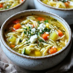 - 1 cup orzo pasta - 1 tablespoon olive oil - 1 medium onion, chopped - 2 garlic cloves, minced - 1 carrot, diced - 1 celery stalk, diced - 1 red bell pepper, diced - 1 zucchini, diced - 4 cups vegetable broth - 1 can (15 oz) chickpeas, rinsed and drained - 1 teaspoon dried oregano - 1 teaspoon dried thyme - Juice of 1 lemon - Salt and pepper to taste - Fresh parsley, chopped (for garnish) The main ingredients in Mediterranean Orzo Soup create a warm and hearty dish. The orzo pasta adds a nice texture. Olive oil gives the soup a rich flavor. Fresh veggies like onion and garlic are key for a tasty base. The chickpeas boost protein and add creaminess. - Crumbled feta cheese (for serving) Feta cheese is a great optional garnish. It adds saltiness and creaminess. You can skip it if you want a lighter soup. If you can’t find orzo, try small pasta shapes like ditalini. For a gluten-free option, use rice or quinoa. You can swap vegetable broth for chicken broth if you prefer. Fresh herbs like basil or dill can replace oregano and thyme. Use any veggies you have on hand, like spinach or peas, for extra nutrition. This soup is flexible and easy to adjust. Just keep the core ingredients to maintain its Mediterranean charm. {{ingredient_image_1}} 1. Gather all your ingredients. This makes cooking easier. 2. Chop the onion and garlic. Dice the carrot, celery, red bell pepper, and zucchini. 3. Rinse and drain the chickpeas. Set aside. 1. In a large pot, heat the olive oil on medium heat. 2. Add the chopped onion. Sauté until it’s soft, about 3-4 minutes. 3. Stir in the minced garlic, diced carrot, and celery. Cook for another 3-4 minutes. 4. Add the diced red bell pepper and zucchini. Cook for 3-4 more minutes. 5. Pour in the vegetable broth and bring it to a boil. 6. Once boiling, add the orzo pasta and chickpeas. 7. Stir in the dried oregano and thyme, plus salt and pepper. 8. Reduce heat and let it simmer for 10-12 minutes. Cook until the orzo is al dente. 1. Remove the pot from heat. Stir in the lemon juice. 2. Taste your soup and adjust the seasoning if needed. 3. Serve hot. Garnish with chopped fresh parsley. Add crumbled feta cheese if you like. To boost the taste of your Mediterranean Orzo Soup, use fresh herbs. Fresh parsley brightens the dish. You can also add a sprinkle of fresh basil for a sweet touch. A squeeze of lemon juice adds zing. If you love heat, a pinch of red pepper flakes does wonders. Lastly, drizzle some quality olive oil on top before serving for a rich finish. Cook the orzo just until it is al dente. This means it should still have a slight bite. If you cook it too long, it can turn mushy. Stir the orzo occasionally while it cooks. This helps it to not stick together. To add extra flavor, cook the orzo in the vegetable broth instead of water. This will make every bite taste better. Serve your soup in rustic bowls for a cozy feel. Top each bowl with fresh parsley and crumbled feta cheese for a nice touch. A drizzle of olive oil adds depth and richness. Pair the soup with crusty bread for dipping. This adds a fun element to your meal. For a light side, a simple green salad works great too. Pro Tips Enhance Flavor: Sauté the vegetables until they are caramelized for a deeper flavor profile. Cook Orzo Separately: For a firmer texture, consider cooking orzo separately and adding it to the soup just before serving. Fresh Herbs: Add fresh herbs like basil or dill at the end for a burst of freshness. Storage Tips: Store the soup without the orzo if you plan to have leftovers; this prevents the pasta from becoming mushy. {{image_2}} You can boost the protein in Mediterranean Orzo Soup with simple additions. Try adding cooked chicken or shrimp for a hearty meal. You can use rotisserie chicken for quick prep. Just shred it and stir it in. If you like seafood, add small shrimp to the soup. They cook fast and add great flavor. For a more plant-based option, add tofu or tempeh. Simply cube them and toss them in the pot. If you want a vegetarian twist, chickpeas are a great choice. They pack protein and fiber. You can also swap out the chickpeas for lentils. Lentils give a nice texture and taste. Another great option is white beans. They add creaminess and heartiness to the soup. You can even mix different beans for a fun twist. Each option keeps it healthy and delicious. Seasonal veggies can change the flavor and look of your soup. In summer, use fresh tomatoes and corn for a bright taste. Fall brings squash, like butternut or acorn, which adds sweetness. Winter is perfect for kale or spinach, adding vitamins and color. In spring, add peas and asparagus for freshness. Feel free to mix and match veggies to make it your own. This keeps the dish exciting and full of nutrients. After you enjoy your Mediterranean Orzo Soup, store any leftovers in an airtight container. Allow the soup to cool down first. Place it in the fridge for up to three days. Keeping it sealed helps maintain its fresh taste. Remember, flavor improves as it sits, so leftovers can taste even better! To freeze the soup, let it cool completely. Pour the soup into freezer-safe containers. Leave some space at the top, as the soup will expand when frozen. You can freeze it for up to three months. Label each container with the date for easy tracking. When you are ready to eat the frozen soup, move it to the fridge a day before. This helps it thaw slowly. To reheat, pour the soup into a pot. Warm it on medium heat until hot, stirring often. If the soup is too thick, add a splash of vegetable broth or water. Enjoy it warm and fresh! Orzo pasta looks like rice but is actually a type of pasta. It is small, oval-shaped, and made from wheat. You can use orzo in salads, soups, and casseroles. It cooks quickly and adds a nice texture to dishes. Yes, you can make Mediterranean Orzo Soup ahead of time. Just cook the soup and cool it down. Store it in an airtight container in the fridge. When ready to eat, reheat on the stove. The flavors will deepen overnight. To make this soup gluten-free, simply swap the orzo pasta for gluten-free pasta. There are many options available, like rice pasta or quinoa pasta. Check the packaging to ensure it is gluten-free. You can serve Mediterranean Orzo Soup with crusty bread or a fresh salad. A simple green salad with vinaigrette works well. You can also add cheese, like feta, on top of the soup for extra flavor. This blog post covers the key parts of making Mediterranean Orzo Soup. We discussed ingredients and how to swap them. I shared clear steps for preparing and cooking the soup. Tips for flavor and cooking helped ensure success. Variations let you customize this dish to your taste. Finally, I provided storage and reheating tips for your leftovers. Enjoy making this soup, and feel free to get creative with your own spin!