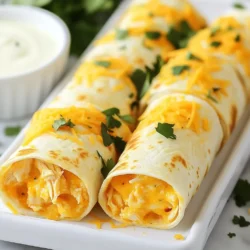 To make Buffalo Chicken Dip Roll-Ups, you need a few key ingredients: - 2 cups cooked shredded chicken - 1 cup cream cheese, softened - 1/2 cup buffalo sauce (adjust for desired spice level) - 1 cup shredded cheddar cheese - 1/2 cup ranch dressing - 1/4 cup green onions, finely chopped - 4 large flour tortillas - Salt and pepper to taste - Fresh cilantro for garnish These ingredients create a creamy, spicy mix that fills the tortillas perfectly. You can add some fun ingredients to spice things up: - Diced jalapeños for heat - Crumbled blue cheese for a tangy kick - Diced celery for crunch - Cooked bacon bits for smokiness These add-ins can give your roll-ups a unique twist and enhance the flavor. To make your roll-ups even better, pair them with dipping sauces: - Extra ranch dressing for creaminess - Blue cheese dressing for a classic touch - Additional buffalo sauce for spice These sauces can elevate your dish and please your guests at any party. {{ingredient_image_1}} First, gather your ingredients. You will need cooked shredded chicken, cream cheese, buffalo sauce, cheddar cheese, ranch dressing, and green onions. In a large mixing bowl, add the shredded chicken. Then, include the softened cream cheese and buffalo sauce. Mix these well until they are smooth and combined. Next, add the shredded cheddar cheese, ranch dressing, and green onions to the bowl. Stir until everything is mixed evenly. Taste the mixture and add salt and pepper if needed. If you want more heat, add extra buffalo sauce. This creamy blend will be the star of your roll-ups. Now, take a large flour tortilla and lay it flat on a clean surface. Spoon about one-fourth of the chicken mixture into the center of the tortilla. Spread it out evenly, but leave space at the edges. This helps with rolling. Start rolling the tortilla from the bottom. Tuck in the sides as you go. Keep rolling tightly until you reach the top. Repeat this for the other tortillas. Once all are rolled, you can choose to slice them into pinwheels or keep them whole. If you slice them, cut each roll into 1-inch pieces for easy serving. Arrange your roll-ups on a large serving platter. For a pop of color, add fresh cilantro on top. You can also serve extra ranch dressing on the side for dipping. This dish is perfect for parties or gatherings. The creamy, spicy flavors will surely impress your guests. Enjoy the deliciousness! To save time, you can prepare these roll-ups in advance. Mix the chicken and cheese filling a day before your party. Store it in the fridge. This way, you can roll them up just before serving. Wrapped roll-ups can also chill for a few hours. This helps flavors blend well. Just remember to slice them before serving! Rolling can be tricky, but I have some tips. First, use large tortillas; they hold more filling. Spread the filling evenly, leaving space at the edges. Start rolling from the bottom up. Tuck the sides in as you go. This keeps the filling from spilling out. Make sure to roll tightly for a neat wrap. Buffalo sauce can vary in heat. If you have guests with mild tastes, start with less sauce. You can always add more before serving. For a spicy kick, mix in extra buffalo sauce. Another option is to serve a side of ranch dressing. This helps cool down the heat for those who need it. Enjoy experimenting with flavors! Pro Tips Use Rotisserie Chicken: For a quicker option, use store-bought rotisserie chicken to save time on shredding and cooking. Adjust the Spice: Feel free to adjust the amount of buffalo sauce based on your spice preference; start with less and add more to taste. Chill Before Serving: Allow the roll-ups to chill in the fridge for 30 minutes before slicing; this helps them hold their shape better. Experiment with Fillings: Don't hesitate to add additional ingredients like diced celery or jalapeños for extra crunch and flavor. {{image_2}} You can easily make a vegetarian version of Buffalo chicken dip roll-ups. Start with a base of cooked, shredded jackfruit or shredded tofu. This gives a similar texture to chicken. Mix it with cream cheese, buffalo sauce, shredded cheddar, ranch dressing, and green onions. You can also add chopped bell peppers for crunch. Roll it up just like the chicken version. Your guests will love the spicy kick! If you need gluten-free options, switch to gluten-free tortillas. They work just as well as regular ones. For the filling, use the same great ingredients. Just make sure your buffalo sauce and ranch dressing are gluten-free, too. This way, everyone can enjoy these tasty roll-ups without worry! Get creative with your fillings! You can use pulled pork or shredded beef for a twist. If you want a kick of flavor, try adding crumbled blue cheese or pepper jack cheese instead of cheddar. You can also mix in spinach or kale for a healthy touch. The options are endless, and you can make these roll-ups your own! To keep your Buffalo chicken dip roll-ups fresh, place them in an airtight container. You can store them in the fridge for up to three days. Make sure to separate layers with wax paper. This keeps them from sticking together. When you are ready to enjoy the leftovers, preheat your oven to 350°F (175°C). Place the roll-ups on a baking sheet. Heat them for about 10-15 minutes or until warm. If you prefer, you can use a microwave. Heat them for 30 seconds at a time, checking often. You can freeze roll-ups to save for later. Wrap each roll-up tightly in plastic wrap. Then, place them in a freezer-safe bag or container. They can last up to two months in the freezer. When you want to eat them, thaw in the fridge overnight before reheating. Enjoy your tasty snack anytime! Yes, you can use pre-cooked chicken. It saves time and works well. Just shred the chicken before mixing it with other ingredients. This makes the dish quick and easy for parties. You can use Greek yogurt or sour cream as a substitute for cream cheese. Both options give a creamy texture. They also add a slight tang that can enhance the flavor. Just keep in mind that it may alter the taste a bit. To add more heat, increase the amount of buffalo sauce. You can also mix in diced jalapeños or crushed red pepper flakes. Another option is to use a spicy ranch dressing instead of regular ranch. Adjust the spice to fit your taste! Buffalo chicken dip roll-ups are fun and tasty. We explored ingredients, tips, and variations. You can easily prepare these for parties or snacks. Don’t forget the optional add-ins and sauces to boost flavor. Making them ahead saves time and stress. Adjust spices to suit your crowd. Whether you go classic or try new twists, these roll-ups are sure to impress. Enjoy sharing them with family and friends. Get ready for a creamy treat that everyone will love.