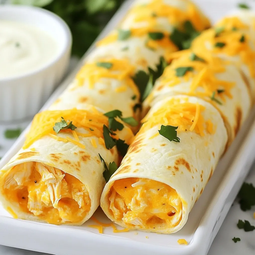 To make Buffalo Chicken Dip Roll-Ups, you need a few key ingredients: - 2 cups cooked shredded chicken - 1 cup cream cheese, softened - 1/2 cup buffalo sauce (adjust for desired spice level) - 1 cup shredded cheddar cheese - 1/2 cup ranch dressing - 1/4 cup green onions, finely chopped - 4 large flour tortillas - Salt and pepper to taste - Fresh cilantro for garnish These ingredients create a creamy, spicy mix that fills the tortillas perfectly. You can add some fun ingredients to spice things up: - Diced jalapeños for heat - Crumbled blue cheese for a tangy kick - Diced celery for crunch - Cooked bacon bits for smokiness These add-ins can give your roll-ups a unique twist and enhance the flavor. To make your roll-ups even better, pair them with dipping sauces: - Extra ranch dressing for creaminess - Blue cheese dressing for a classic touch - Additional buffalo sauce for spice These sauces can elevate your dish and please your guests at any party. {{ingredient_image_1}} First, gather your ingredients. You will need cooked shredded chicken, cream cheese, buffalo sauce, cheddar cheese, ranch dressing, and green onions. In a large mixing bowl, add the shredded chicken. Then, include the softened cream cheese and buffalo sauce. Mix these well until they are smooth and combined. Next, add the shredded cheddar cheese, ranch dressing, and green onions to the bowl. Stir until everything is mixed evenly. Taste the mixture and add salt and pepper if needed. If you want more heat, add extra buffalo sauce. This creamy blend will be the star of your roll-ups. Now, take a large flour tortilla and lay it flat on a clean surface. Spoon about one-fourth of the chicken mixture into the center of the tortilla. Spread it out evenly, but leave space at the edges. This helps with rolling. Start rolling the tortilla from the bottom. Tuck in the sides as you go. Keep rolling tightly until you reach the top. Repeat this for the other tortillas. Once all are rolled, you can choose to slice them into pinwheels or keep them whole. If you slice them, cut each roll into 1-inch pieces for easy serving. Arrange your roll-ups on a large serving platter. For a pop of color, add fresh cilantro on top. You can also serve extra ranch dressing on the side for dipping. This dish is perfect for parties or gatherings. The creamy, spicy flavors will surely impress your guests. Enjoy the deliciousness! To save time, you can prepare these roll-ups in advance. Mix the chicken and cheese filling a day before your party. Store it in the fridge. This way, you can roll them up just before serving. Wrapped roll-ups can also chill for a few hours. This helps flavors blend well. Just remember to slice them before serving! Rolling can be tricky, but I have some tips. First, use large tortillas; they hold more filling. Spread the filling evenly, leaving space at the edges. Start rolling from the bottom up. Tuck the sides in as you go. This keeps the filling from spilling out. Make sure to roll tightly for a neat wrap. Buffalo sauce can vary in heat. If you have guests with mild tastes, start with less sauce. You can always add more before serving. For a spicy kick, mix in extra buffalo sauce. Another option is to serve a side of ranch dressing. This helps cool down the heat for those who need it. Enjoy experimenting with flavors! Pro Tips Use Rotisserie Chicken: For a quicker option, use store-bought rotisserie chicken to save time on shredding and cooking. Adjust the Spice: Feel free to adjust the amount of buffalo sauce based on your spice preference; start with less and add more to taste. Chill Before Serving: Allow the roll-ups to chill in the fridge for 30 minutes before slicing; this helps them hold their shape better. Experiment with Fillings: Don't hesitate to add additional ingredients like diced celery or jalapeños for extra crunch and flavor. {{image_2}} You can easily make a vegetarian version of Buffalo chicken dip roll-ups. Start with a base of cooked, shredded jackfruit or shredded tofu. This gives a similar texture to chicken. Mix it with cream cheese, buffalo sauce, shredded cheddar, ranch dressing, and green onions. You can also add chopped bell peppers for crunch. Roll it up just like the chicken version. Your guests will love the spicy kick! If you need gluten-free options, switch to gluten-free tortillas. They work just as well as regular ones. For the filling, use the same great ingredients. Just make sure your buffalo sauce and ranch dressing are gluten-free, too. This way, everyone can enjoy these tasty roll-ups without worry! Get creative with your fillings! You can use pulled pork or shredded beef for a twist. If you want a kick of flavor, try adding crumbled blue cheese or pepper jack cheese instead of cheddar. You can also mix in spinach or kale for a healthy touch. The options are endless, and you can make these roll-ups your own! To keep your Buffalo chicken dip roll-ups fresh, place them in an airtight container. You can store them in the fridge for up to three days. Make sure to separate layers with wax paper. This keeps them from sticking together. When you are ready to enjoy the leftovers, preheat your oven to 350°F (175°C). Place the roll-ups on a baking sheet. Heat them for about 10-15 minutes or until warm. If you prefer, you can use a microwave. Heat them for 30 seconds at a time, checking often. You can freeze roll-ups to save for later. Wrap each roll-up tightly in plastic wrap. Then, place them in a freezer-safe bag or container. They can last up to two months in the freezer. When you want to eat them, thaw in the fridge overnight before reheating. Enjoy your tasty snack anytime! Yes, you can use pre-cooked chicken. It saves time and works well. Just shred the chicken before mixing it with other ingredients. This makes the dish quick and easy for parties. You can use Greek yogurt or sour cream as a substitute for cream cheese. Both options give a creamy texture. They also add a slight tang that can enhance the flavor. Just keep in mind that it may alter the taste a bit. To add more heat, increase the amount of buffalo sauce. You can also mix in diced jalapeños or crushed red pepper flakes. Another option is to use a spicy ranch dressing instead of regular ranch. Adjust the spice to fit your taste! Buffalo chicken dip roll-ups are fun and tasty. We explored ingredients, tips, and variations. You can easily prepare these for parties or snacks. Don’t forget the optional add-ins and sauces to boost flavor. Making them ahead saves time and stress. Adjust spices to suit your crowd. Whether you go classic or try new twists, these roll-ups are sure to impress. Enjoy sharing them with family and friends. Get ready for a creamy treat that everyone will love.