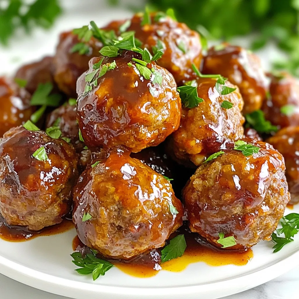 - 1 lb ground beef or turkey - 1/2 cup breadcrumbs - 1/4 cup grated Parmesan cheese - 1/4 cup chopped fresh parsley - 1 egg, beaten - 2 cloves garlic, minced - 1 tsp onion powder - 1/2 tsp salt - 1/2 tsp black pepper For the meatball base, you want to start with high-quality ground meat. I prefer ground turkey for a leaner option, but beef adds rich flavor. The breadcrumbs help bind everything together while keeping the meatballs tender. Parmesan cheese gives a nice salty kick. Fresh parsley brightens the dish, while garlic and onion powder add depth. The beaten egg helps hold the meatballs together. Season with salt and pepper for taste. - 1 cup cranberry sauce (preferably homemade or low-sugar) - 1/4 cup barbecue sauce - 1 tbsp soy sauce - 1 tsp ginger powder The glaze is where the magic happens. I recommend homemade cranberry sauce for the best flavor. Mix it with barbecue sauce for sweetness and depth. Soy sauce adds umami, while ginger powder gives a warm spice. This blend creates a sweet and savory glaze that perfectly coats the meatballs. - Extra chopped parsley - A drizzle of cranberry glaze To make your dish look festive, add extra chopped parsley on top of the meatballs. A drizzle of extra glaze adds a beautiful shine. These simple garnishes enhance the visual appeal and make your holiday table inviting. {{ingredient_image_1}} To start, gather all your ingredients. You will need ground beef or turkey, breadcrumbs, Parmesan cheese, fresh parsley, an egg, garlic, onion powder, salt, and black pepper. In a large mixing bowl, mix these items together. Use your hands to combine them well. Shape this mixture into small meatballs, about 1 to 1.5 inches wide. Place them on a baking sheet lined with parchment paper. Next, preheat your oven to 350°F (175°C). Once ready, bake the meatballs for 20 to 25 minutes. They should turn brown and be cooked through. Keep an eye on them to ensure they don’t overcook. The smell of baking meatballs will fill your kitchen! While the meatballs bake, it's time to make the glaze. In a medium saucepan, combine cranberry sauce, barbecue sauce, soy sauce, and ginger powder. Set the heat to medium and stir until the mixture is smooth and warm. This glaze adds a sweet and tangy flavor to your meatballs. Once the meatballs are done baking, take them out of the oven. Gently transfer the meatballs into the saucepan with the glaze. Toss them carefully to coat each meatball evenly. Let them simmer in the glaze for about 5 more minutes. This step helps the meatballs soak up all the delicious flavors. Serve them warm as an appetizer or over rice for a tasty main dish. To keep your meatballs juicy, use a mix of beef or turkey. The beef gives flavor, while turkey keeps them light. Add breadcrumbs and cheese for texture. The egg acts as a binder, so don’t skip it. Mix gently; overmixing can make them tough. The glaze is key for flavor. Use homemade cranberry sauce if you can; it's fresher. Mix it with barbecue sauce and soy sauce for a sweet and tangy taste. Heat it gently on the stove. If it’s too thick, add a little water. If it’s too thin, cook it longer to thicken. For a beautiful presentation, use a festive serving dish. After coating the meatballs in glaze, place them neatly. Drizzle some extra glaze on top for shine. Sprinkle chopped parsley for color. This small touch makes a big difference on your table! Pro Tips Use Fresh Ingredients: Fresh herbs and spices will enhance the flavor of your meatballs significantly. Opt for freshly chopped parsley and freshly minced garlic for the best results. Experiment with Glaze: Feel free to customize the glaze by adding a splash of orange juice or a hint of cinnamon for a unique twist on the cranberry flavor. Keep Meatballs Moist: If you find the mixture too dry, add a splash of milk or a bit more egg to keep the meatballs moist and tender while baking. Make Ahead: Prepare the meatballs in advance and store them in the refrigerator or freezer. Simply bake and glaze them when you're ready to serve! {{image_2}} You can switch up the meat in your meatballs. Ground turkey is a great option. It makes the dish leaner. You can also use chicken or even pork. Each protein brings a unique flavor. Adjust the cooking time slightly if needed. The glaze adds fun and flavor. Instead of cranberry sauce, try using peach or apricot. These fruits create a sweet twist. You can mix in some chili sauce for a spicy kick. A teriyaki glaze also works well. Experiment with different flavors to find your favorite. If you like heat, add some crushed red pepper. Mix it into the meatball mix for a spicy bite. You can also sprinkle cayenne pepper into the glaze. If you want a milder heat, try jalapeños. Just chop them finely and mix them in. Spice adds a new layer of flavor. After you make the meatballs, let them cool. Place them in an airtight container. They last in the fridge for 3 to 4 days. If you have extra glaze, store it separately. This keeps the meatballs from getting soggy. To freeze, first cool the meatballs completely. Arrange them in a single layer on a baking sheet. Freeze them for about an hour. Once they are firm, transfer them to a freezer bag. They can last up to 3 months in the freezer. Remember to label your bags with the date. To reheat, you can use the oven or microwave. For the oven, heat to 350°F (175°C) and bake for about 15 minutes. If using a microwave, place the meatballs on a microwave-safe plate. Heat for about 1 to 2 minutes, checking often. If you want, add a little extra glaze before reheating. This keeps them juicy and flavorful. Yes, you can use frozen meatballs. They save time and still taste good. Just bake them according to the package directions. After baking, coat them in the cranberry glaze. This way, you keep the flavors rich. Cranberry meatballs shine on their own. You can serve them as an appetizer. They also work well over rice for a main dish. Pair them with a fresh salad or roasted vegetables for color and balance. You can store leftover meatballs in the fridge for about three days. Keep them in an airtight container. For longer storage, freeze them for up to three months. Just thaw before reheating. Yes, you can make this dish ahead. Prepare the meatballs and glaze in advance. Store them separately in the fridge. When ready to serve, bake the meatballs and combine them with the glaze. This keeps everything fresh and tasty. In this post, we explored making cranberry meatballs, covering ingredients, steps, and tips. We discussed how to mix meatball bases, create the glaze, and add personal touches. Remember, moist meatballs and a great glaze can really make a dish shine. Feel free to try different proteins and sauces for variety. Store leftovers easily in the fridge or freezer. Now, you can enjoy this tasty meal anytime you want. Happy cooking!
