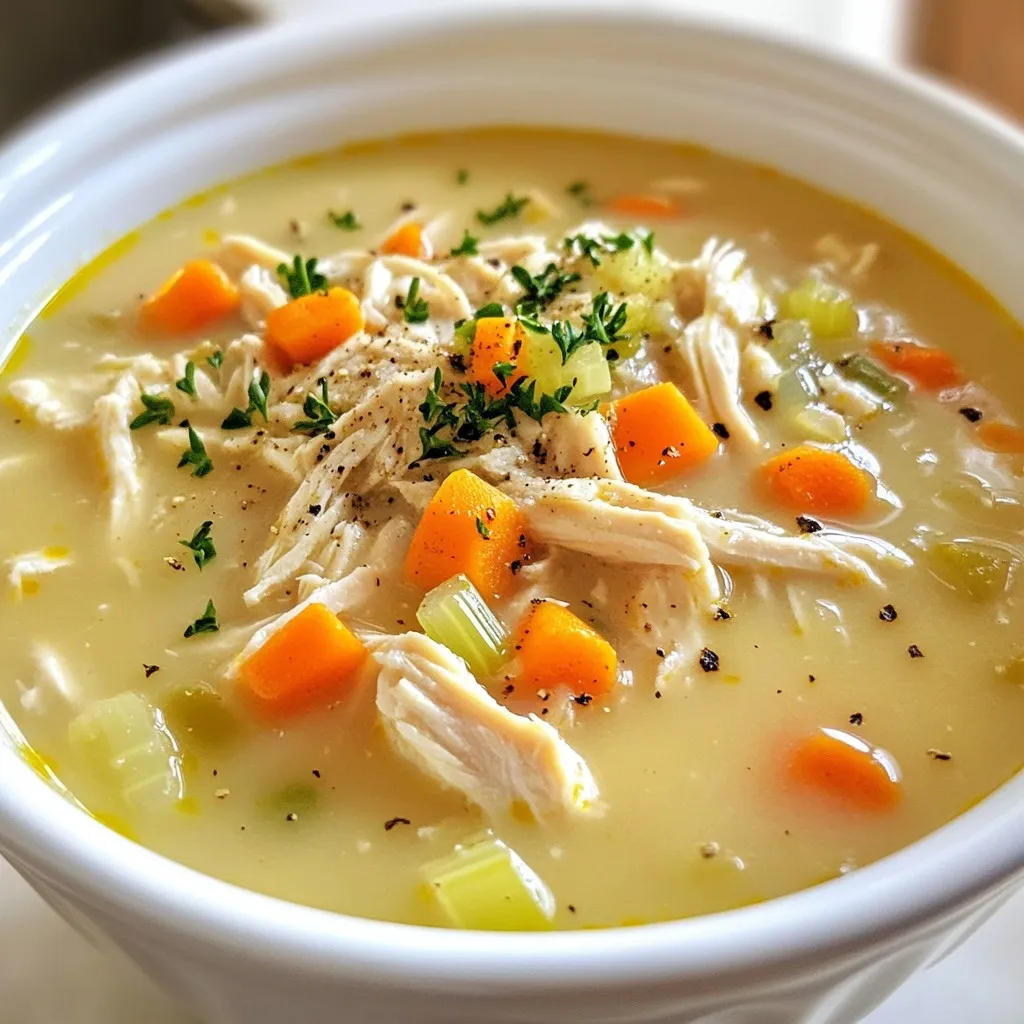 To make Marry Me Chicken Soup, gather these ingredients: - 2 boneless, skinless chicken breasts - 4 cups chicken broth - 1 cup water - 1 medium onion, finely chopped - 3 cloves garlic, minced - 2 carrots, diced - 2 celery stalks, diced - 1 teaspoon dried thyme - 1 teaspoon dried rosemary - 1 bay leaf - 1 cup heavy cream - Salt and pepper to taste - 2 tablespoons olive oil - Fresh parsley, chopped, for garnish You can swap some ingredients for different flavors: - Use vegetable broth instead of chicken broth for a vegetarian option. - Substitute chicken thighs for chicken breasts for a richer taste. - Try coconut cream in place of heavy cream for a lighter soup. - Use shallots instead of onions for a milder flavor. - Add a pinch of red pepper flakes for some heat. Fresh ingredients make your soup taste great. Here are some tips: - Choose chicken breasts that feel firm and have no dark spots. - Look for broth with a clear color and no strange smell. - Pick onions that are heavy and firm, without soft spots. - Carrots should be bright orange and crunchy, not limp. - Celery should be crisp and green, not wilted or discolored. - Fresh parsley should have vibrant green leaves with no yellowing. {{ingredient_image_1}} Start by gathering your ingredients. You will need: - 2 boneless, skinless chicken breasts - 4 cups chicken broth - 1 cup water - 1 medium onion, finely chopped - 3 cloves garlic, minced - 2 carrots, diced - 2 celery stalks, diced - 1 teaspoon dried thyme - 1 teaspoon dried rosemary - 1 bay leaf - 1 cup heavy cream - Salt and pepper to taste - 2 tablespoons olive oil - Fresh parsley, chopped, for garnish Next, finely chop the onion and carrots. Dice the celery too. Mince the garlic cloves. This prep makes cooking easier and quicker. In a large pot, heat the olive oil over medium heat. Add the chopped onions. Sauté for about 3-4 minutes. Wait until they turn translucent. Then, add the minced garlic. Sauté for one more minute until you smell its aroma. Now, add the diced carrots and celery to the pot. Stir occasionally for around 5 minutes. You want them to soften a bit. Season your chicken breasts with salt, pepper, thyme, and rosemary. Place the chicken in the pot with the veggies. Pour the chicken broth and water over everything. Add the bay leaf. Increase the heat and bring the mixture to a boil. Once bubbling, reduce the heat to a simmer. Cover the pot and cook for about 20 minutes. The chicken needs to be fully cooked through. After cooking, carefully remove the chicken from the pot. Use two forks to shred it into bite-sized pieces. Return the shredded chicken back into the pot. Stir in the heavy cream next. Let it simmer again for another 5-10 minutes. This makes the soup creamy and rich. Before serving, remember to take out the bay leaf. Taste your soup and adjust seasoning with salt and pepper if needed. Serve it warm, garnished with fresh parsley. Enjoy it with crusty bread for a complete meal! Many people make the soup too salty. Taste as you go. Add salt slowly. Another mistake is overcooking the chicken. It should be tender, not dry. When you shred the chicken, don't leave big chunks. Small pieces mix better in the soup. Lastly, avoid skipping the bay leaf. It adds depth to the flavor. To make the soup creamier, use full-fat heavy cream. You can also blend some of the soup before adding the cream. This way, it has a nice texture. If you want a richer taste, add a bit of cream cheese before serving. It melts right in and makes the soup dreamy! Serve the soup in warm bowls. Garnish with fresh parsley for a pop of color. A sprinkle of black pepper adds a nice touch too. Pair this soup with crusty bread for a hearty meal. You can also serve it with a side salad for a fresh crunch. Enjoy every spoonful! Pro Tips Use Fresh Herbs: Fresh thyme and rosemary can elevate the flavor profile of your soup, making it more aromatic and delicious. Perfect Shredding: Let the chicken rest for a few minutes after cooking before shredding. This helps retain moisture and makes for tender pieces. Adjust Creaminess: For a lighter soup, you can substitute half of the heavy cream with low-fat milk or use a dairy-free alternative like coconut milk. Serving Suggestions: Pair your soup with a side of garlic bread or a fresh salad for a complete meal that impresses your guests. {{image_2}} You can make Marry Me Chicken Soup more healthy. Use skinless chicken thighs instead of breasts. They add flavor and keep the soup juicy. You can also swap heavy cream for low-fat milk or coconut milk. This change cuts down on calories, but still gives a creamy texture. You can try adding Greek yogurt at the end for extra creaminess and protein. Mix in your favorite veggies for more nutrition. Try adding spinach, kale, or zucchini. These greens cook quickly and boost the soup's color and flavor. You can also include bell peppers or green beans for crunch. Just make sure to add them during the last 10 minutes of cooking to keep them fresh and vibrant. If you like heat, add crushed red pepper or diced jalapeños. Start with a small amount and taste as you go. You can also use a spicy chicken broth for added flavor. Another option is to sprinkle some cayenne pepper when serving. This gives your soup a nice kick without overpowering the other flavors. Storing leftovers of Marry Me Chicken Soup is easy. Let the soup cool down before placing it in a container. Use an airtight container to keep the soup fresh. The soup can last in the fridge for about three to four days. Label your container with the date. This helps you track how long it’s been stored. If you want to save the soup for later, freezing is a great option. Cool the soup completely before you freeze it. Pour the soup into freezer-safe bags or containers. Leave some space at the top for expansion. Seal the bags tightly to prevent air from getting in. The soup can stay in the freezer for up to three months. When ready to eat, just thaw it in the fridge overnight. Reheating Marry Me Chicken Soup is simple. If the soup is frozen, thaw it in the fridge first. You can reheat it on the stove over low heat. Stir it often to make sure it heats evenly. If the soup is too thick, add a little water or broth. You can also use a microwave. Heat it in short bursts, stirring in between. This way, it heats up nicely without burning. Yes, you can use frozen chicken in this recipe. Just remember to adjust the cooking time. Frozen chicken takes longer to cook. You should simmer it for about 30-35 minutes instead of 20. Ensure the chicken reaches an internal temperature of 165°F. This keeps everyone safe while enjoying the soup. To thicken the soup, you have a few easy options. One way is to add more heavy cream. This makes the soup rich and creamy. You can also mix 1 tablespoon of cornstarch with cold water. Stir this mix into the soup and simmer for a few minutes. This gives the soup a nice, thick texture. If you want a more veggie-based option, simply mash some of the cooked carrots in the soup. Serving crusty bread alongside the soup is a great choice. It soaks up all the creamy goodness. A fresh garden salad adds a nice crunch and balance. You can also enjoy it with cheesy garlic bread for extra flavor. If you want a heartier meal, serve with rice or noodles on the side. In this blog post, we explored the key ingredients for Marry Me Chicken Soup. We discussed preparation steps, cooking methods, and tips to make it creamy. I shared tricks to avoid common mistakes and how to add your unique twist. Finally, we covered storage tips to keep your leftovers fresh. Cooking should be fun and simple. Use fresh ingredients and follow the steps. Enjoy making this dish your own!