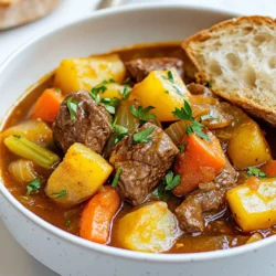 To make the best beef stew, you need these items: - 2 lbs beef chuck, cut into 1-inch cubes - 3 tablespoons vegetable oil - 1 large onion, diced - 3 cloves garlic, minced - 4 carrots, sliced - 3 celery stalks, chopped - 4 medium potatoes, cubed - 4 cups beef broth - 2 tablespoons tomato paste - 1 tablespoon Worcestershire sauce - 2 teaspoons dried thyme - 1 teaspoon dried rosemary - Salt and pepper to taste - Fresh parsley, chopped (for garnish) These ingredients create a rich and flavorful beef stew that warms the soul. Not all ingredients are set in stone. You can swap them based on what you have: - Beef: Try lamb or chicken for a different taste. - Vegetable oil: Olive oil or canola oil works well too. - Broth: Use chicken broth for a lighter flavor. - Tomato paste: You can use crushed tomatoes if needed. - Herbs: If you lack dried herbs, use fresh ones. Just double the amount. These swaps can help you customize your stew while keeping it tasty. Herbs add depth to your stew. Fresh herbs are bright and vibrant. They can lift your dish. Dried herbs are more intense and concentrated. Here’s how to use them: - Dried herbs: Use about half the amount of fresh herbs. - Fresh thyme and rosemary: These are great for flavor. Add them near the end of cooking. Choose based on your taste and what you have on hand. Each option brings its charm to the stew. {{ingredient_image_1}} First, gather all your ingredients. This makes cooking easier and fun. You need: - 2 lbs beef chuck, cut into 1-inch cubes - 3 tablespoons vegetable oil - 1 large onion, diced - 3 cloves garlic, minced - 4 carrots, sliced - 3 celery stalks, chopped - 4 medium potatoes, cubed - 4 cups beef broth - 2 tablespoons tomato paste - 1 tablespoon Worcestershire sauce - 2 teaspoons dried thyme - 1 teaspoon dried rosemary - Salt and pepper to taste - Fresh parsley, chopped (for garnish) Make sure to wash the veggies. Cut them into even pieces. This helps them cook well. Start by heating the vegetable oil in a large pot. Set the heat to medium-high. While it warms, season the beef cubes with salt and pepper. Add the beef in batches. Brown the beef on all sides. This takes about 5 to 7 minutes. Once browned, take the beef out and set it aside. In the same pot, add the diced onion. Sauté for about 3 minutes, until it turns soft. Add the minced garlic next. Cook for one more minute until it smells great. Now, stir in the sliced carrots, chopped celery, and cubed potatoes. Cook these for about 5 minutes. You want them to start softening. Next, return the browned beef to the pot. Stir in the beef broth, tomato paste, Worcestershire sauce, thyme, and rosemary. Bring this mixture to a boil. Once it boils, reduce the heat to low. Cover the pot and let it simmer. Cook for 2 to 2.5 hours. Stir occasionally and check if you need more broth. When the beef is tender, taste and adjust the seasoning. Add more salt or pepper if needed. Browning the beef is key to great flavor. Avoid crowding the pot. If you add too much beef at once, it steams instead of browns. Brown in small batches. This lets the beef get a nice crust. It adds depth to your stew. Let the beef sit in the pot without moving it for a few minutes. This helps develop a good sear. To boost the taste of your beef stew, use fresh herbs. Fresh thyme and rosemary add depth. You can also add a splash of red wine for extra richness. Another tip is to brown the beef well. This step brings out the natural flavors. Don't skip the Worcestershire sauce; it adds umami. A spoonful of sugar can balance any acidity from tomatoes. Taste often and adjust seasoning as needed. A little patience while simmering helps the flavors meld beautifully. One common mistake is overcrowding the pot when browning beef. This can lead to steaming instead of browning. Make sure to work in batches. Another mistake is not using enough broth. The stew needs a good amount of liquid to cook properly. Forgetting to taste the stew can also ruin your dish. Always check the seasoning before serving. Lastly, don’t rush the simmering time. Allowing the stew to cook slowly develops rich flavors. The right consistency makes a stew comforting. If your stew is too thin, let it simmer uncovered. This will reduce the liquid and thicken it. You can also mash a few potato pieces against the pot's side. This technique naturally thickens the stew. If it’s too thick, add a little more broth or water. Stir well and adjust as needed. The goal is a hearty, thick stew that coats your spoon. Pro Tips Choose the Right Cut: For a tender and flavorful stew, beef chuck is ideal as it has the right amount of fat and connective tissue to break down during cooking. Brown the Meat Properly: Take your time to brown the beef in batches; this step adds depth of flavor to your stew and prevents steaming the meat. Use Fresh Herbs: Whenever possible, use fresh herbs instead of dried ones; they provide a brighter flavor and enhance the overall taste of the stew. Let It Rest: After cooking, allow the stew to sit for at least 30 minutes before serving. This resting time helps the flavors meld and improves the overall taste. {{image_2}} You can make a tasty stew without beef. Use mushrooms as the main ingredient. They add a deep, rich flavor. For protein, add beans or lentils. Replace beef broth with vegetable broth. The cooking time stays the same. You will create a warm, cozy dish. Feel free to mix in your favorite veggies. Sweet potatoes add a nice sweetness. Peas or green beans add color and texture. You can also try parsnips for a unique taste. Just chop them into bite-sized pieces to match the cooking time of potatoes. If you like heat, spice things up! Add chopped jalapeños or red pepper flakes. For a smoky flavor, toss in some smoked paprika. You could even add a dash of hot sauce while cooking. Just remember to taste as you go to find your perfect heat level. To store leftovers, let the stew cool down first. Then, place it in an airtight container. Make sure to divide it into smaller portions. This way, it cools faster and saves space. Store the container in the fridge. It will stay fresh for up to three days. When you are ready to eat the stew again, reheat it on the stove. Pour the stew into a pot over low heat. Stir it often until it warms up. This helps keep the flavors intact. You can also use the microwave. Place the stew in a microwave-safe bowl. Cover it with a lid or a damp paper towel. Heat it in short bursts, stirring in between. This prevents hot spots and keeps it tasty. If you want to keep the stew longer, freezing is a great option. First, let the stew cool completely. Then, pour it into freezer-safe bags or containers. Remove as much air as possible before sealing. Label the bags with the date. The stew can stay in the freezer for up to three months. To thaw, move the stew to the fridge a day before you want to eat it. For quicker thawing, you can place it in cold water. Once thawed, reheat it on the stove or in the microwave. Enjoy your cozy beef stew anytime! Beef stew takes about 2 to 2.5 hours to cook. This time allows the beef to become tender and the flavors to mix well. You can simmer it longer if you want it even softer. The key is low heat and patience. Yes, you can use a slow cooker! Brown the beef first, then add all the ingredients to the slow cooker. Cook on low for 6 to 8 hours. This method makes the beef super tender and adds great flavor. Beef stew pairs well with crusty bread or a fresh salad. You can also serve it with rice or mashed potatoes. These sides soak up the tasty broth and make your meal even better. In this blog post, we explored the key ingredients for beef stew, including substitutes and herb choices. We detailed step-by-step cooking instructions, shared tips for perfecting flavor and consistency, and highlighted vegetarian options. We also covered how to store leftovers and answered common questions about cooking time and side dishes. Beef stew can be simple yet delicious with the right know-how. Use this guide to create a warm, tasty dish that everyone will love. Enjoy making your perfect beef stew!