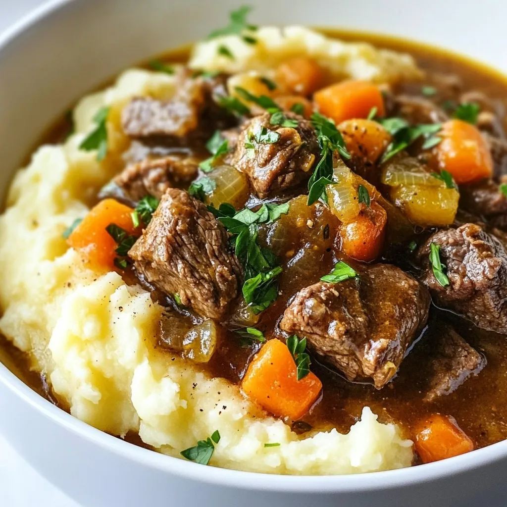 - 2 lbs beef chuck, cut into 1-inch cubes - 3 cups apple cider - 4 medium carrots, diced - 3 medium potatoes, peeled and cubed - 1 large onion, chopped - 3 cloves garlic, minced - 2 cups beef broth - 2 tablespoons olive oil - 2 tablespoons all-purpose flour - 1 teaspoon dried thyme - 1 teaspoon dried rosemary - Salt and pepper to taste - 1 bay leaf The main ingredients are key to making this dish rich and hearty. Beef chuck gives the stew a great flavor. Apple cider adds a sweet touch that balances the savory beef. The veggies like carrots, potatoes, onions, and garlic bring texture and aroma. - Fresh parsley for garnish For a pop of color and freshness, add fresh parsley on top. You can also swap ingredients to fit your needs. Try using sweet potatoes instead of regular potatoes. If you want a lighter dish, you can use chicken or turkey instead of beef. - Large pot or Dutch oven - Knife and cutting board - Measuring cups and spoons Having the right tools makes cooking easier. A large pot or Dutch oven helps cook everything evenly. Use a sharp knife for quick chopping. Measuring cups and spoons ensure you get the amounts just right. {{ingredient_image_1}} Start by searing the beef cubes. Heat olive oil in a large pot over medium-high heat. Season the beef with salt and pepper. Add the beef to the pot and brown it on all sides. This takes about 5 to 7 minutes. Browning adds deep flavor to the stew. Once browned, remove the beef and set it aside. Next, cook the vegetables. In the same pot, add chopped onions and diced carrots. Sauté them for about 3 to 5 minutes until the onions look clear. This step builds a solid base for your stew. Then, add minced garlic and cook for one more minute. Garlic will bring out more flavor in the dish. Now, we will make the base for the stew. Dust the vegetable mix with flour. Stir this well and cook for about two minutes. This step helps remove the raw taste of flour. After that, slowly pour in the apple cider. Use a wooden spoon to scrape the bottom of the pot. This will lift any tasty bits left from the beef. Time to combine everything! Return the seared beef to the pot. Don’t forget to add any juices from the plate. Pour in beef broth, along with cubed potatoes, thyme, rosemary, and a bay leaf. Stir well to mix all ingredients. Bring the stew to a gentle boil. Lower the heat and cover the pot. Let it simmer for 1.5 to 2 hours, stirring occasionally. Keep an eye on the stew and add water if it gets too thick. While the stew simmers, prepare the mashed potatoes. Boil the cubed potatoes in salted water for about 15 to 20 minutes. You want them fork-tender. Drain the potatoes and mash them in a bowl. Add a splash of milk and a tablespoon of olive oil. Season with salt and pepper to taste for a creamy, rich mash. Once the stew is ready, taste it and adjust the seasoning if needed. Remove the bay leaf before serving. Place a generous scoop of mashed potatoes on each plate. Ladle the rich beef stew over the mash. For a fresh touch, sprinkle chopped parsley on top. This adds color and a burst of flavor to the dish. To boost the sweetness of your stew, try adding more apple cider. This will enhance the dish's rich taste. For herbs, I recommend using thyme and rosemary. They add a lovely depth to the stew. To avoid tough beef, make sure to sear it well. This locks in the juices and keeps the meat tender. If you use a slow cooker, adjust the cooking time. Low and slow works best, so allow for extra time. Pair your stew with crusty bread or a fresh salad. This adds texture and freshness to the meal. For special occasions, serve the stew in large bowls. A sprinkle of fresh parsley on top makes it pop visually. Pro Tips Choose the Right Cut: Using beef chuck is ideal for stews as it becomes tender and flavorful when slow-cooked. Fresh Herbs Matter: For the best flavor, use fresh thyme and rosemary if possible. They elevate the dish significantly. Thicken the Stew: If you prefer a thicker stew, mix a tablespoon of cornstarch with cold water and stir it in during the last 10 minutes of cooking. Make It Ahead: This stew tastes even better the next day! Prepare it ahead of time and let the flavors develop overnight. {{image_2}} If you need a gluten-free option for this stew, you can easily adapt it. Simply replace the all-purpose flour with a gluten-free flour blend. This small swap keeps your stew thick and tasty without gluten. For those who prefer a vegetarian or vegan diet, you can swap the beef for hearty mushrooms or lentils. Use vegetable broth instead of beef broth, and keep all the veggies. The apple cider adds a nice sweet taste that works well here. Using seasonal vegetables can make this dish shine. In fall, try adding butternut squash or sweet potatoes. In spring, peas and asparagus can add freshness. The stew will change with the seasons. If you want a twist, try swapping the apple cider for other juices. Pear juice or cranberry juice can bring a new flavor. Each juice will give the stew a unique taste, so feel free to experiment! To change the flavor of your stew, adding different spices can work wonders. A dash of cinnamon or nutmeg can add warmth. You can also try smoked paprika for a deeper flavor profile. If you like heat, add some diced jalapeños or crushed red pepper flakes. This can give your stew a spicy kick. Adjust the amount based on your spice tolerance, and enjoy the new flavor! To store your Apple Cider Beef Stew, let it cool first. Place it in an airtight container. This keeps it fresh. You can keep the stew in the fridge for up to 3 days. Make sure to heat it well before serving. If you want to freeze the stew, use a freezer-safe container. Leave some space at the top for expansion. It can last in the freezer for up to 3 months. When you’re ready to eat, thaw it in the fridge overnight. Reheat it on the stove over medium heat until hot. Leftover stew is a great base for new meals. You can use it as a filling for pot pies or tacos. You can also mix it with more mashed potatoes for a hearty dish. Try adding some veggies for extra crunch. Apple cider beef stew stays good in the fridge for about 3 to 4 days. Store it in an airtight container to keep it fresh. Always check for any odd smells or changes in color before you eat it. If the stew looks or smells off, it’s best to toss it. Yes, you can use a slow cooker! Just follow these steps: - Sear the beef in a pan first to get a nice brown color. - Transfer the seared beef and all other ingredients into your slow cooker. - Cook on low for 6 to 8 hours or on high for 3 to 4 hours. This will give you tender beef and rich flavors. Serve this stew with: - Crusty bread for dipping - A simple green salad - Roasted vegetables for added color and taste These sides will balance the rich flavors of the stew. Use a sweet apple cider for a richer flavor. Look for cider made from Gala or Fuji apples. Avoid the ones with added sugars or preservatives. Fresh-pressed cider works great, too, giving your stew a natural sweetness. To add heat, try these options: - Add a pinch of cayenne pepper or red pepper flakes. - Stir in some diced jalapeños or serrano peppers. - Include a splash of hot sauce before serving. These additions will give your stew a nice kick! In this blog post, we explored how to make a delicious apple cider beef stew. We covered the main ingredients, optional additions, and the necessary equipment. I shared step-by-step instructions, tips for perfecting the flavor, and variations to suit different diets. Remember, cooking is about creativity and enjoyment. Feel free to adapt this recipe to your taste. Great meals start with simple steps, so have fun with it and make it your own. Happy cooking!