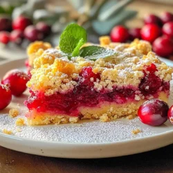 - 2 cups fresh or frozen cranberries - 1 cup granulated sugar (divided) - 1 tablespoon cornstarch - 1 teaspoon vanilla extract - 1 cup all-purpose flour - 1 cup rolled oats - ½ cup unsalted butter, melted - ½ teaspoon baking powder - ½ teaspoon salt - ½ teaspoon ground cinnamon - 1 cup chopped nuts (such as pecans or walnuts) The ingredients for Cranberry Crumble Bars are simple and easy to find. Fresh or frozen cranberries give a tart flavor and bright color. Granulated sugar sweetens the filling and the topping. Cornstarch helps thicken the cranberry filling, making it perfect. Vanilla extract adds a warm note to the mix. Next, we have all-purpose flour and rolled oats. They create the base for the crust and crumble topping. Unsalted butter gives a rich flavor and binds everything together. Baking powder helps the crust rise slightly, while salt balances the sweetness. Ground cinnamon adds warmth and depth to the flavor profile. Finally, chopped nuts like pecans or walnuts add crunch and texture. You can easily swap ingredients based on what you have. Want a nut-free version? Just leave them out! Use this list to gather your items, and you’ll be ready to create a delicious dessert. {{ingredient_image_1}} To make the filling, I start by gathering my ingredients. In a medium saucepan, I add 2 cups of cranberries, ¾ cup of sugar, 1 tablespoon of cornstarch, and 1 teaspoon of vanilla extract. I cook this mix over medium heat. I stir it occasionally for about 10 to 15 minutes. The cranberries will burst and thicken. Once done, I set it aside to cool. Next, I make the crust and topping. In a large mixing bowl, I combine 1 cup of all-purpose flour, 1 cup of rolled oats, ¼ cup of sugar, ½ teaspoon of baking powder, ½ teaspoon of salt, ½ teaspoon of ground cinnamon, and 1 cup of chopped nuts. I then pour in ½ cup of melted butter. I mix it until it forms a crumbly texture. This will give my bars a nice crunch. Now, I prepare to assemble the bars. I preheat my oven to 350°F (175°C). I line an 8x8 inch baking pan with parchment paper, leaving some overhang. This helps with easy removal later. I press half of the crumble mixture into the bottom of the pan to form the crust. Next, I spread the cooled cranberry filling evenly over the crust. Finally, I sprinkle the remaining crumble mixture on top. I bake it in the oven for 25 to 30 minutes. The topping should be golden brown and bubbly. - Ensuring even cooking: To get the best flavor and texture, make sure your oven is fully preheated. This helps the bars cook evenly. If your oven has hot spots, rotate the pan halfway through baking. This ensures all sides get the same heat. - Achieving the right crumble texture: When mixing the crumble, don’t overwork the butter. You want it to be crumbly, not a dough. Mix until just combined. If you find it too wet, add a bit more flour to reach the right texture. - Dusting with powdered sugar: After the bars cool, lightly dust the top with powdered sugar. This adds a sweet touch and makes the bars look fancy. Use a fine sieve for an even layer. - Garnishing ideas for serving: Serve the bars on a pretty platter. Add fresh cranberries and mint leaves for a pop of color. This makes your dessert look inviting and festive. Pro Tips Choose the Right Cranberries: For the best flavor, use fresh, ripe cranberries when they are in season. If using frozen, make sure they are unsweetened to control the sugar content in your filling. Customize Your Nuts: Feel free to mix and match nuts according to your preference. Pecans add a buttery flavor while walnuts provide a more robust crunch. Enhance the Flavor: Add a splash of orange juice or zest to the cranberry filling for a delightful citrus note that complements the tartness of the cranberries. Storing Tips: These bars can be stored in an airtight container in the fridge for up to a week. They also freeze well, making them great for meal prep or future gatherings. {{image_2}} You can switch up the flavors in these bars easily. For a different taste, try using alternative berries or fruits. Blueberries, raspberries, or even chopped apples work well. Each fruit brings its own unique flavor to the mix. You can also play with different nuts or spices. Instead of pecans or walnuts, you might use almonds or hazelnuts. For spices, consider adding ginger or nutmeg. These small changes can create a fun twist on the classic recipe. If you need a gluten-free version, you have great options. Start by replacing all-purpose flour with almond flour or coconut flour. These options work well in baking. For oats, you can use gluten-free oats. Make sure they are certified gluten-free to avoid cross-contamination. These simple swaps keep your bars delicious and safe for gluten-free diets. To keep your cranberry crumble bars fresh, use an airtight container. Line the bottom with parchment paper for easy removal. Place the bars in a single layer to avoid sticking. You can store them at room temperature for up to three days. If you want them to last longer, refrigerate them. They can stay fresh for up to a week in the fridge. To freeze the bars, wrap them tightly in plastic wrap. Then, place them in a freezer-safe bag or container. They can last up to three months in the freezer. When you're ready to eat them, let them thaw in the fridge overnight. For a quick thaw, leave them out at room temperature for a couple of hours. Enjoy them chilled, or warm them slightly in the oven for a fresh-baked taste. Yes, you can use frozen cranberries. Just do not thaw them before cooking. Cook them straight from the freezer. This way, they keep their shape and flavor. The cooking time may be a bit longer. Watch the cranberries until they burst and thicken. To make these bars vegan, swap the butter for coconut oil or a plant-based butter. Use brown sugar instead of granulated sugar for a deeper flavor. You can also replace the cornstarch with arrowroot powder. These swaps make your bars tasty and plant-based. These bars pair well with vanilla ice cream or whipped cream. A scoop of ice cream adds creaminess. You can also serve them with a dollop of yogurt for a tangy twist. Fresh mint leaves or a sprinkle of cinnamon on top makes them look great! In this post, I covered how to make delicious cranberry crumble bars. You learned about the ingredients needed, from fresh cranberries to nuts. I gave step-by-step instructions on preparing the filling, crust, and topping. You also found cooking tips, variations, and storage methods. Cranberry crumble bars are easy to make and fun to enjoy. Now, you can impress others with this tasty treat. Experiment with flavors and toppings to make it your own. Enjoy your baking adventure!