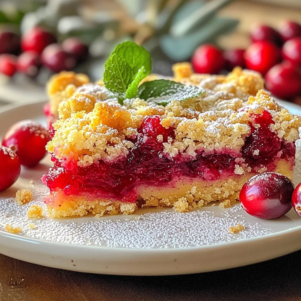 - 2 cups fresh or frozen cranberries - 1 cup granulated sugar (divided) - 1 tablespoon cornstarch - 1 teaspoon vanilla extract - 1 cup all-purpose flour - 1 cup rolled oats - ½ cup unsalted butter, melted - ½ teaspoon baking powder - ½ teaspoon salt - ½ teaspoon ground cinnamon - 1 cup chopped nuts (such as pecans or walnuts) The ingredients for Cranberry Crumble Bars are simple and easy to find. Fresh or frozen cranberries give a tart flavor and bright color. Granulated sugar sweetens the filling and the topping. Cornstarch helps thicken the cranberry filling, making it perfect. Vanilla extract adds a warm note to the mix. Next, we have all-purpose flour and rolled oats. They create the base for the crust and crumble topping. Unsalted butter gives a rich flavor and binds everything together. Baking powder helps the crust rise slightly, while salt balances the sweetness. Ground cinnamon adds warmth and depth to the flavor profile. Finally, chopped nuts like pecans or walnuts add crunch and texture. You can easily swap ingredients based on what you have. Want a nut-free version? Just leave them out! Use this list to gather your items, and you’ll be ready to create a delicious dessert. {{ingredient_image_1}} To make the filling, I start by gathering my ingredients. In a medium saucepan, I add 2 cups of cranberries, ¾ cup of sugar, 1 tablespoon of cornstarch, and 1 teaspoon of vanilla extract. I cook this mix over medium heat. I stir it occasionally for about 10 to 15 minutes. The cranberries will burst and thicken. Once done, I set it aside to cool. Next, I make the crust and topping. In a large mixing bowl, I combine 1 cup of all-purpose flour, 1 cup of rolled oats, ¼ cup of sugar, ½ teaspoon of baking powder, ½ teaspoon of salt, ½ teaspoon of ground cinnamon, and 1 cup of chopped nuts. I then pour in ½ cup of melted butter. I mix it until it forms a crumbly texture. This will give my bars a nice crunch. Now, I prepare to assemble the bars. I preheat my oven to 350°F (175°C). I line an 8x8 inch baking pan with parchment paper, leaving some overhang. This helps with easy removal later. I press half of the crumble mixture into the bottom of the pan to form the crust. Next, I spread the cooled cranberry filling evenly over the crust. Finally, I sprinkle the remaining crumble mixture on top. I bake it in the oven for 25 to 30 minutes. The topping should be golden brown and bubbly. - Ensuring even cooking: To get the best flavor and texture, make sure your oven is fully preheated. This helps the bars cook evenly. If your oven has hot spots, rotate the pan halfway through baking. This ensures all sides get the same heat. - Achieving the right crumble texture: When mixing the crumble, don’t overwork the butter. You want it to be crumbly, not a dough. Mix until just combined. If you find it too wet, add a bit more flour to reach the right texture. - Dusting with powdered sugar: After the bars cool, lightly dust the top with powdered sugar. This adds a sweet touch and makes the bars look fancy. Use a fine sieve for an even layer. - Garnishing ideas for serving: Serve the bars on a pretty platter. Add fresh cranberries and mint leaves for a pop of color. This makes your dessert look inviting and festive. Pro Tips Choose the Right Cranberries: For the best flavor, use fresh, ripe cranberries when they are in season. If using frozen, make sure they are unsweetened to control the sugar content in your filling. Customize Your Nuts: Feel free to mix and match nuts according to your preference. Pecans add a buttery flavor while walnuts provide a more robust crunch. Enhance the Flavor: Add a splash of orange juice or zest to the cranberry filling for a delightful citrus note that complements the tartness of the cranberries. Storing Tips: These bars can be stored in an airtight container in the fridge for up to a week. They also freeze well, making them great for meal prep or future gatherings. {{image_2}} You can switch up the flavors in these bars easily. For a different taste, try using alternative berries or fruits. Blueberries, raspberries, or even chopped apples work well. Each fruit brings its own unique flavor to the mix. You can also play with different nuts or spices. Instead of pecans or walnuts, you might use almonds or hazelnuts. For spices, consider adding ginger or nutmeg. These small changes can create a fun twist on the classic recipe. If you need a gluten-free version, you have great options. Start by replacing all-purpose flour with almond flour or coconut flour. These options work well in baking. For oats, you can use gluten-free oats. Make sure they are certified gluten-free to avoid cross-contamination. These simple swaps keep your bars delicious and safe for gluten-free diets. To keep your cranberry crumble bars fresh, use an airtight container. Line the bottom with parchment paper for easy removal. Place the bars in a single layer to avoid sticking. You can store them at room temperature for up to three days. If you want them to last longer, refrigerate them. They can stay fresh for up to a week in the fridge. To freeze the bars, wrap them tightly in plastic wrap. Then, place them in a freezer-safe bag or container. They can last up to three months in the freezer. When you're ready to eat them, let them thaw in the fridge overnight. For a quick thaw, leave them out at room temperature for a couple of hours. Enjoy them chilled, or warm them slightly in the oven for a fresh-baked taste. Yes, you can use frozen cranberries. Just do not thaw them before cooking. Cook them straight from the freezer. This way, they keep their shape and flavor. The cooking time may be a bit longer. Watch the cranberries until they burst and thicken. To make these bars vegan, swap the butter for coconut oil or a plant-based butter. Use brown sugar instead of granulated sugar for a deeper flavor. You can also replace the cornstarch with arrowroot powder. These swaps make your bars tasty and plant-based. These bars pair well with vanilla ice cream or whipped cream. A scoop of ice cream adds creaminess. You can also serve them with a dollop of yogurt for a tangy twist. Fresh mint leaves or a sprinkle of cinnamon on top makes them look great! In this post, I covered how to make delicious cranberry crumble bars. You learned about the ingredients needed, from fresh cranberries to nuts. I gave step-by-step instructions on preparing the filling, crust, and topping. You also found cooking tips, variations, and storage methods. Cranberry crumble bars are easy to make and fun to enjoy. Now, you can impress others with this tasty treat. Experiment with flavors and toppings to make it your own. Enjoy your baking adventure!