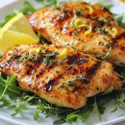 - 4 boneless, skinless chicken breasts - 1/4 cup fresh lemon juice - 2 tablespoons olive oil - 4 cloves garlic, minced - 1 tablespoon honey or agave syrup - 1 tablespoon fresh rosemary, chopped - 1 tablespoon fresh thyme, chopped - 1 teaspoon paprika - Salt and pepper to taste - Zest of 1 lemon - Calorie count per serving: About 200 calories per chicken breast - Macronutrient breakdown: - Protein: 30g - Fat: 7g - Carbohydrates: 5g This marinade is light yet full of flavor. Each ingredient adds a unique touch. The lemon juice gives it a zesty kick, while the herbs bring freshness. Olive oil keeps the chicken moist during cooking. Garlic adds depth, and honey balances the tartness. Youβll find this recipe is not just low-cal but healthy too. Each chicken breast packs in protein, making it great for muscle building. The herbs and spices contribute valuable nutrients without extra calories. This dish fits well into many diets. It's perfect for anyone wanting to eat light but still enjoy tasty food. Plus, itβs easy to make and fun to share with friends and family. {{ingredient_image_1}} To start, you need a large bowl. In this bowl, combine the fresh lemon juice, olive oil, minced garlic, and honey. Mix well until it is fully combined. This mix gives the chicken a bright, zesty flavor. Next, add the chopped rosemary, thyme, paprika, salt, and pepper. Don't forget the lemon zest! Stir until all ingredients blend nicely. This marinade will soak into the chicken, making it juicy and tasty. Now, letβs coat the chicken. Place the chicken breasts into a resealable plastic bag or a shallow dish. Pour the marinade over the chicken. Make sure each piece is well coated. This step is key for flavor. Seal the bag or cover the dish. Refrigerate for at least 30 minutes, or up to 2 hours. For the best taste, marinate overnight if you can. When you're ready to cook, preheat your grill or grill pan over medium-high heat. Take the chicken out of the marinade and discard any leftover marinade. Grill the chicken for about 6-7 minutes per side. You want the internal temperature to reach 165Β°F (75Β°C). The chicken should not be pink inside. After cooking, let the chicken rest for 5 minutes. This helps the juices stay inside. Slice it up, and youβre ready to enjoy a delicious meal! To make your chicken shine, you can add more herbs or spices. Try adding more thyme or rosemary for a stronger taste. You can also mix in a bit of oregano or basil for a fresh twist. Fresh herbs pack more flavor than dried ones. If you use dried herbs, cut the amount in half since they are stronger. Grilling chicken is all about the right heat. Preheat your grill to medium-high. This helps cook the chicken evenly. Avoid flipping too often; let it sear for about 6-7 minutes on each side. To prevent dry chicken, let it rest after cooking. This gives the juices time to settle back into the meat. Pair your lemon herb chicken with light sides. A crisp salad or roasted veggies works great. For a fun touch, serve it on a bed of mixed greens with lemon wedges. This adds color and freshness. Donβt forget to sprinkle more herbs on top for a beautiful finish! Pro Tips Marinating Time: For the best flavor, marinate the chicken overnight. This allows the herbs and lemon to deeply infuse the meat. Grilling Temperature: Ensure your grill is preheated to medium-high heat before placing the chicken on it. This helps achieve a nice sear and keeps the chicken juicy. Resting Period: Let the chicken rest for at least 5 minutes after grilling. This step is crucial for retaining moisture and enhancing flavor. Serving Suggestion: Pair the chicken with a light salad or grilled vegetables for a refreshing meal. The zesty flavors complement fresh greens beautifully. {{image_2}} You can swap honey or agave with other sweeteners. Try using maple syrup or coconut sugar for a unique taste. Each sweetener brings its own flavor. You may also want to experiment with herbs. Instead of rosemary or thyme, you can use basil or oregano. These herbs provide different flavor profiles and aromas. Mixing and matching can lead to new favorites. You have options for cooking the chicken. Baking is a great choice if you prefer a hands-off method. Set your oven to 400Β°F (200Β°C) and bake the chicken for 20-25 minutes. This keeps the chicken juicy and tender. Grilling is another fantastic option. It adds a smoky flavor and creates nice grill marks. Cook the chicken for 6-7 minutes on each side. You can also use a slow cooker. Place the marinated chicken in the slow cooker and cook on low for 4-6 hours. This method makes the chicken very tender and easy to shred. Get creative when serving the chicken. You can wrap it in lettuce leaves for a low-carb meal. Add fresh veggies and a drizzle of sauce for extra flavor. You can also slice the chicken and add it to a salad. Toss it with mixed greens, tomatoes, and your favorite dressing. This makes a light and healthy lunch or dinner. Enjoy exploring these serving ideas! To store marinated chicken, place it in a sealed bag or dish. This keeps it fresh. You can store it in the fridge for up to 2 days. Make sure to use it within this time for the best taste. If you have leftover cooked chicken, store it in an airtight container. It will stay fresh for about 3 to 4 days in the fridge. If you want to freeze marinated chicken, place it in a freezer-safe bag. Remove as much air as possible. You can freeze it for up to 3 months. For the best flavor, use it sooner. When ready to cook, thaw the chicken in the fridge overnight. Avoid thawing it at room temperature, as this can lead to bacteria growth. To reheat cooked chicken, use a microwave, oven, or skillet. The microwave is quick but can dry the meat out. For best results, use the oven at 350Β°F (175Β°C) until heated through. This keeps the chicken juicy. If using a skillet, add a bit of water or broth. Cover the pan to trap steam and keep the chicken moist. You should marinate chicken for at least 30 minutes. This allows the flavors to soak in. For the best taste, aim for 2 hours. If you have time, letting it sit overnight works wonders. The longer it marinates, the juicier and more flavorful it will be. Yes, this marinade works well with other meats. You can use it for pork, fish, or shrimp. Just keep in mind that different meats have different marinating times. Fish needs less time, about 15-30 minutes. Pork can marinate for 1-2 hours, just like chicken. Using a low-calorie marinade helps keep your meals light and healthy. It adds flavor without adding too many calories. This is great for weight management. Low-calorie marinades can also help enhance the taste of lean meats. They make eating healthy more enjoyable. It is not safe to reuse marinade once it touches raw meat. Bacteria from the raw meat can stay in the marinade. If you want to use it again, bring it to a boil first. This kills harmful bacteria. Alternatively, you can set aside some marinade before adding the chicken. This way, you can use it later safely. In this blog post, we explored how to make a flavorful grilled chicken. We covered the ingredients, preparation methods, and cooking techniques. You learned about enhancing flavor, various cooking methods, and storage tips. Remember, marinating is key to juicy chicken. Don't be afraid to try new herbs or cooking methods. Enjoy making this dish your own, and share it with family or friends! Your next meal can be both healthy and delicious.