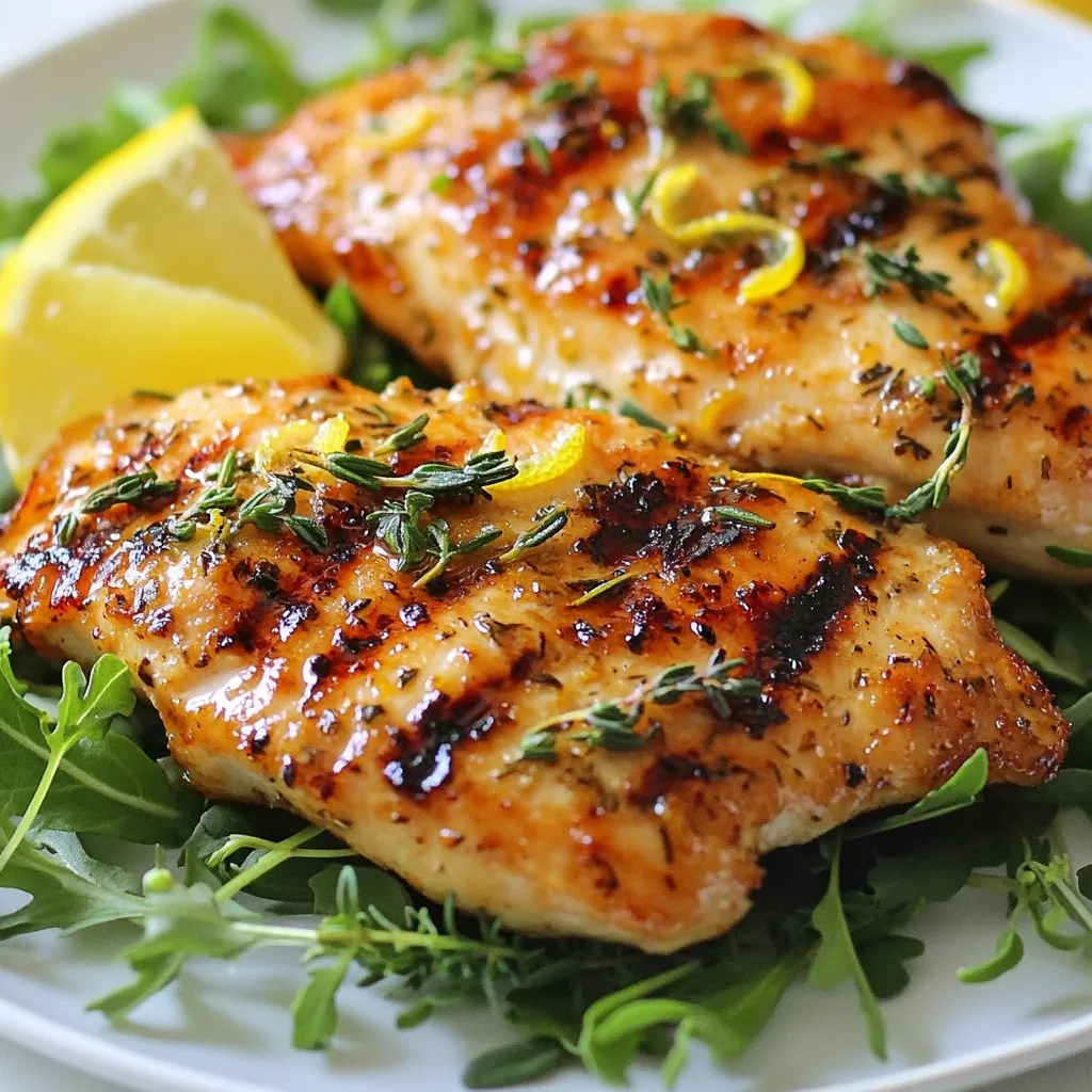 - 4 boneless, skinless chicken breasts - 1/4 cup fresh lemon juice - 2 tablespoons olive oil - 4 cloves garlic, minced - 1 tablespoon honey or agave syrup - 1 tablespoon fresh rosemary, chopped - 1 tablespoon fresh thyme, chopped - 1 teaspoon paprika - Salt and pepper to taste - Zest of 1 lemon - Calorie count per serving: About 200 calories per chicken breast - Macronutrient breakdown: - Protein: 30g - Fat: 7g - Carbohydrates: 5g This marinade is light yet full of flavor. Each ingredient adds a unique touch. The lemon juice gives it a zesty kick, while the herbs bring freshness. Olive oil keeps the chicken moist during cooking. Garlic adds depth, and honey balances the tartness. Youβll find this recipe is not just low-cal but healthy too. Each chicken breast packs in protein, making it great for muscle building. The herbs and spices contribute valuable nutrients without extra calories. This dish fits well into many diets. It's perfect for anyone wanting to eat light but still enjoy tasty food. Plus, itβs easy to make and fun to share with friends and family. {{ingredient_image_1}} To start, you need a large bowl. In this bowl, combine the fresh lemon juice, olive oil, minced garlic, and honey. Mix well until it is fully combined. This mix gives the chicken a bright, zesty flavor. Next, add the chopped rosemary, thyme, paprika, salt, and pepper. Don't forget the lemon zest! Stir until all ingredients blend nicely. This marinade will soak into the chicken, making it juicy and tasty. Now, letβs coat the chicken. Place the chicken breasts into a resealable plastic bag or a shallow dish. Pour the marinade over the chicken. Make sure each piece is well coated. This step is key for flavor. Seal the bag or cover the dish. Refrigerate for at least 30 minutes, or up to 2 hours. For the best taste, marinate overnight if you can. When you're ready to cook, preheat your grill or grill pan over medium-high heat. Take the chicken out of the marinade and discard any leftover marinade. Grill the chicken for about 6-7 minutes per side. You want the internal temperature to reach 165Β°F (75Β°C). The chicken should not be pink inside. After cooking, let the chicken rest for 5 minutes. This helps the juices stay inside. Slice it up, and youβre ready to enjoy a delicious meal! To make your chicken shine, you can add more herbs or spices. Try adding more thyme or rosemary for a stronger taste. You can also mix in a bit of oregano or basil for a fresh twist. Fresh herbs pack more flavor than dried ones. If you use dried herbs, cut the amount in half since they are stronger. Grilling chicken is all about the right heat. Preheat your grill to medium-high. This helps cook the chicken evenly. Avoid flipping too often; let it sear for about 6-7 minutes on each side. To prevent dry chicken, let it rest after cooking. This gives the juices time to settle back into the meat. Pair your lemon herb chicken with light sides. A crisp salad or roasted veggies works great. For a fun touch, serve it on a bed of mixed greens with lemon wedges. This adds color and freshness. Donβt forget to sprinkle more herbs on top for a beautiful finish! Pro Tips Marinating Time: For the best flavor, marinate the chicken overnight. This allows the herbs and lemon to deeply infuse the meat. Grilling Temperature: Ensure your grill is preheated to medium-high heat before placing the chicken on it. This helps achieve a nice sear and keeps the chicken juicy. Resting Period: Let the chicken rest for at least 5 minutes after grilling. This step is crucial for retaining moisture and enhancing flavor. Serving Suggestion: Pair the chicken with a light salad or grilled vegetables for a refreshing meal. The zesty flavors complement fresh greens beautifully. {{image_2}} You can swap honey or agave with other sweeteners. Try using maple syrup or coconut sugar for a unique taste. Each sweetener brings its own flavor. You may also want to experiment with herbs. Instead of rosemary or thyme, you can use basil or oregano. These herbs provide different flavor profiles and aromas. Mixing and matching can lead to new favorites. You have options for cooking the chicken. Baking is a great choice if you prefer a hands-off method. Set your oven to 400Β°F (200Β°C) and bake the chicken for 20-25 minutes. This keeps the chicken juicy and tender. Grilling is another fantastic option. It adds a smoky flavor and creates nice grill marks. Cook the chicken for 6-7 minutes on each side. You can also use a slow cooker. Place the marinated chicken in the slow cooker and cook on low for 4-6 hours. This method makes the chicken very tender and easy to shred. Get creative when serving the chicken. You can wrap it in lettuce leaves for a low-carb meal. Add fresh veggies and a drizzle of sauce for extra flavor. You can also slice the chicken and add it to a salad. Toss it with mixed greens, tomatoes, and your favorite dressing. This makes a light and healthy lunch or dinner. Enjoy exploring these serving ideas! To store marinated chicken, place it in a sealed bag or dish. This keeps it fresh. You can store it in the fridge for up to 2 days. Make sure to use it within this time for the best taste. If you have leftover cooked chicken, store it in an airtight container. It will stay fresh for about 3 to 4 days in the fridge. If you want to freeze marinated chicken, place it in a freezer-safe bag. Remove as much air as possible. You can freeze it for up to 3 months. For the best flavor, use it sooner. When ready to cook, thaw the chicken in the fridge overnight. Avoid thawing it at room temperature, as this can lead to bacteria growth. To reheat cooked chicken, use a microwave, oven, or skillet. The microwave is quick but can dry the meat out. For best results, use the oven at 350Β°F (175Β°C) until heated through. This keeps the chicken juicy. If using a skillet, add a bit of water or broth. Cover the pan to trap steam and keep the chicken moist. You should marinate chicken for at least 30 minutes. This allows the flavors to soak in. For the best taste, aim for 2 hours. If you have time, letting it sit overnight works wonders. The longer it marinates, the juicier and more flavorful it will be. Yes, this marinade works well with other meats. You can use it for pork, fish, or shrimp. Just keep in mind that different meats have different marinating times. Fish needs less time, about 15-30 minutes. Pork can marinate for 1-2 hours, just like chicken. Using a low-calorie marinade helps keep your meals light and healthy. It adds flavor without adding too many calories. This is great for weight management. Low-calorie marinades can also help enhance the taste of lean meats. They make eating healthy more enjoyable. It is not safe to reuse marinade once it touches raw meat. Bacteria from the raw meat can stay in the marinade. If you want to use it again, bring it to a boil first. This kills harmful bacteria. Alternatively, you can set aside some marinade before adding the chicken. This way, you can use it later safely. In this blog post, we explored how to make a flavorful grilled chicken. We covered the ingredients, preparation methods, and cooking techniques. You learned about enhancing flavor, various cooking methods, and storage tips. Remember, marinating is key to juicy chicken. Don't be afraid to try new herbs or cooking methods. Enjoy making this dish your own, and share it with family or friends! Your next meal can be both healthy and delicious.