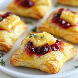 For these tasty Cranberry Brie Pastry Bites, gather the following ingredients: - 1 sheet of puff pastry (thawed) - 1 cup fresh cranberries (or cranberry sauce) - 1 tablespoon honey (or maple syrup) - 1 teaspoon orange zest - 1/2 teaspoon cinnamon - 1 cup brie cheese, cut into small pieces - 1 egg (beaten, for egg wash) - Sea salt for sprinkling - Fresh thyme leaves (for garnish, optional) You can easily swap ingredients based on what you have. If you don’t have fresh cranberries, use cranberry sauce. It will still taste great. Honey can turn into maple syrup if you want a vegan option. For cheese, brie is best, but camembert works too. If you need a dairy-free choice, try a non-dairy cheese that melts well. Fresh cranberries give a bright flavor. They burst when cooked and add texture. Frozen cranberries are also fine to use. They may take a little longer to cook down because they have more moisture. Puff pastry should be thawed before use. This ensures it bakes up fluffy and crisp. If you can, use fresh ingredients for the best taste. {{ingredient_image_1}} Start by cooking your cranberries. In a small pot, mix 1 cup of fresh cranberries with 1 tablespoon of honey, 1 teaspoon of orange zest, and 1/2 teaspoon of cinnamon. Heat this over medium heat. Stir it often for about 5 to 7 minutes. You’ll know it's ready when the cranberries burst and the mixture gets thick. Once done, take it off the heat and let it cool. This sweet and tart mix is the star of your bites! Next, let’s get the puff pastry ready. First, take 1 sheet of thawed puff pastry and place it on a lightly floured surface. Unfold it gently. Roll it out a bit to smooth out any creases. Now, cut this sheet into 2-inch squares. It’s important to keep them even. These squares will hold all the tasty filling. Now for the fun part—assembly! Place the squares on your parchment-lined baking sheet. Make sure to leave space between each one. In the middle of each square, add a small spoonful of your cooled cranberry mixture. Then, place a piece of brie cheese on top. Next, fold the corners of the squares over the filling. Pinch them together to seal the bites. This keeps all that goodness inside! Before baking, brush the tops of your pastry bites with a beaten egg. This gives them a nice, shiny finish. Sprinkle a pinch of sea salt over each one for extra flavor. Bake in your preheated oven at 400°F (200°C) for 15 to 20 minutes. You want them to be golden brown and puffy. Once they’re out, let them cool for a bit. If you like, garnish with fresh thyme leaves for a pop of color and flavor! To get that perfect golden brown color on your pastry bites, follow these tips. Brush the tops with beaten egg. This egg wash helps the bites brown nicely in the oven. Make sure to bake them at 400°F (200°C). This high heat is key for good puffing and color. Keep an eye on them as they bake. They should take about 15 to 20 minutes. When they turn golden, they are ready! Avoid these common mistakes for the best results. First, don’t skip the cooling step for the cranberry mixture. If it’s too hot, it can steam the pastry. Second, don’t overcrowd the baking sheet. Leave space between each pastry bite. This helps them puff up well. Lastly, remember to seal the edges firmly. If they are not sealed, the filling may leak out during baking. You can boost the flavor of your bites in many ways. Try adding chopped nuts like walnuts or pecans for crunch. A touch of balsamic glaze can add sweetness and acid. You can also use different spices, like nutmeg or ginger, for warmth. For a fresh twist, consider adding a bit of rosemary or sage. Each of these can make your bites unique and delicious! Pro Tips Use Cold Puff Pastry: Ensure your puff pastry is cold when working with it. This helps achieve a flakier texture when baked. Adjust Sweetness: Taste your cranberry mixture before filling the pastries. Adjust the sweetness with more honey or syrup if needed. Brie Alternatives: If you prefer a different cheese, camembert or goat cheese can be excellent substitutes for brie. Garnish for Flair: Fresh herbs like thyme not only add flavor but also enhance the visual appeal of your bites. {{image_2}} You can swap brie cheese for other soft cheeses. Goat cheese works well. It adds a tangy taste. Cream cheese is another option. It gives a creamy texture. For a stronger flavor, try camembert. Each cheese brings its own charm. You can make these bites sweet or savory. For sweet bites, try adding a drizzle of honey. You can mix in some chopped nuts for crunch. If you prefer savory, add herbs like rosemary. A touch of garlic can enhance the flavor. Experimenting makes it fun! You can make these bites vegan by using plant-based cheese. There are many brands available now. Use a vegan egg wash made from almond milk and flour. If you need gluten-free, look for gluten-free puff pastry. Many stores carry it. These swaps keep the taste great for everyone. To keep your Cranberry Brie Pastry Bites fresh, store them in an airtight container. Place a piece of parchment paper between layers to avoid sticking. Make sure to let them cool completely before sealing. Store them in the fridge for up to three days. This way, they stay tasty and safe to eat. When you’re ready to enjoy your bites again, preheat your oven to 350°F (175°C). Place the pastry bites on a baking sheet. Heat them for about 10-15 minutes. This will make them warm and crispy again. Avoid using the microwave, as it can make the pastry soggy. If you want to prepare ahead, you can freeze these bites. After assembling them, place the unbaked bites on a baking sheet. Freeze them for about an hour until firm, then transfer them to a freezer bag. They will last for up to three months. When you’re ready to bake, no need to thaw. Just bake them for a few extra minutes. Enjoy the ease of having a quick treat ready at any time! You can serve these bites with a fresh salad. A simple green salad works well. Pair it with a light vinaigrette for balance. You could also add some sliced apples or pears. Their sweetness complements the tart cranberries. For drinks, try sparkling water or a light wine. Both will enhance the flavors of the bites. These bites can last about three days in the fridge. Store them in an airtight container to keep them fresh. If they cool down, you may want to reheat them. A quick bake in the oven will restore the crispness. Avoid microwaving, as this can make them soggy. Yes, you can make these bites ahead of time. Prepare the cranberry mixture and assemble the bites. Then, store them in the fridge before baking. When you are ready, bake them right from the fridge. This way, they stay fresh and tasty. It’s a great time-saver for parties. Brie pairs well with many flavors. Sweet options include figs, honey, or caramelized onions. You can also try savory herbs like rosemary or thyme. Nuts like walnuts or pecans add a nice crunch, too. For a kick, consider jalapeños or spicy peppers. These flavors can make your bites even more exciting! In this blog post, we covered the main points for making delicious cranberry brie pastry bites. We explored key ingredients, step-by-step instructions, and helpful tips for perfect results. I shared variations to customize your bites and storage methods for leftovers. Now, you can feel confident making these treats for any occasion. With the right mix of flavors and techniques, your pastry bites will impress everyone. Enjoy your cooking journey and have fun sharing these tasty appetizers!