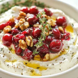 - 8 oz feta cheese, crumbled - 1/2 cup cream cheese, softened - 1/2 cup Greek yogurt - 1/4 cup honey - 1 cup fresh or frozen cranberries In this dip, the main stars are the creamy cheeses and the sweet honey. Feta adds a salty punch, while cream cheese gives a smooth texture. Greek yogurt adds a bit of tang, making each bite interesting. The honey brings sweetness that balances the flavors. - 1/4 cup chopped walnuts - 1 tablespoon fresh thyme leaves (plus extra for garnish) Chopped walnuts add a nice crunch. They also bring a nutty flavor that contrasts well with the dip. Fresh thyme adds a hint of herbal freshness. You can use it to garnish or mix it into the cranberries for extra taste. - Salt and pepper to taste - 1 tablespoon olive oil (for drizzling) You should always season to taste. A pinch of salt and a dash of pepper can really enhance the dip. Finally, a drizzle of olive oil gives it a glossy look. It also adds richness, making the dip visually appealing and tasty. This dip is not just a treat; it’s a flavorful party delight! {{ingredient_image_1}} - Combine 8 oz crumbled feta cheese, 1/2 cup softened cream cheese, 1/2 cup Greek yogurt, and 1/4 cup honey in a food processor. - Blend until smooth. Scrape down the sides to mix well. - In a small saucepan, add 1 cup of cranberries. Cook over medium heat until they burst, about 5-7 minutes. - Add a tablespoon of water if needed for even cooking. - In a serving bowl, spread the whipped feta dip on the bottom. - Layer the cranberry mixture on top. - Sprinkle 1/4 cup chopped walnuts for crunch. Drizzle with 1 tablespoon of olive oil for shine. - Garnish with fresh thyme leaves for a colorful touch. - Make sure your cream cheese is fully soft. This helps it blend well. - Let your cooked cranberries cool before you mix them in. This keeps the dip creamy. - Serve your dip with crunchy crackers and colorful vegetable sticks. They add nice texture. - Arrange everything on a rustic wooden board. This makes your dip look fancy and inviting. - Store any leftovers in an airtight container in the fridge. This keeps it fresh. - If you want to reheat it, do so gently in the microwave. This helps keep the flavors strong. Pro Tips Fresh vs. Frozen Cranberries: If using fresh cranberries, make sure they are vibrant and firm. Frozen cranberries can also work well; just thaw them before cooking for even consistency. Sweetness Adjustment: Depending on your preference, you can adjust the amount of honey in the dip. If you like it sweeter, add more honey; if you prefer a tangier flavor, reduce the honey. Texture Variation: For a chunkier dip, reserve some of the cooked cranberries and fold them in at the end instead of mixing them all in. This adds a delightful texture and visual appeal. Serving Suggestions: This dip pairs beautifully with not just crackers but also toasted baguette slices, pita chips, or even apple slices for a sweet-savory combination. {{image_2}} You can swap feta for goat cheese. Goat cheese offers a creamy texture and tangy flavor. It adds a unique twist to the dip. You can also mix in blue cheese for a bolder taste. Blue cheese gives a sharp and tangy kick that some love. Both options change the dip's character while maintaining deliciousness. If you want to change the sweetness, try maple syrup instead of honey. Maple syrup gives a rich flavor that pairs well with cranberries. For a lighter option, you can use Greek yogurt alternatives. These swaps help meet different dietary needs without losing taste. You can switch seasonal fruits into the dip for a fun twist. In summer, try adding fresh peaches or apples. These fruits bring sweetness and freshness to the mix. In winter, add herbs like rosemary for a festive touch. Rosemary adds warmth and earthiness to this creamy dip, making it perfect for holiday gatherings. This dip is a tasty treat! Each serving has about 150 calories. It offers a good mix of nutrients: - Fats: 10g - Carbohydrates: 10g - Proteins: 5g Feta cheese is not just delicious; it also has perks! It provides calcium and protein, which help build strong bones and muscles. Cranberries are rich in antioxidants. They can boost your immune system and support heart health. Walnuts add healthy fats and protein, making this dip even better for you. Good news! This dip is gluten-free. You can enjoy it with your favorite gluten-free crackers. It is also vegetarian, so everyone at your party can join in. Cranberry Whipped Feta Dip lasts about 3 to 5 days in the fridge. Make sure to store it in an airtight container. Check for signs of spoilage, like off smells or mold. If it looks or smells funny, toss it out. Fresh dips are always best! Yes, you can make this dip a day in advance. Just store it in the fridge until you are ready to serve. Keep the cranberry layer separate if you want the best texture. Assemble it just before serving for a fresh taste. This dip pairs great with many tasty dippables. Here are some ideas: - Crackers - Fresh vegetable sticks (like carrots, celery, and bell peppers) - Pita chips - Sliced baguette - Pretzels These options bring out the dip's creamy and sweet flavors, making your party extra fun! This blog post shared how to make a tasty Cranberry Whipped Feta Dip. You learned about key ingredients, like feta and cranberries. We also discussed optional add-ins and how to prepare flavors that pop. Remember, use soft cream cheese for smooth blending and cool your cranberries first. You can swap ingredients for other cheeses or sweeteners. This dip is easy to make and perfect for any gathering. Enjoy creating flavors everyone will love!
