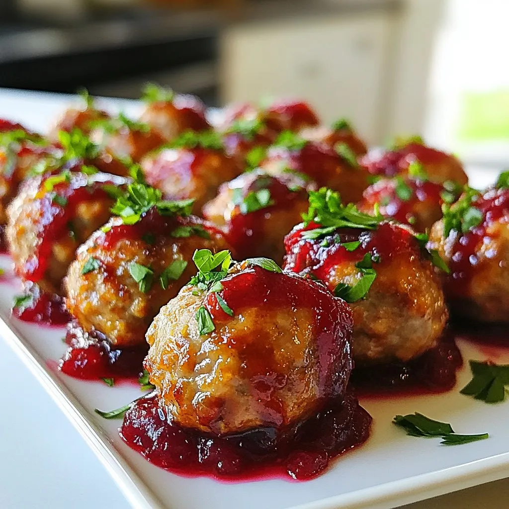 To make Christmas Cranberry Meatballs, you need a few key items. Here’s what you'll need: - 1 pound ground turkey or beef - 1 cup breadcrumbs - 1/4 cup grated Parmesan cheese - 1/4 cup fresh parsley, chopped - 1 large egg - 1 teaspoon garlic powder - 1 teaspoon onion powder - Salt and pepper to taste - 1 cup cranberry sauce (homemade or store-bought) - 1 tablespoon mustard (Dijon or yellow) - 1 tablespoon honey - 1 teaspoon rosemary, finely chopped These ingredients come together to create a tasty and festive dish. The meats provide a savory base, while the cranberry sauce adds a sweet and tangy kick. You can enhance the flavor of your meatballs with some optional ingredients. Consider adding: - 1/2 teaspoon smoked paprika for a smoky taste - 1 tablespoon Worcestershire sauce for depth - 1/4 cup finely chopped onion for extra moisture - 1/4 cup chopped nuts for crunch These extras can give your meatballs a unique twist. Feel free to mix and match based on your taste preferences. If you're missing an ingredient, don’t worry! Here are some simple substitutions: - Use ground chicken instead of turkey or beef for a lighter option. - Swap breadcrumbs with crushed crackers or oats if needed. - Try nutritional yeast instead of Parmesan for a dairy-free version. These swaps keep the spirit of the dish alive while making it easier for you to cook. Enjoy crafting your Christmas Cranberry Meatballs! {{ingredient_image_1}} First, preheat your oven to 400°F (200°C). Line a baking sheet with parchment paper. In a large bowl, mix these ingredients: - 1 pound ground turkey or beef - 1 cup breadcrumbs - 1/4 cup grated Parmesan cheese - 1/4 cup fresh parsley, chopped - 1 large egg - 1 teaspoon garlic powder - 1 teaspoon onion powder - Salt and pepper to taste Combine everything well. You want all the flavors to blend. Next, form the mixture into small meatballs, about 1 inch wide. Place the meatballs on the baking sheet. Now, it’s time to bake! Put the baking sheet in the oven. Bake the meatballs for 20-25 minutes. They should be golden brown and cooked through. To check, cut one open; it should be no longer pink inside. While the meatballs bake, let’s make the sauce. In a saucepan, mix together: - 1 cup cranberry sauce (homemade or store-bought) - 1 tablespoon mustard (Dijon or yellow) - 1 tablespoon honey - 1 teaspoon rosemary, finely chopped Heat this mixture over medium heat. Stir until it warms up and thickens, which takes about 5-7 minutes. Once the meatballs are done, take them out of the oven. Add them to the saucepan and gently toss to coat. Let them simmer for 5 minutes. This helps the meatballs soak in the tasty sauce. To make juicy meatballs, use ground turkey or beef with some fat. The fat helps keep them moist. Mix the meat gently with your hands. Over-mixing makes them tough. Add breadcrumbs and cheese for texture, and don’t forget the egg! It binds everything. Also, season well with salt and pepper. This adds flavor. Bake them just until golden brown. This usually takes 20 to 25 minutes. You can prepare these meatballs ahead of time. Just make the meatballs and place them on a tray. Freeze them for about an hour until firm. Then, transfer them to a bag. They will not stick together. To cook, you can bake them straight from the freezer. Simply add a few extra minutes to the cooking time. For the sauce, you can also make it ahead. Store it in the fridge for up to three days. When serving these festive meatballs, presentation matters. Use a bright platter and garnish with fresh parsley. This adds color and makes it festive. Drizzle extra cranberry sauce over the top for a beautiful look. Use toothpicks for easy serving. You can also pair them with small bread rolls. This makes them fun finger foods. Offer some festive drinks like punch or spiced cider to complete the experience. Pro Tips Choose the Right Meat: Ground turkey is a healthier option, but ground beef provides more flavor. Select based on your preference or dietary needs. Perfectly Sized Meatballs: Aim for uniformity in size when forming meatballs to ensure even cooking. A scoop can help maintain consistency. Enhance the Sauce: For a more complex flavor, consider adding a splash of orange juice or zest to the cranberry sauce mixture. Make Ahead: Prepare the meatballs and sauce a day in advance. Store them separately in the refrigerator, then reheat before serving for convenience. {{image_2}} You can switch out the meat in this recipe. Ground chicken works well for a lighter dish. If you prefer beef, use lean ground beef. For a richer flavor, consider ground lamb. Each option brings a unique taste to your meatballs. To make vegetarian meatballs, use a mix of lentils and mushrooms. They add great texture and flavor. For a vegan option, use flaxseed meal as a binder instead of egg. Also, choose plant-based meat alternatives, like crumbled tempeh, for the base. These options make the dish suitable for everyone. While cranberry sauce shines, you can explore other flavors. Try a barbecue sauce for a smoky twist. A sweet chili sauce can add heat and sweetness. For a unique touch, mix cranberry with orange juice for citrus notes. Each sauce will change the meatballs’ flavor profile dramatically. To keep your leftover meatballs fresh, let them cool first. Place them in an airtight container. You can store them in the fridge for up to four days. Make sure to keep the cranberry sauce with the meatballs for added flavor. When you're ready to enjoy your meatballs again, reheat them gently. You can use the microwave or stove. If using the microwave, heat in short bursts of 30 seconds. For the stove, warm them on low heat in a pan. Add a splash of water or sauce to keep them moist. If you want to save meatballs for later, freezing is a great option. Place cooled meatballs and sauce in a freezer-safe bag. Squeeze out extra air to prevent freezer burn. They will stay good for up to three months. To thaw, move them to the fridge overnight. Reheat as mentioned above for the best taste. Yes, you can use ground chicken. It will work well in this recipe. Ground chicken has a lighter flavor. It also keeps the meatballs moist. Make sure to adjust the cooking time as needed. You can keep leftover meatballs for about three to four days. Store them in an airtight container. Always place them in the fridge. If you want to keep them longer, consider freezing them. They can last up to three months in the freezer. These meatballs pair well with various sides. You might try mashed potatoes or rice. They also go great with a fresh salad. For a festive touch, serve them with roasted vegetables. Don’t forget toothpicks for easy serving! Yes, you can make these meatballs ahead of time. You can prepare and bake them a day before. Just reheat them in the oven or on the stove. This saves time on the party day, letting you enjoy the fun! This blog post covered how to make tasty Christmas cranberry meatballs. You learned about the main and optional ingredients. I shared tips for making juicy meatballs and how to store leftovers. You can even adapt the recipe for different diets or flavors. Incorporating these ideas will help you impress your guests. Enjoy making this festive dish!
