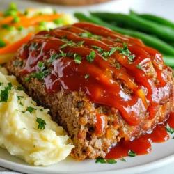 - 1 lb ground beef - 1/2 lb ground turkey - 1 cup breadcrumbs - 1 small onion, finely chopped - 2 cloves garlic, minced - 1 cup carrots, finely grated - 1/2 cup celery, finely chopped - 2 large eggs These main ingredients form the heart of your meatloaf. The ground beef gives it rich flavor, while the turkey keeps it lean. Chopped onion and minced garlic add a savory depth. Grated carrots and celery bring sweetness and crunch. Breadcrumbs bind everything together, and eggs help hold the loaf’s shape. - 3 tablespoons ketchup (plus extra for topping) - 2 tablespoons Worcestershire sauce - 1 teaspoon dried thyme - 1 teaspoon smoked paprika - 1/2 cup milk - Salt and pepper to taste For seasonings, ketchup adds tang and moisture. Worcestershire sauce deepens the flavor. Thyme and smoked paprika add warmth and aroma. Milk keeps the meatloaf moist, while salt and pepper enhance taste. This mix of flavors creates a classic taste in every slice. - Fresh parsley, chopped (for garnish) Garnishing with fresh parsley makes your meatloaf look beautiful. It adds a pop of color and a hint of freshness. Additional ketchup on top gives it a glossy finish and extra flavor. Serve it warm for a cozy touch. {{ingredient_image_1}} First, preheat your oven to 350°F (175°C). This helps cook the meatloaf evenly. Next, grab a large mixing bowl. In this bowl, combine 1 pound of ground beef and 1/2 pound of ground turkey. The mix of meats gives flavor and texture. Now, add 1 cup of breadcrumbs, 1 finely chopped onion, 2 minced garlic cloves, 1 cup of finely grated carrots, and 1/2 cup of chopped celery. These veggies add moisture and sweetness. Use your hands to mix them well. In another bowl, whisk together 1/2 cup of milk and 2 large eggs. This mixture will help bind the meatloaf. Then, add 3 tablespoons of ketchup, 2 tablespoons of Worcestershire sauce, 1 teaspoon of dried thyme, 1 teaspoon of smoked paprika, and a pinch of salt and pepper. Mixing these wet ingredients creates a tasty sauce that enhances the meatloaf. Pour this mixture into the meat and veggie mix. Use your hands or a spoon to blend it all together. Now, shape the meat mixture into a loaf. Place it in a greased loaf pan or a baking dish. This helps it keep its shape. Take some extra ketchup and spread a thin layer over the top of the meatloaf. This adds a nice glaze and flavor. Bake your meatloaf in the oven for 1 hour. Use a meat thermometer to check that it reaches 160°F (70°C). Let the meatloaf rest for 10 minutes after baking. This helps keep the juices inside. Slice it up and serve! To make the best meatloaf, you want it to be tender. Here are some tips: - Use a mix of meats: Combining ground beef and ground turkey gives a nice balance of flavor and texture. - Add moisture: Ingredients like milk and grated carrots keep the meatloaf soft. - Don’t over-mix: When you combine the ingredients, mix just enough to blend. Too much mixing can make it tough. To boost flavor, consider these ideas: - Add cheese: Mixing in shredded cheese can add richness. Try cheddar or mozzarella. - Incorporate fresh herbs: Chopped parsley, thyme, or basil can make a big difference in taste. - Experiment with breadcrumbs: Try panko for a crunchier texture or whole wheat for a healthier option. Resting your meatloaf is key. Here’s why: - Let it sit: After baking, let the meatloaf rest for 10 minutes. This helps the juices stay inside when you slice it. For serving, consider these ideas: - Presentation matters: Serve slices on warm plates with creamy mashed potatoes and green beans. - Add color: Drizzle some ketchup on the plate for a pop of color and flavor. These tips will help you create a meatloaf that’s not just tasty, but also visually appealing. Enjoy the process and make it your own! Pro Tips Use a Meat Thermometer: Checking the internal temperature with a meat thermometer ensures that your meatloaf is cooked perfectly and safe to eat. Add Flavor with Herbs: Fresh or dried herbs like basil or oregano can elevate the flavor profile of your meatloaf, enhancing its homestyle taste. Customize Your Veggies: Feel free to swap in your favorite vegetables like bell peppers or zucchini to add variety and nutrition to the meatloaf. Rest Before Slicing: Allowing the meatloaf to rest before slicing prevents it from falling apart and helps retain its juices for a moist and flavorful dish. {{image_2}} You can switch the meat in your meatloaf. Ground chicken works well if you want a lighter dish. It has a mild taste that pairs nicely with spices. You can also use ground turkey, which is lean and healthy. If you prefer plant-based options, try lentils or chickpeas. These options are tasty and full of protein. They give a nice texture without meat. Adding veggies makes meatloaf more nutritious. You can mix in grated zucchini or bell peppers. They add moisture and flavor. Spinach is another great choice; it wilts down and blends in well. You can also add mushrooms for an earthy taste. Carrots and celery are classic, but don't be afraid to get creative. Just chop them small so they cook evenly. Meatloaf has many styles worldwide. In Italy, they make a dish called polpettone. It often includes herbs and cheese. In Germany, you might find meatloaf served with a sweet sauce. In Mexico, they use chili spices and add beans. Each version shows how different cultures enjoy this comfort food. Try these twists to explore new flavors in your own kitchen. To store leftovers in the refrigerator, first, let the meatloaf cool completely. Wrap it tightly in plastic wrap or aluminum foil. You can also place it in an airtight container. This keeps it fresh for up to three days. If you have slices, layer them with parchment paper to prevent sticking. Always mark the date on the container to track freshness. Freezing meatloaf is easy and great for meal prep. First, let the meatloaf cool. Then, wrap it tightly in plastic wrap or aluminum foil. Place it in a freezer-safe bag or container. It can last up to three months in the freezer. When you are ready to eat, thaw it in the fridge overnight. To reheat meatloaf, use an oven for best flavor. Preheat your oven to 350°F (175°C). Place the slices in a baking dish. Cover with foil to keep moisture in. Heat for about 20 minutes or until warm. You can also use a microwave, but it may dry out the meatloaf. If using a microwave, add a splash of water and cover it with a microwave-safe lid. This helps keep the meatloaf moist. You should bake meatloaf for about one hour at 350°F (175°C). Check the internal temperature. It should reach 160°F (70°C). This ensures the meatloaf is safe to eat. A good meatloaf has a nice, firm texture. If it feels soft, it may need more time. Yes, you can prepare meatloaf ahead of time. Mix the ingredients and shape the loaf. Cover it and place it in the fridge for a day. You can also freeze it before baking. Just wrap it well in plastic wrap. When ready, bake it straight from the freezer. This saves time on busy days. Classic sides for meatloaf include: - Mashed potatoes - Steamed green beans - Roasted carrots - Creamy coleslaw These sides add color and flavor to your meal. You can drizzle extra ketchup on the plate for a tasty touch. Enjoying these dishes with your meatloaf makes the meal even better! This guide covered everything you need for a great meatloaf. We explored key ingredients like beef, turkey, and vegetables. You learned how to mix wet ingredients and shape your loaf. Tips for perfect texture and flavor added depth to the recipe. In the end, meatloaf offers endless possibilities for variation and personalization. With these steps, you can make a delicious meal that will impress anyone. Enjoy your cooking journey, and don't hesitate to experiment for fun.