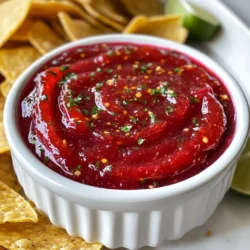 To make this tasty dip, you need: - 1 cup cranberry sauce (homemade or store-bought) - 1/2 cup sweet pepper jelly - 1/4 cup cream cheese, softened - 1/4 teaspoon garlic powder - 1 tablespoon fresh lime juice - Salt and pepper to taste - Tortilla chips or pita chips for serving These ingredients blend well together. The tartness of the cranberry sauce meets the sweetness of the pepper jelly, creating a great balance. The cream cheese adds creaminess, making every bite smooth. You can add some optional ingredients to boost flavor: - 1 tablespoon fresh cilantro, chopped Cilantro adds a fresh taste that brightens the dip. If you are not a cilantro fan, feel free to skip it. The dip still tastes great without it! This dip is versatile and pairs well with many snacks and meals. Here are my top picks: - Tortilla chips: They add a nice crunch. - Pita chips: These are softer but still flavorful. - Fresh veggies: Carrot sticks or celery give a healthy option. You can also use this dip as a spread on sandwiches or wraps. It complements grilled meats too, adding a sweet and tangy kick. Enjoy experimenting with different pairings! {{ingredient_image_1}} To start, gather your main ingredients. You need: - 1 cup cranberry sauce - 1/2 cup sweet pepper jelly - 1/4 cup cream cheese, softened If you want, you can also use fresh lime juice, garlic powder, and cilantro. Each adds a unique flavor. I love using homemade cranberry sauce. It gives a fresh taste that store-bought options can lack. Sweet pepper jelly adds a nice sweetness and a little heat. In a mixing bowl, combine the cranberry sauce and sweet pepper jelly. Use a spoon or spatula to stir them together. Once combined, add the softened cream cheese. Mix until it is smooth and creamy. You can use a hand mixer or a whisk for this. Next, sprinkle in the garlic powder and pour in the lime juice. Stir until everything is blended well. Before finishing, taste the dip. Add salt and pepper to your liking. If you want a fresh touch, gently fold in chopped cilantro at this stage. Transfer your dip to a serving bowl. Chill it in the refrigerator for at least 30 minutes. This helps the flavors blend. Serve the dip cold or at room temperature. It pairs well with tortilla chips or pita chips. You can also try it with fresh veggies for a lighter option. Enjoy this dip at parties or as a fun snack! To get the right texture, blend the ingredients well. Start with room-temperature cream cheese. This makes it easy to mix in. Use a hand mixer or whisk for a smooth finish. If your dip is too thick, add a little more lime juice. This will help loosen it. If it's too runny, add more cream cheese. Let it chill for at least 30 minutes. Chilling helps the dip to firm up. You can boost the flavor in many ways. Add more garlic powder for a stronger kick. Fresh herbs like cilantro add a bright taste. You could also try diced jalapeños for heat. A pinch of cumin brings an earthy flavor. If you like sweet, add a splash of honey. Always taste as you go. Adjust flavors to fit your personal taste. How you serve the dip matters. Use a colorful bowl to make it pop. Garnish with a sprinkle of cilantro on top. Serve with tortilla or pita chips arranged around it. For a fun twist, add a few slices of lime on the side. This adds color and a fresh feel. Make your dip look inviting, and people will love to try it! Pro Tips Use Fresh Ingredients: Fresh lime juice and cilantro elevate the flavor of the dip, making it more vibrant and delicious. Chill for Best Flavor: Allowing the dip to chill for at least 30 minutes helps the flavors meld together, resulting in a tastier dip. Experiment with Spices: Feel free to add other spices like cumin or smoked paprika for a unique twist on the flavor profile. Pairing Options: This dip also pairs well with veggies like celery or bell pepper strips for a healthier snack option. {{image_2}} You can add heat to your cranberry pepper jelly dip. Try mixing in diced jalapeños or crushed red pepper flakes. This adds a nice kick. If you want more flavor, use chipotle peppers in adobo sauce. They give a smoky taste, too. You can also add hot sauce for a quick spice boost. Cream cheese is great, but you can switch it up. Use goat cheese for a tangy twist. It pairs well with sweet flavors. Another option is feta cheese, which adds a salty touch. You could even try a sharp cheddar for a bold taste. Each choice will change the dip's flavor profile. Make your dip fit the season. In fall, add pumpkin puree for a rich flavor. You can also mix in cinnamon for warmth. In winter, try adding dried cranberries or nuts for texture. For spring, fresh herbs like basil can brighten the dip. Each season brings new options to explore, keeping it fresh and exciting. To keep your cranberry pepper jelly dip fresh, store it in an airtight container. Make sure the container is clean and dry. Place the dip in the fridge right after serving. It can last up to four days. Before you serve it again, give it a good stir. You may need to add a bit more lime juice or salt to refresh the taste. You can freeze the dip if you want to keep it longer. Use a freezer-safe container or a heavy-duty freezer bag. Make sure to leave some space at the top. The dip may expand as it freezes. When ready to eat, move it to the fridge overnight to thaw. It can last up to three months in the freezer. You do not need to heat this dip. It tastes great cold or at room temperature. If you prefer it warm, place a small amount in a pot over low heat. Stir gently until it warms through. Avoid boiling it, as this can change the texture. Serve it hot with your favorite chips for a cozy snack. Yes, you can use homemade cranberry sauce. It adds a fresh taste. If you make it, ensure it is thick enough. This will help the dip hold well. Homemade sauce lets you control the sweetness and tartness, making the dip unique. You can serve this dip with tortilla chips or pita chips. They add a nice crunch. Fresh veggies like celery and bell peppers also work well. Soft bread or crackers are great choices too. Cheese platters are a fun option too. Pair it with soft cheeses like cream cheese or goat cheese for extra flavor. The dip lasts about three days in the refrigerator. Make sure to store it in an airtight container. If it separates, just stir it well before serving again. This dip is perfect for making ahead of time. It gives the flavors more time to blend. This post covered the key ingredients for your dish, how to prepare them step-by-step, and tips for perfecting your recipe. I also shared variations for exciting flavors and storage tips for leftovers. Keeping these ideas in mind will help you create a dip that impresses. Experiment and enjoy the process. Your next gathering will be a hit!