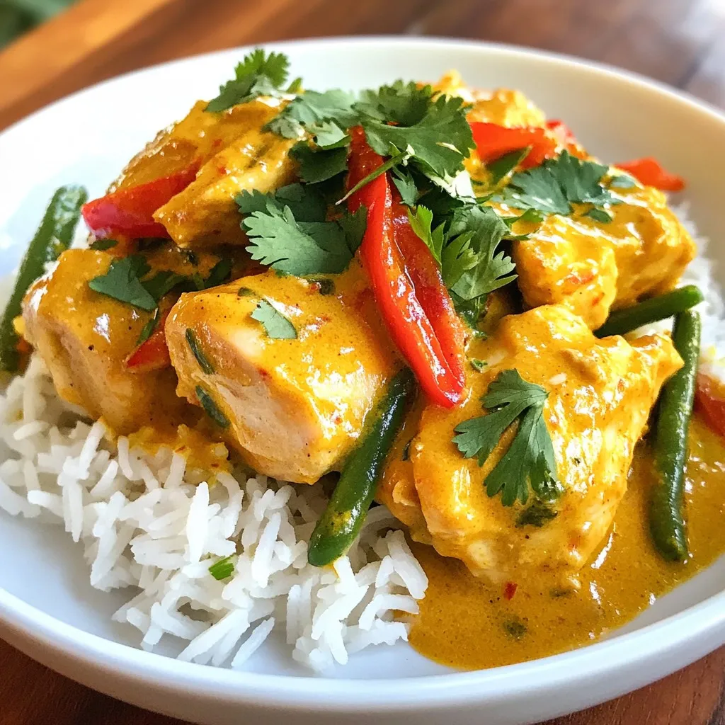 To make this tasty slow cooker chicken curry, you need these key items: - 1.5 lbs boneless chicken thighs, cut into chunks - 1 can (13.5 oz) coconut milk - 1 medium onion, finely chopped - 3 cloves garlic, minced - 1-inch piece of ginger, grated - 2 tablespoons red curry paste - 1 tablespoon soy sauce - Salt and pepper to taste These ingredients bring rich flavor and creamy texture to the dish. The chicken thighs stay juicy and tender during cooking. Coconut milk adds a smooth, sweet taste that balances the spice. You can add more flavor with these optional ingredients: - 1 tablespoon fish sauce - 1 red bell pepper, sliced - 1 cup green beans, trimmed and cut in half Fish sauce gives a deeper umami flavor. Red bell peppers add color and sweetness, while green beans bring a nice crunch. Feel free to mix and match based on your taste! For a lovely finish, use these garnishes: - Fresh cilantro, for garnish - Cooked jasmine rice, for serving Cilantro adds a fresh touch. Jasmine rice serves as a perfect base for your curry. This combo helps balance the heat and makes your meal complete! {{ingredient_image_1}} First, grab your slow cooker. Add one can of coconut milk. Then, toss in the chopped onion, minced garlic, and grated ginger. Next, add two tablespoons of red curry paste. This gives the dish its bold flavor. Mix in one tablespoon of soy sauce and the fish sauce, if you choose to use it. Stir everything well until it’s blended. Now it's time for the chicken. Take 1.5 pounds of boneless chicken thighs and cut them into chunks. Place the chicken in the slow cooker. Make sure each piece gets coated in the coconut curry mix. Season with salt and pepper to your liking. After that, slice one red bell pepper and add it to the pot. Don’t forget to trim and cut one cup of green beans in half, and add those too. Cover the slow cooker with its lid. You can cook this curry on low for 6-7 hours or on high for 3-4 hours. I recommend low for the best taste. Check if the chicken is tender when the time is up. When it’s ready, gently stir the curry to mix the chicken and veggies with the sauce. Enjoy this meal over jasmine rice and add fresh cilantro on top for a nice touch. To boost the taste of your slow cooker chicken curry, add fresh herbs. Cilantro gives a bright note. You can also try adding a squeeze of lime juice before serving. This adds a nice zing. If you want more depth, use more garlic and ginger. Fresh ingredients make a big difference. If you like it spicy, add more red curry paste. A little goes a long way, so start small. Taste as you go. If it gets too hot, balance it with more coconut milk or sugar. This can help tone down the heat. You can always add more spice, but removing it is hard. If your curry is too thick, add a bit of water or extra coconut milk. Stir it well to mix. If it’s too watery, let it cook longer with the lid off. This helps the sauce thicken. If the chicken isn't tender, it might need more time. Cooking on low for longer often helps. Don’t rush the process for best results. Pro Tips Marinate the Chicken: For deeper flavor, marinate the chicken in the coconut milk and curry paste mixture for at least 30 minutes or overnight before cooking. Vegetable Variations: Feel free to add other vegetables like carrots, zucchini, or spinach for extra nutrition and color. Adjusting Spice Level: If you prefer a spicier curry, add some sliced fresh chili or a dash of chili flakes to the slow cooker. Serving Suggestions: Serve with lime wedges on the side for a burst of freshness, and consider adding naan bread for dipping. {{image_2}} You can make this curry without meat. Replace the chicken with chickpeas or tofu. Use the same amount of coconut milk. Add extra veggies like carrots or zucchini. This makes a hearty meal too. If you want a protein boost, try lentils. They add a nice texture and flavor. Feel free to swap chicken for other meats. You can use boneless beef or pork. Cut them into small pieces just like the chicken. For a lighter option, try shrimp. Add shrimp in the last 30 minutes of cooking. This keeps them tender and juicy. You can change the flavor of your curry easily. If you like it spicier, add more red curry paste. Or toss in some fresh chili peppers. For a sweeter taste, add a spoonful of brown sugar. You can also add lime juice for a zesty kick. Experiment with fresh herbs like basil or mint for a twist. After you enjoy your chicken curry, let it cool. Place the leftovers in an airtight container. Store them in the fridge for up to three days. If you want to keep it longer, consider freezing. Always label your containers with the date. When you're ready to eat again, heat your curry gently. You can use the microwave or a pot on the stove. If using the microwave, heat for two minutes, then stir. If using the stove, warm it over medium heat, stirring often. Add a splash of water if it seems too thick. To freeze your chicken curry, use a freezer-safe container. It can last for up to three months in the freezer. When you want to eat it, move it to the fridge overnight to thaw. You can also thaw it in the microwave, but be careful not to cook it again. After thawing, heat it well before serving. Yes, you can use frozen chicken in this recipe. Just make sure to adjust the cooking time. If you use frozen chicken, it may need an extra hour. Always check that the chicken is fully cooked before serving. It should reach an internal temperature of 165°F. This method is great for last-minute meals! If you need a substitute for coconut milk, try using almond milk or soy milk. For a creamier texture, mix in some plain yogurt or heavy cream. Keep in mind that these alternatives will change the flavor a bit. Adjust spices to get the taste you want. To make the dish spicier, add more red curry paste or a chopped chili pepper. You can also include cayenne pepper or crushed red pepper flakes. Start with a small amount, then taste and adjust. This way, you get the heat just right for your palate! In this post, we explored essential ingredients, step-by-step cooking, and useful tips for your curry. I shared variations to suit different diets and storage tips for leftovers. Curry is adaptable and fun. You can customize it to match your taste. With practice, you can perfect your dish. Enjoy cooking and sharing it with others!