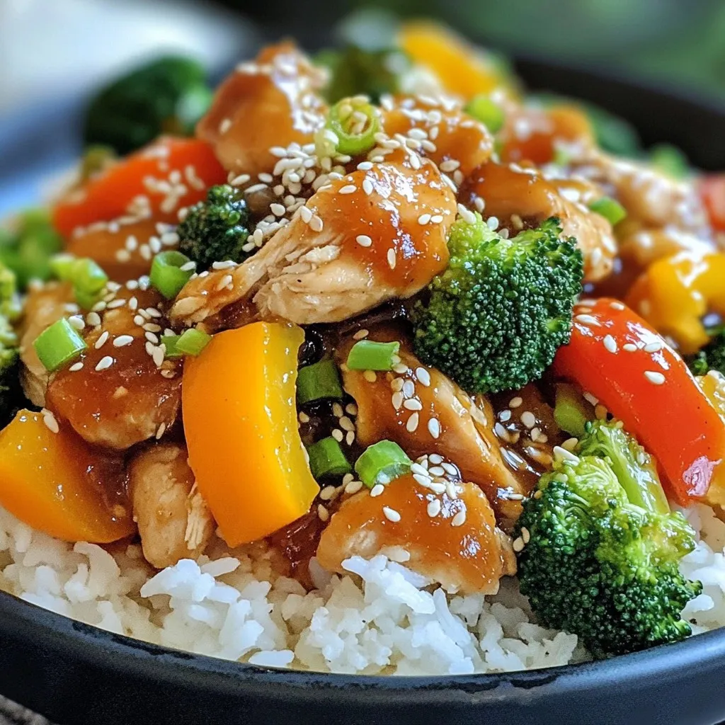 - 4 boneless, skinless chicken thighs - 1/2 cup honey - 1/4 cup low sodium soy sauce - 4 cloves garlic, minced - 1 tablespoon fresh ginger, grated - 2 tablespoons apple cider vinegar - 1 tablespoon sesame oil - 1/2 teaspoon red pepper flakes (optional) - 1 cup bell peppers, sliced - 1 cup broccoli florets - Cooked rice or quinoa - Sesame seeds - Green onion Gathering the right ingredients is key for great flavor. Start with the chicken thighs. They give the dish its rich taste and juicy texture. Honey adds sweetness, while low sodium soy sauce brings that savory umami. Garlic and ginger infuse the dish with warmth and depth. Next, for an added zing, don’t skip the apple cider vinegar. It balances the sweetness of honey nicely. Sesame oil adds a nutty note. If you like a bit of heat, toss in red pepper flakes. The bell peppers and broccoli not only make the meal colorful but also pack in nutrients. When it comes to serving, I love pairing this dish with rice or quinoa to soak up all that delicious sauce. A sprinkle of sesame seeds and chopped green onion on top gives it a lovely crunch and bright finish. Enjoying this meal is not just about taste; it’s about savoring a dish made with love. {{ingredient_image_1}} First, you need to make the sauce. In a bowl, whisk together these ingredients: - 1/2 cup honey - 1/4 cup low sodium soy sauce - 4 cloves garlic, minced - 1 tablespoon fresh ginger, grated - 2 tablespoons apple cider vinegar - 1 tablespoon sesame oil - 1/2 teaspoon red pepper flakes (optional for heat) Mix them well until smooth. This sauce is sweet, tangy, and full of flavor. Next, lay the chicken thighs flat at the bottom of the slow cooker. Make sure they fit nicely. Pour the honey garlic sauce over the chicken, coating it well. Then, add your vegetables. Use: - 1 cup bell peppers, sliced - 1 cup broccoli florets Layer them over the chicken and sauce. This adds color and nutrition. Now, cover the slow cooker. Cook on low for 4 to 6 hours. The chicken should be tender and reach an internal temperature of at least 165°F (75°C). After cooking, remove the chicken from the slow cooker. Use two forks to shred it into pieces. Return the shredded chicken to the slow cooker. Mix it with the sauce and vegetables. Cook for an extra 10 to 15 minutes on low. This helps the flavors blend well. Check the chicken's internal temperature. It needs to reach 165°F/75°C for safety. Every slow cooker cooks a bit differently, so adjust your cooking time if needed. If your slow cooker runs hot, check the chicken sooner. If it cooks low, give it a bit more time. This ensures your chicken stays tender and juicy. Serve your honey garlic chicken over a bed of rice or quinoa. Both options soak up the sauce well. They also add a nice texture. For a pop of color and crunch, garnish with sesame seeds and chopped green onion. They make the dish look pretty and taste great. Want more flavor? Add extra garlic or ginger into the sauce. These ingredients bring out the dish's natural sweetness. You can also swap in different veggies based on what you have. Carrots, snap peas, or even zucchini work well. Just make sure to add them at the right time to keep them crisp and colorful. Pro Tips Choose the Right Chicken: For the best flavor and tenderness, use boneless, skinless chicken thighs instead of breasts. They hold up better during the slow cooking process and remain juicy. Customize Your Veggies: Feel free to add or substitute other vegetables like carrots, snap peas, or zucchini based on your preference or what you have on hand. Thicken the Sauce: If you prefer a thicker sauce, remove the chicken and vegetables once cooked, then transfer the sauce to a saucepan and simmer until it reduces to your desired consistency. Make It Ahead: This dish is perfect for meal prep! Make a double batch and store leftovers in an airtight container in the fridge for up to 4 days or freeze for up to 3 months. {{image_2}} You can switch honey for maple syrup or agave. These options add a nice sweetness. If you want a different protein, try chicken breasts or even tofu. Both work well and soak up the sauce nicely. To change the heat, add more red pepper flakes for spice. If you want it milder, skip the flakes. You can also try different flavors. For a twist, use teriyaki or sweet and sour sauce instead of honey. These options add a unique flair to your dish. Feel free to mix in other veggies. Carrots and snap peas taste great in this recipe. You can add them early in the cooking process. For delicate veggies like zucchini, add them in the last hour of cooking. This keeps them fresh and vibrant. After you finish your meal, let the chicken cool down. Place it in a container with a tight lid. Store it in the fridge. You can keep it for up to four days. This helps keep it fresh and tasty. To freeze honey garlic chicken, use a freezer-safe container. Make sure to leave some space for expansion. You can freeze it for up to three months. When you want to eat it, thaw it in the fridge overnight. Then, reheat it in a pot on the stove or microwave until hot. To make cooking easier, prep your ingredients in advance. Chop the bell peppers and broccoli ahead of time. You can also mix the sauce and store it in the fridge. This way, your meal will be quick to put together. If you have leftovers, try adding them to a salad or wrap for lunch. Making Slow Cooker Honey Garlic Chicken takes about 15 minutes to prep. Then, you cook it for 4 to 6 hours on low. This means you can set it and forget it! If you want a quick dinner, this dish is perfect for busy days. Yes, you can cook chicken on high in the slow cooker. If you choose this setting, the cooking time shortens. It usually takes about 2 to 3 hours on high. Just make sure to check the chicken. It should reach 165°F (75°C) to be safe to eat. This dish pairs well with many sides. Here are some great options: - Cooked rice - Quinoa - Steamed vegetables - Salad - Noodles These sides balance the sweet and savory flavors of the chicken. Yes, you can make this dish gluten-free! Just use gluten-free soy sauce. Many brands offer this option. You can also check for other gluten-free ingredients. This way, everyone can enjoy the meal without worries. This blog post covered a simple recipe for Slow Cooker Honey Garlic Chicken. You learned about the key ingredients, how to prepare them, and cooking instructions. You now have tips for variations or side dishes, as well as storage advice for leftovers. This dish is not just tasty but also flexible. You can switch ingredients or adjust flavors to fit your needs. Enjoy making this meal your own!