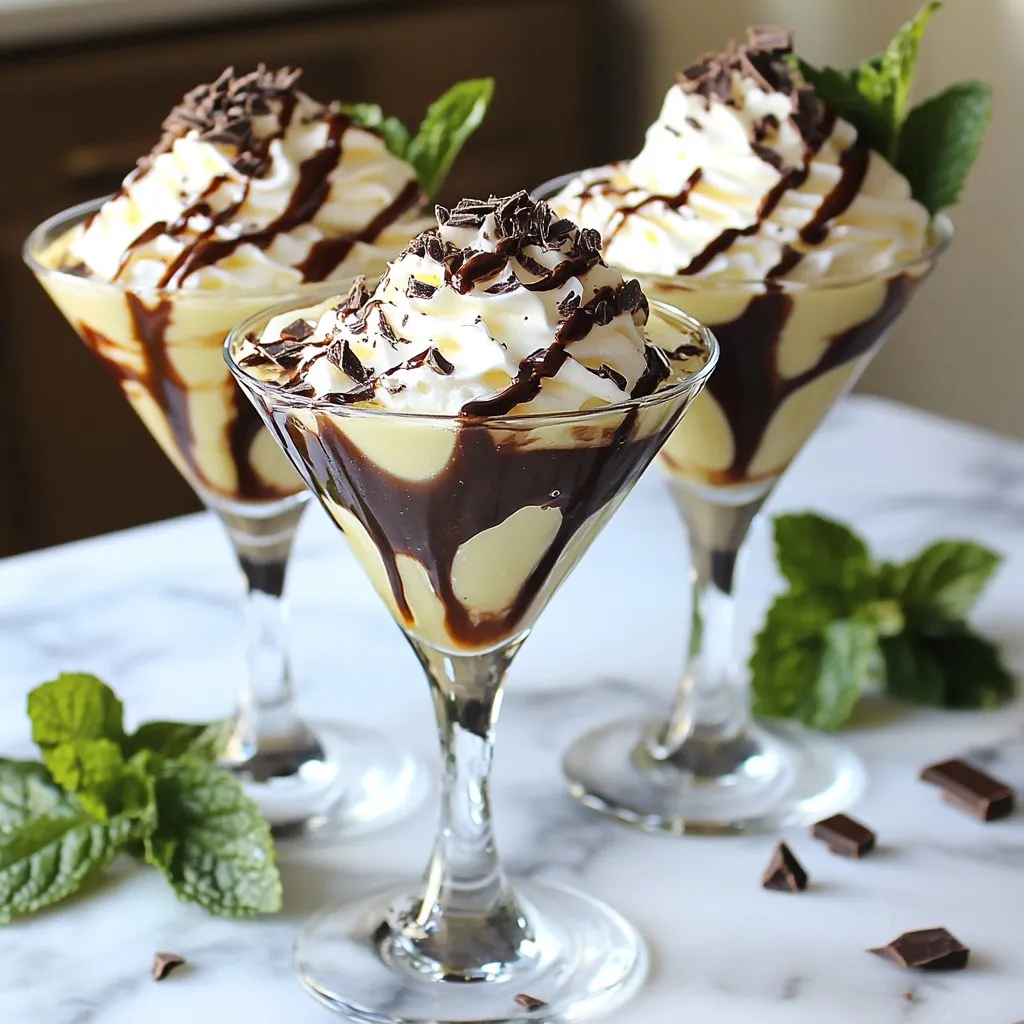 To make the Baileys Mint Martini, gather these key ingredients: - 1 cup milk - 1/2 cup heavy cream - 1/4 cup chocolate syrup - 1/4 cup mint syrup (homemade or store-bought) - 1/2 teaspoon vanilla extract - Ice cubes For a special touch, consider these garnishes: - Whipped cream (for topping) - Crushed mint leaves - Chocolate shavings You can swap ingredients based on what you have: - Use almond milk instead of regular milk for a nutty flavor. - Swap heavy cream with coconut cream for a dairy-free option. - Try using peppermint extract in place of mint syrup for a stronger mint taste. Each choice can change the taste, so feel free to experiment! {{ingredient_image_1}} Start by gathering your ingredients. You will need: - 1 cup milk - 1/2 cup heavy cream - 1/4 cup chocolate syrup - 1/4 cup mint syrup - 1/2 teaspoon vanilla extract In a mixing bowl or pitcher, combine the milk, heavy cream, chocolate syrup, mint syrup, and vanilla extract. Use a whisk to mix everything well. You want a smooth and creamy blend. This step is key for the best flavor. Next, fill a cocktail shaker with ice cubes. Pour in your creamy mixture from the bowl. Secure the lid tightly. Now, shake it hard for about 15 seconds. This chills the drink and blends the flavors. After shaking, it's time to strain the mixture. Use a fine mesh strainer to pour the drink into two chilled martini glasses. This keeps any lumps from reaching your glass and makes it look smooth. Now for the fun part—garnishing! Top each martini with a dollop of whipped cream. Then, sprinkle on some chocolate shavings for a sweet touch. Lastly, add crushed mint leaves for a pop of color and a fresh bite. This makes your drink not just tasty but also beautiful. Enjoy your Minty Bliss Martini! To make a great Baileys Mint Martini, start with fresh ingredients. Use cold milk and cream. This helps keep your drink creamy and smooth. Always whisk the milk, cream, chocolate syrup, mint syrup, and vanilla together well. Mixing well makes sure every sip tastes fantastic. Use a cocktail shaker with ice cubes. This chills the drink fast and adds a nice froth. Chilling your martini glasses is easy. Fill them with ice water for a few minutes. This keeps your drink cold longer. If you want to chill faster, put the glasses in the freezer for about 10 minutes. Cold glasses help keep the Baileys Mint Martini refreshing. Just remember to empty the ice water before pouring your drink. You can boost the flavor of your drink with a few simple tricks. Add more mint syrup for a stronger mint taste. If you love chocolate, add extra chocolate syrup. For a touch of warmth, sprinkle a tiny bit of cinnamon on top. Garnish with crushed mint leaves and chocolate shavings to make it look pretty. This will impress your guests and make your drink even better! Pro Tips Chill Your Glasses: For an extra refreshing experience, chill your martini glasses in the freezer for 10-15 minutes before serving. Customize Your Sweetness: Adjust the amount of chocolate and mint syrup to your taste preference for a personalized sweetness level. Use Fresh Mint: Freshly crushed mint leaves will provide a more vibrant flavor compared to dried mint, enhancing the minty aroma of your martini. Presentation Matters: For a stunning presentation, use a fine sieve to strain the mixture into the glasses, ensuring a smooth finish without any mint bits. {{image_2}} You can create a rich Chocolate Mint Martini. Start with the same base as the Minty Bliss Martini. Add 1 ounce of chocolate liqueur for a deeper chocolate flavor. Shake it all up just like before. Strain it into a glass and top with whipped cream. Finish with chocolate shavings for extra flair. Need a fun drink without alcohol? Make a non-alcoholic minty drink. Use the same ingredients but swap milk and cream for almond milk and coconut cream. Skip the chocolate syrup and use a mint-flavored soda. Shake it up and pour it into a glass. Garnish with whipped cream and mint leaves for a colorful treat. Want to make your own mint syrup? It's easy! Combine equal parts water and sugar in a pot. Add fresh mint leaves, then heat until sugar dissolves. Let it cool and strain out the leaves. Use this syrup in your martini or any drink for a fresh twist. To keep your leftover ingredients fresh, follow these steps: - Milk and heavy cream: Store them in the fridge in their original containers. Make sure they are tightly sealed. - Chocolate syrup: This can stay in the pantry. Just keep it in a cool, dark place. - Mint syrup: If you have extra syrup, store it in the fridge. Use a clean jar with a lid. - Crushed mint leaves: These are best used fresh. If you have leftovers, put them in a damp paper towel and seal in a bag. If you have a prepared Baileys Mint Martini, storing it is easy. - In the fridge: Pour it into a sealed container. This will keep it cold and fresh for about a day. - Do not freeze: Freezing can change the texture. The whipped cream will not hold up well. Using fresh ingredients makes your cocktail taste great. Here are some tips: - Mint leaves: Buy them fresh and store them in water. Place them in the fridge. - Cream and milk: Always check the expiration date before use. - Use clean tools: This helps to avoid mixing flavors. Clean all tools after each use. Following these tips will ensure your Baileys Mint Martini remains delightful and fresh! Baileys Mint Martini is a creamy, minty cocktail. It blends Baileys Irish Cream with mint flavors. This drink is perfect for a fun night or a cozy gathering. Its rich taste comes from milk, heavy cream, and chocolate syrup. The mint syrup adds a refreshing twist. Each sip feels like a dessert in a glass. Yes, you can prepare the mixture ahead of time. Just mix the milk, heavy cream, chocolate syrup, mint syrup, and vanilla extract. Store it in the fridge for up to a day. When ready to serve, shake it with ice to chill. Strain it into glasses and add your garnishes. This way, you save time for your guests. To change the sweetness, adjust the chocolate syrup and mint syrup. If you want it less sweet, use less syrup. For a sweeter drink, add more syrup. You can also use unsweetened milk or cream as a base. Taste as you mix to find the right balance for your palate. This post covered all you need for a great Baileys Mint Martini. We talked about what ingredients to use, how to mix, and the best way to chill your glasses. I shared fun variations and tips on storing your ingredients. Remember, you can adjust the sweetness to fit your taste. With practice, you’ll master this drink. Enjoy making it! It’s a simple way to impress your friends or relax at home. Happy mixing!