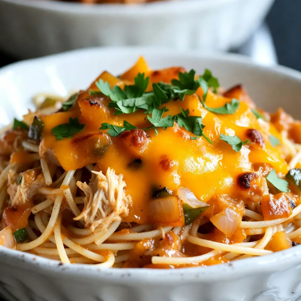 - 2 cups cooked spaghetti - 2 cups shredded rotisserie chicken - 1 can (10.5 oz) cream of mushroom soup - 1 cup chicken broth - 1 cup shredded cheddar cheese - 1 cup diced bell pepper (any color) - 1/2 cup diced onion - 1/2 teaspoon garlic powder - 1 teaspoon paprika - Salt and pepper to taste - 1 tablespoon olive oil - Fresh parsley for garnish (optional) Using rotisserie chicken saves time. It adds great flavor and tenderness. Cream of mushroom soup brings creaminess and depth to the dish. A mix of bell peppers adds color and sweetness. The chicken broth enhances the sauce. Choose your favorite cheese for topping. Cheddar melts well and gives a nice bite. If you don’t have rotisserie chicken, use any cooked chicken. You can even use canned chicken in a pinch. For cream of mushroom soup, a cream of chicken soup works too. You can swap the spaghetti with any pasta you like. For a lighter option, use zucchini noodles. If you’re out of bell peppers, try frozen mixed veggies. {{ingredient_image_1}} Start by preheating your oven to 350°F (175°C). This sets the stage for baking. While the oven warms up, grab a large skillet. Pour in the olive oil and heat it over medium. Add the diced onion and bell pepper to the skillet. Sauté them until they get soft, about 5 to 7 minutes. This brings out their sweet flavors. Stir them often to avoid burning. Once they are ready, turn off the heat and set them aside. In a large mixing bowl, combine the cooked spaghetti and shredded rotisserie chicken. Next, add the cream of mushroom soup and chicken broth. Sprinkle in the garlic powder, paprika, salt, and pepper. Mix everything well. You want to coat the noodles and chicken evenly. Now, add the sautéed onion and bell pepper mixture to this bowl. Stir until all ingredients are combined. This mix is so colorful and smells amazing! Next, transfer your mixture to a greased 9x13 inch baking dish. Spread it out evenly with a spatula. Now, take the shredded cheddar cheese and sprinkle it over the top. Make sure to cover it well for that cheesy goodness. Place the dish in your preheated oven. Bake for 25 to 30 minutes. Look for bubbly and golden cheese. Once it’s done, take it out and let it cool for a few minutes. Serve it hot and garnish with fresh parsley if you like. Enjoy your tasty chicken spaghetti! To make the best Pioneer Woman chicken spaghetti, focus on a few key steps: - Cook the pasta al dente. This keeps the spaghetti firm after baking. - Use rotisserie chicken. It saves time and adds great flavor. - Don’t rush the sauté. Softening the onion and bell pepper adds depth. - Mix well. Ensure every noodle is coated in the sauce. Here are some mistakes to watch out for: - Overcooking the pasta. This can lead to mushy spaghetti. - Skipping the seasoning. Salt and pepper enhance the dish's flavor. - Not using enough cheese. Cheese adds creaminess and richness. Aim for a generous layer. - Baking too long. Keep an eye on the cheese to avoid burning. You can change up this dish in fun ways: - Cheese choices. Try mozzarella or pepper jack for a twist. - Add spices. A pinch of cayenne brings heat, while Italian herbs add freshness. - Include veggies. Spinach or mushrooms can boost nutrition and taste. - Use different sauces. Swap cream of mushroom with cream of chicken for a different flavor. These tips will help you create a tasty, satisfying meal every time. Enjoy your cooking! Pro Tips Use Fresh Ingredients: Fresh bell peppers and onions will enhance the flavor and texture of your dish, making it even more comforting. Customize the Cheese: While cheddar is delicious, feel free to mix in other cheeses like mozzarella or pepper jack for a unique twist and added creaminess. Make it Ahead: This dish can be assembled ahead of time and stored in the fridge. Just pop it in the oven when you're ready to enjoy it! Garnish for Flavor: A sprinkle of fresh parsley or even some grated Parmesan on top before serving can elevate the dish and add a burst of flavor. {{image_2}} To add a kick to your chicken spaghetti, try spicy chicken spaghetti. You can do this by adding red pepper flakes or diced jalapeños. Start with a small amount. You can always add more if you like heat. Mix these spicy ingredients when you combine the spaghetti and sauce. This change makes your dish lively and exciting. If you want a meatless option, try vegetarian alternatives. Swap the chicken for cooked mushrooms or chickpeas. You can also add more veggies like zucchini or spinach. Use vegetable broth instead of chicken broth. This keeps the flavor strong and rich. You can make it just as creamy with the cream of mushroom soup. For gluten-free options, use gluten-free pasta. Look for brands that match the texture of spaghetti. You can also try rice noodles or quinoa pasta. These options work well with the sauce and ingredients. Always check the labels to ensure they are gluten-free. This way, everyone can enjoy this tasty meal. Store any leftover chicken spaghetti in an airtight container. Place it in the fridge. It stays good for up to 3 days. Make sure to let it cool before sealing the container. This helps keep the dish fresh. To reheat chicken spaghetti, use the microwave or oven. If using the microwave, place a serving in a bowl. Cover it with a damp paper towel. Heat for 1-2 minutes until warm. Stir halfway through to heat evenly. For the oven, preheat to 350°F. Place the spaghetti in a baking dish. Cover it with foil and heat for about 15 minutes. You can freeze chicken spaghetti for later. Use a freezer-safe container. It lasts up to 3 months in the freezer. Thaw it in the fridge overnight before reheating. This keeps the flavors intact. Yes, you can use different pasta shapes. Penne or rotini work well. They hold the sauce nicely. This makes each bite flavorful. Just be sure to cook the pasta al dente. You want it firm, not mushy. This keeps the texture when baked. Chicken spaghetti lasts about 3 to 4 days in the fridge. Store it in an airtight container. Make sure it cools down before sealing. This keeps it fresh and tasty. Check for any signs of spoilage before eating. If it smells off or looks strange, it's best to toss it. Yes, chicken spaghetti is great for meal prep. You can make it ahead of time. Just follow the recipe and store it. It reheats well and tastes even better the next day. Divide it into single servings for easy lunches or dinners. This makes weeknight meals simple and quick. In this blog post, we covered all you need to know about chicken spaghetti. We broke down the key ingredients and their swaps, along with simple cooking steps. I shared tips for success and ways to make the dish your own. Plus, you learned the best ways to store and reheat leftovers. Remember, cooking is all about finding what you love. Enjoy experimenting with flavors and make this dish your own creation!