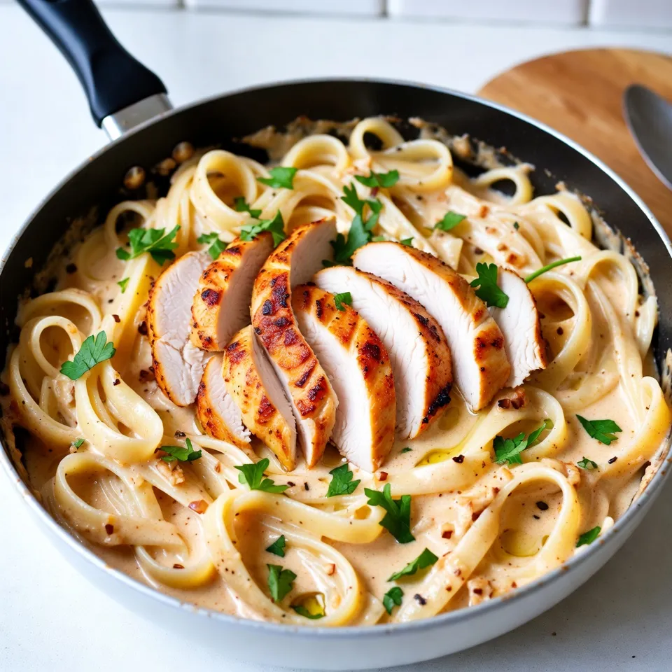 - 2 boneless, skinless chicken breasts, thinly sliced - 2 tablespoons olive oil - 3 cloves garlic, minced I love using boneless, skinless chicken breasts. They cook quickly and stay tender. Olive oil adds richness and helps the chicken brown. Garlic gives the dish a lovely aroma and flavor. - 1 cup heavy cream - 1 cup grated Parmesan cheese Heavy cream makes the sauce rich and smooth. Parmesan cheese adds a salty, nutty taste. Together, they create a creamy sauce that coats the pasta perfectly. - 8 oz fettuccine pasta - 1 teaspoon Italian seasoning - Salt and pepper to taste Fettuccine pasta is the star here. It holds the sauce well, making every bite tasty. Italian seasoning adds a burst of flavor. Salt and pepper are key to balancing the dish. {{ingredient_image_1}} 1. Bring a large pot of salted water to a boil. 2. Add the fettuccine and cook until al dente, as the package says. 3. Drain the pasta and set it aside. 1. Heat the skillet over medium heat and add olive oil. 2. Once hot, add the sliced chicken. 3. Season the chicken with salt, pepper, and Italian seasoning. 4. SautΓ© the chicken until it turns golden brown, about 5-7 minutes. 5. Remove the chicken from the skillet and set it aside. 1. In the same skillet, lower the heat and add minced garlic. 2. SautΓ© for about 30 seconds until it smells good, but don't burn it. 3. Pour in the heavy cream and let it simmer gently. 4. Stir in the grated Parmesan cheese until it melts and the sauce is creamy. 1. Add the cooked fettuccine and chicken back into the skillet. 2. Toss everything well to coat the pasta with the Alfredo sauce. 3. Cook for 2-3 minutes until everything is heated through. 4. Taste and adjust seasoning with more salt and pepper if needed. To cook chicken that is tender, remember to slice it thin. Thin slices cook faster and stay juicy. SautΓ© the chicken for about 5-7 minutes. Check that it turns golden brown and is no longer pink inside. This method helps avoid dryness. If you overcook it, the chicken can become tough. Always use a meat thermometer to ensure it reaches 165Β°F for safety. For a creamy sauce, melt the cheese slowly. After adding the heavy cream, lower the heat. Stir in the grated Parmesan cheese slowly. This helps it melt evenly. If your sauce feels too thick, add a bit more cream. You want it smooth and rich. Taste it to ensure the flavor is just right. Adjust with salt and pepper as needed. Pair your Alfredo with a fresh side salad or garlic bread. These sides balance the richness of the dish. For presentation, serve it in a large bowl. Garnish each plate with chopped parsley for color. This adds a nice touch and freshness. You can also sprinkle extra cheese on top for flavor. Pro Tips Use Fresh Ingredients: Fresh chicken and high-quality Parmesan cheese will elevate the flavor of your Alfredo sauce. Donβt Overcook the Pasta: Cook the fettuccine until al dente, as it will continue to cook slightly when tossed with the sauce. Make It Creamy: If the sauce is too thick, add a splash of pasta water to achieve the desired consistency. Customize Your Seasoning: Feel free to add red pepper flakes or extra herbs to suit your taste preferences. {{image_2}} You can switch up the pasta in this recipe. Fettuccine is classic, but penne works well too. You can even try whole wheat or gluten-free pasta. They all cook similarly. For proteins, chicken is a favorite, but shrimp or tofu are great choices too. Shrimp cooks fast and adds a nice seafood twist. Tofu makes it vegan and keeps it filling. Adding veggies can boost flavor and nutrition. Spinach is a fresh option that wilts nicely. Mushrooms add a savory depth. You can toss them in with the garlic for a tasty mix. Herbs and spices can also change the dish. Fresh basil or oregano gives it a vibrant taste. A pinch of red pepper flakes adds a kick if you like heat. If you need gluten-free options, look for gluten-free pasta. Many brands offer great alternatives that cook just like regular pasta. For a dairy-free version, use coconut milk or cashew cream instead of heavy cream. Nutritional yeast can replace Parmesan for a cheesy flavor without dairy. These swaps keep the dish creamy and tasty. Store any leftover Creamy Chicken Alfredo Skillet in an airtight container. This keeps the dish fresh and tasty. Place it in the fridge within two hours of cooking. It can last for up to three days. Make sure to label the container with the date. This way, you know when to use it. When reheating, use a skillet over low heat. This helps keep the cream smooth. Add a splash of milk or cream if the sauce looks thick. Stir often to prevent sticking. You can also use the microwave. Heat in short bursts, stirring in between. This avoids hot spots and keeps the texture nice. Yes, you can freeze Alfredo dishes! To freeze, let it cool completely. Then, place it in a freezer-safe container. Leave some space at the top, as it will expand. For best results, use it within three months. To thaw, move it to the fridge overnight. Reheat gently on the stove or in the microwave. Enjoy your meal later! If you lack heavy cream, don't worry! You can use whole milk mixed with butter. To make one cup of heavy cream, blend 3/4 cup of whole milk with 1/4 cup of melted butter. Another option is to use half-and-half. It will not be as thick but will still give you a creamy texture. To check if the chicken is done, look for a few signs. The meat should be white throughout with no pink spots. You can also use a meat thermometer. The chicken's internal temperature should reach 165Β°F (75Β°C). If you cut into it, the juices should run clear. Yes, you can prep this dish in advance. Cook the chicken and pasta, then store them separately in the fridge. When youβre ready to eat, warm them up and add the sauce. This keeps everything fresh and tasty. Just make sure to reheat gently to avoid drying out the chicken. This recipe is not spicy at all. It has a mild flavor from Italian seasoning. If you want a kick, you can add red pepper flakes or some black pepper. Start with a little and taste as you go so you donβt overpower the dish. This blog post showed you how to make a simple and tasty Creamy Chicken Alfredo. We covered the main ingredients, including chicken, cream, and pasta. You learned step-by-step instructions for cooking and combining everything perfectly. Plus, I shared tips for a great meal and ways to change it up. In the end, you can enjoy a delicious dish that fits your needs. Remember, cooking is fun and lets you be creative in the kitchen. Enjoy every bite!