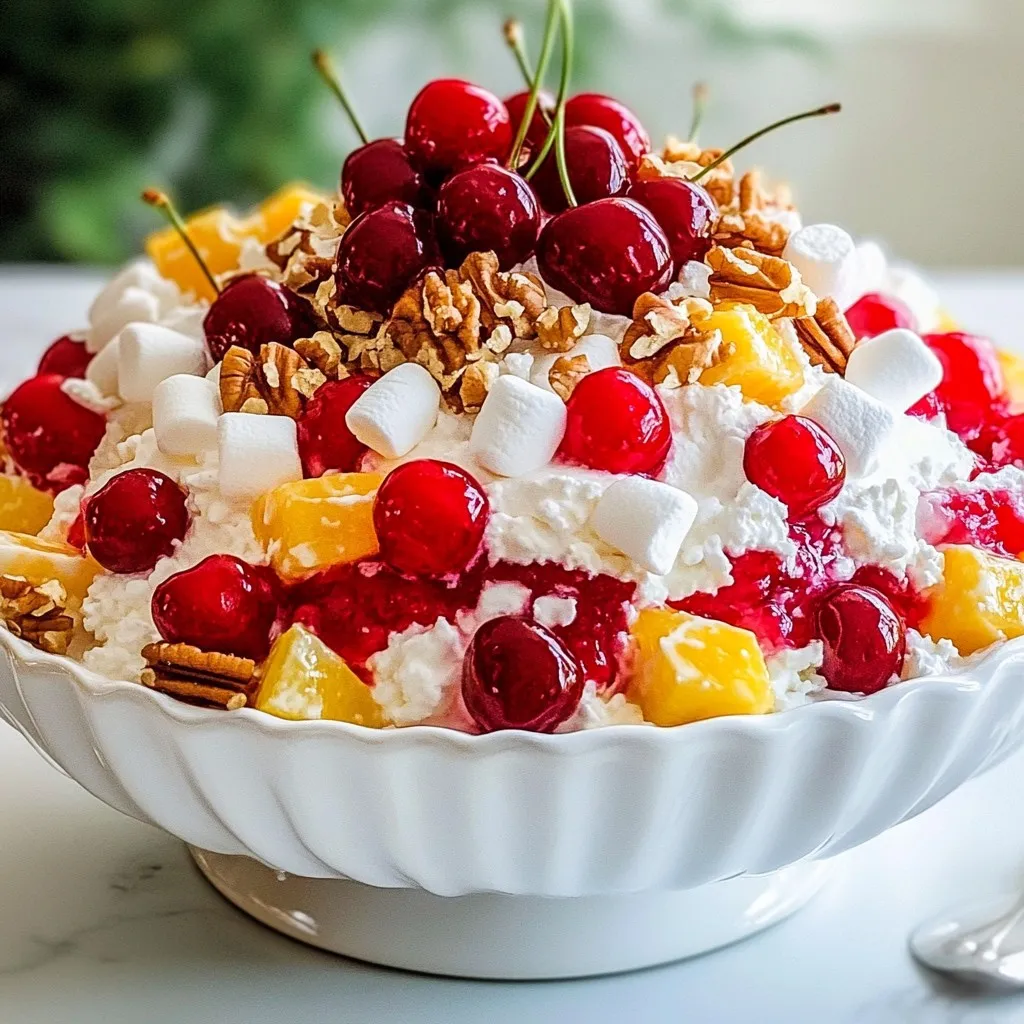 - 1 can (15 oz) cherry pie filling - 1 can (8 oz) crushed pineapple, drained - 1 cup miniature marshmallows - 1 cup whipped topping (like Cool Whip) - ½ cup cottage cheese - ½ cup chopped pecans or walnuts (optional) - ½ teaspoon almond extract Each ingredient in Cherry Fluff Salad adds flavor and texture. Cherry pie filling gives a sweet and tart taste. Pineapple adds a juicy, tropical flair. Miniature marshmallows give a soft, chewy bite. Whipped topping makes the salad light and fluffy. Cottage cheese brings creaminess and protein. Nuts add crunch and healthy fats. Almond extract enhances the fruit flavors with a lovely aroma. You can swap ingredients to match your taste. Use fresh cherries instead of cherry pie filling for a fresher taste. If you want a lighter version, try Greek yogurt instead of whipped topping. You can also use low-fat cottage cheese for fewer calories. For a nut-free dish, skip the nuts or use sunflower seeds. If you prefer a different flavor, try vanilla extract instead of almond. {{ingredient_image_1}} First, grab a large mixing bowl. Open the can of cherry pie filling and pour it in. Next, take the crushed pineapple and drain it well. Add the drained pineapple to the bowl. Stir both together gently until they mix well. This base gives the salad its sweet and fruity taste. Now, it's time for the marshmallows! Add one cup of miniature marshmallows to the fruit mix. Carefully fold them in so they stay whole. In a separate bowl, take half a cup of cottage cheese and mix it with one cup of whipped topping. Stir until it’s smooth and creamy. Then, pour that mixture into the fruit and marshmallow salad. Fold everything together until it’s well combined. If you want extra crunch, now's the time to add the chopped pecans or walnuts. Mix them in gently. For a lovely flavor touch, add half a teaspoon of almond extract. After mixing, cover the bowl and chill the Cherry Fluff Salad in the fridge for at least one hour. This helps all the flavors blend together. When ready, serve in a nice bowl or individual cups. Enjoy this light and fluffy treat! To get the best texture, mix gently. Over-mixing can break the marshmallows. Keep them fluffy! The whipped topping and cottage cheese blend gives a creamy feel. If you want a thicker mix, add more cottage cheese. For a lighter touch, use less. Always chill your salad before serving; this helps all flavors meld. To boost the flavor, consider adding vanilla extract or a splash of lemon juice. These can brighten the taste. You might also try mixing in some coconut flakes for a tropical twist. If you love nuts, add more chopped pecans or walnuts. They add crunch and flavor. A pinch of cinnamon can also work well for a warm note. When serving, use a clear bowl. This shows off the pretty colors of the salad. For individual servings, use small cups. Top each cup with a cherry and a swirl of whipped topping. This makes it look fancy. You can also add a sprinkle of nuts on top for texture. Enjoy this delightful salad at picnics or family gatherings! Pro Tips Use Fresh Cherries: For a more vibrant flavor, consider using fresh cherries instead of canned pie filling. Just pit and slice them before adding to the salad. Keep it Cool: Chilling the salad for at least an hour allows all the flavors to meld beautifully, making it even more delicious. Add a Twist: Experiment with different extracts like vanilla or coconut for a unique flavor profile that suits your taste. Perfect Presentation: Serve in individual cups or jars to create a beautiful display, and don't forget to garnish with mint leaves for an extra touch. {{image_2}} You can add a fun twist to the Cherry Fluff Salad with tropical flavors. Use one can of drained fruit cocktail instead of crushed pineapple. This adds a mix of fruits like peaches and pears. You can also add shredded coconut for a chewy texture. Just fold it in with the marshmallows for a refreshing taste. For a chocolatey delight, swap half of the whipped topping with chocolate pudding. This creates a rich, sweet layer. You can also sprinkle mini chocolate chips on top before serving. This variation is great for chocolate lovers. It adds a fun twist while keeping the salad light. If you want a healthier version, use low-sugar cherry filling. You can also replace the whipped topping with Greek yogurt. This makes it creamy and adds protein. For fewer calories, skip the marshmallows or use sugar-free ones. You can still enjoy the cherry flavor without the added sugar. To store leftover Cherry Fluff Salad, place it in an airtight container. Make sure to seal it well to keep it fresh. You can keep it in the fridge for up to three days. If the salad looks watery, just stir it before serving. I do not recommend freezing Cherry Fluff Salad. The whipped topping can separate when thawed. This can change the texture and taste. It’s best enjoyed fresh or stored in the fridge. Cherry Fluff Salad lasts about three days in the fridge. For best taste and texture, eat it within the first two days. Always check for any signs of spoilage before serving. If it smells off or looks strange, it’s best to toss it. Enjoy your Cherry Fluff Salad while it’s fresh! Yes, you can make Cherry Fluff Salad a day in advance. This salad tastes better after chilling overnight. The flavors blend well, making it even more delicious. Store it in the fridge in an airtight container. Just remember to give it a gentle stir before serving. To stop the salad from getting watery, use drained canned fruit. Make sure to drain the crushed pineapple well. You can also mix the whipped topping and cottage cheese just before serving. This keeps the salad light and fluffy. Cherry Fluff Salad pairs well with many dishes. It goes great with grilled meats or BBQ. You can also serve it as a dessert with a slice of cake. This salad adds a fun, sweet touch to any meal. This article covered how to make Cherry Fluff Salad, from ingredients to storage tips. You learned about ingredient benefits and tasty alternatives. The step-by-step guide showed how to mix and chill the salad. I shared helpful tips for the best texture and flavor. You also saw fun variations and easy storage methods. Now, you can impress friends with your Cherry Fluff Salad skills. Enjoy the sweet treat!