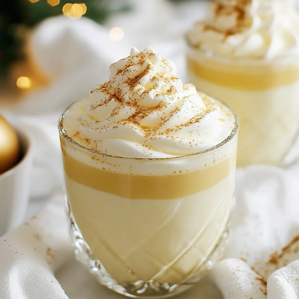 To make the Vanilla Bean Eggnog Cocktail, you need the following items: - 2 cups whole milk - 1 cup heavy cream - 1/2 cup granulated sugar - 1 tablespoon pure vanilla extract - 1 vanilla bean, split and scraped - 4 large egg yolks - 1 teaspoon ground nutmeg - 1 teaspoon ground cinnamon - Whipped cream for topping - Additional nutmeg or cinnamon for garnish For those using different measurement systems, here are some helpful conversions: - 2 cups = 480 milliliters - 1 cup = 240 milliliters - 1/2 cup = 120 milliliters - 1 tablespoon = 15 milliliters - 1 teaspoon = 5 milliliters You can add your own twist to this eggnog. Here are some ideas: - A splash of brandy, rum, or bourbon for an adult drink - A pinch of ginger for a spicy kick - Almond milk or oat milk for a dairy-free version - Chocolate shavings for a sweet touch Feel free to mix and match these ingredients to create your perfect holiday drink! {{ingredient_image_1}} To make this festive drink, start with a medium saucepan. Combine 2 cups of whole milk, 1 cup of heavy cream, and 1/2 cup of granulated sugar. Next, add 1 tablespoon of pure vanilla extract, the seeds from 1 split vanilla bean, and the pod itself. Heat this mixture over medium heat until it steams, but do not let it boil. Stir it often to help dissolve the sugar. While that heats, grab a bowl. In it, whisk together 4 large egg yolks until they turn pale and frothy. This should take about 2 minutes. Once the milk mixture is hot, slowly add it to the egg yolks. Make sure to whisk constantly to help temper the yolks and avoid scrambling. After mixing, pour the egg mixture back into the saucepan. Cook it over medium-low heat, stirring all the time. You want it to thicken slightly and coat the back of a spoon. This step will take about 5-7 minutes. Once thickened, take it off the heat. Stir in 1 teaspoon of ground nutmeg and 1 teaspoon of ground cinnamon. Let it cool slightly, then strain it through a fine mesh sieve into a pitcher. This will remove the vanilla pod and any cooked egg bits. Finally, refrigerate the eggnog for at least 1-2 hours until it is nice and chilled. Whisking egg yolks well is key for a smooth eggnog. Use a large bowl to give you space. Start whisking with a steady motion. You want to break up the yolks first. Keep whisking until they become pale and frothy. This process adds air, which helps create a creamy texture. If you find it hard to whisk, try a hand mixer for a minute. Tempering the egg yolks is simple but important. To do this, you add the hot milk mixture slowly to the yolks. This helps raise the yolk's temperature gently. If you pour too fast, the yolks might cook too quickly and scramble. Keep whisking during this process. Once the yolks are warm, you can mix them back into the saucepan without worry. This helps create a smooth and creamy eggnog. To get a smooth and creamy eggnog, use whole milk and heavy cream. These ingredients add richness. Heating the milk mixture slowly helps blend the flavors well. Make sure you stir gently. This way, the sugar dissolves without forming lumps. Remember to temper the egg yolks with hot milk. This step keeps them from scrambling. You can prepare this drink a day in advance. Just follow the recipe, then chill it. Refrigerate the eggnog for 1-2 hours. This allows the flavors to meld together. When ready to serve, simply pour it into glasses. Add whipped cream and your favorite spices right before serving. Garnish your eggnog with whipped cream for a festive touch. A sprinkle of nutmeg or cinnamon adds a lovely finish. You can also use a cinnamon stick as a stirrer. For a cozy feel, serve it in warm mugs. This drink is perfect for holiday gatherings or quiet nights by the fire. Enjoy the festive vibes! Pro Tips Use Fresh Spices: Freshly grated nutmeg and cinnamon will elevate the flavor of your eggnog, making it taste vibrant and aromatic. Chill Thoroughly: Ensure your eggnog is well chilled before serving. This not only enhances the flavor but also provides a refreshing experience. Experiment with Spirits: For an adult version, consider adding rum, bourbon, or brandy to your eggnog. Start with a small amount and adjust to taste. Presentation Matters: Serve in festive glasses and don’t skimp on the whipped cream topping for a beautiful presentation that will impress your guests. {{image_2}} You can easily change this drink. If you want an alcoholic kick, add bourbon or rum. Just 1 to 2 ounces will do. Stir it in before serving. For a non-alcoholic version, simply skip the booze. This way, everyone can enjoy it. It tastes just as rich and creamy without the alcohol. You can play with flavors in this eggnog. Instead of nutmeg, try ground cloves or cardamom. They add a warm, spicy touch. You can also mix in a bit of vanilla bean paste for extra vanilla flavor. Cinnamon is great too, but use it lightly. Each spice gives a new twist to your drink. Want a dairy-free eggnog? Use almond milk, coconut milk, or oat milk. They all work well in this recipe. Just choose a milk that you like. Make sure to use unsweetened versions to keep the taste balanced. This way, you get a creamy drink that fits your diet. To store your leftover eggnog, pour it into a clean glass jar or pitcher. Make sure to seal it tightly with a lid. You want to keep it cold, so place it in the fridge right away. This helps keep the eggnog fresh and tasty. Homemade eggnog lasts about 3 to 5 days in the fridge. Always check for any off smells or changes in texture. If you see or smell anything strange, it’s best to toss it out. Always keep tracking of when you made it. This ensures you enjoy it at its best. You can freeze eggnog if you have too much left over. Pour it into freezer-safe bags or containers, leaving some space for expansion. Label the bags with the date. It’s best to use frozen eggnog within 3 months. When you’re ready to use it, thaw it overnight in the fridge. Shake or stir well before serving. Yes, you can make this cocktail ahead of time. Prepare the eggnog and chill it for at least 1-2 hours. You can store it in the fridge for up to three days. Just make sure to stir it well before serving. This way, you save time on your holiday party day. If you’re out of an ingredient, here are some swaps: - Use almond milk instead of whole milk for a lighter option. - Coconut cream works well instead of heavy cream for a richer texture. - Brown sugar can replace granulated sugar for a deeper flavor. - If you lack egg yolks, try a custard base as an alternative. These swaps will keep your eggnog delicious and festive. To make a vegan version, follow these steps: - Replace whole milk with almond or oat milk. - Use coconut cream for a creamy texture. - Skip the egg yolks. Instead, use silken tofu blended until smooth. - Add a tablespoon of cornstarch to thicken the mixture. This vegan eggnog will still taste rich and festive for all to enjoy! In this blog post, we covered how to make a tasty Vanilla Bean Eggnog Cocktail. We looked at required ingredients, step-by-step instructions, and essential tips. You learned ways to customize your drink and how to store leftovers. We even discussed variations for both alcoholic and non-alcoholic options. Whether you choose a classic recipe or a twist, this drink is sure to please. Enjoy making it your own, and share it with friends for a cozy gathering. Happy mixing!