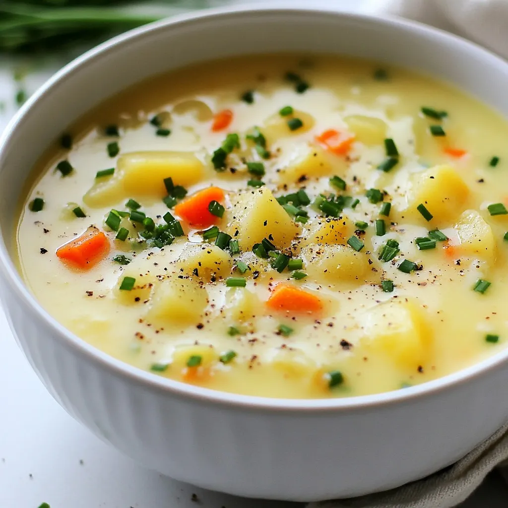 To make Classic German Potato Soup, gather these simple items: - 4 large potatoes, peeled and diced - 1 medium onion, chopped - 2 cloves garlic, minced - 3 medium carrots, diced - 1 celery stalk, diced - 4 cups vegetable broth - 1 cup heavy cream (or coconut cream for a dairy-free option) - 2 tablespoons olive oil - 1 teaspoon dried thyme - 1 bay leaf - Salt and pepper to taste - Fresh chives, chopped (for garnish) Each ingredient plays a key role. The potatoes give the soup its creamy base. Onions and garlic add depth. Carrots and celery bring sweetness and crunch, while thyme gives a warm flavor. You can mix in some extra items to change the taste: - Leeks for a mild onion flavor - Bacon for a smoky touch - Spinach or kale for added greens - A splash of white wine for acidity These options can make the soup your own. You can play with flavors to suit your taste. If you lack an item, here are some swaps: - Use chicken broth instead of vegetable broth for a richer flavor. - Substitute almond milk for heavy cream for a lighter option. - Try fresh herbs like parsley or dill instead of thyme. These substitutions keep the soup delicious while fitting your pantry. Each choice can lead to a new twist on a classic. {{ingredient_image_1}} Start by gathering your ingredients. You will need: - 4 large potatoes, peeled and diced - 1 medium onion, chopped - 2 cloves garlic, minced - 3 medium carrots, diced - 1 celery stalk, diced - 4 cups vegetable broth - 1 cup heavy cream (or coconut cream for a dairy-free option) - 2 tablespoons olive oil - 1 teaspoon dried thyme - 1 bay leaf - Salt and pepper to taste - Fresh chives, chopped (for garnish) Next, heat the olive oil in a large pot over medium heat. Add the chopped onion and minced garlic. SautΓ© for about 3 minutes. You want the onion to turn translucent. Add the diced carrots and celery. Cook these for about 5 minutes. This step helps them soften before adding the potatoes. Now, stir in the diced potatoes, dried thyme, and bay leaf. Mix well so everything combines nicely. Pour in the vegetable broth. Bring this mixture to a boil. Once itβs boiling, lower the heat and let it simmer. You will want to let it cook for 20 to 25 minutes. Check the potatoes; they should be tender when a fork goes through. After simmering, take out the bay leaf. It has done its job. For a smooth texture, use an immersion blender. Blend the soup until it is smooth. Itβs okay to leave some small chunks for a bit of texture. If you donβt have an immersion blender, you can blend the soup in batches in a traditional blender. Once blended, return the soup to low heat. Stir in the heavy cream, allowing it to warm for another 5 minutes. Finally, season with salt and pepper to taste. When serving, add freshly chopped chives on top. This adds a great touch of color and flavor. Enjoy your warm, hearty soup! To make your soup taste great, use fresh ingredients. Fresh potatoes, onions, and herbs add depth. Start by sautΓ©ing the onion and garlic well. This step builds a strong base. Use vegetable broth for a rich taste. Adding a bay leaf brings warmth and complexity. Donβt forget to season with salt and pepper. Taste as you go to find the right balance. You can adjust the texture of your soup easily. If you like it chunky, blend just half. This keeps some potato pieces for a hearty bite. For a creamier soup, blend it all until smooth. If the soup is too thick, add more broth or cream. For a lighter soup, try using coconut cream instead of heavy cream. Many cooks rush the sautΓ©ing step. Take your time to soften the onion and garlic. If you skip this, your soup may lack flavor. Another common mistake is not seasoning enough. Always taste and adjust seasoning as needed. Lastly, remember to remove the bay leaf before serving. Eating this leaf is not pleasant! Pro Tips Use Starchy Potatoes: For a creamier texture, opt for starchy potatoes like Russets or Yukon Golds, as they break down more easily during cooking. Enhance Flavor with Herbs: Fresh herbs like parsley or dill can be added along with the thyme to elevate the flavor profile of the soup. Adjust Consistency: If you prefer a thicker soup, blend more of the potato mixture; for a thinner consistency, simply add more broth or cream. Storage Tips: This soup can be stored in the refrigerator for up to 3 days or frozen for up to 3 months; just reheat gently on the stove before serving. {{image_2}} You can easily make this soup vegan. Just swap the heavy cream for coconut cream. This change keeps the soup rich and creamy. It also adds a hint of sweetness. The coconut flavor blends well with the potatoes and veggies. You will still get a warm and hearty meal. Feel free to mix in other veggies. Some great choices are leeks, broccoli, or peas. You can also use sweet potatoes for a twist. Each vegetable adds its own taste and texture. This way, you can personalize your soup to your liking. Just remember to adjust cooking times for harder veggies. You can boost the soup's flavor with herbs and spices. Try adding fresh parsley or dill for a fresh taste. A pinch of smoked paprika gives a nice, smoky kick. If you like heat, add a dash of cayenne pepper. These simple changes can transform your soup into something special. Experiment to find your favorite mix! You can store leftover German potato soup in an airtight container. Make sure to let it cool first. Place it in the fridge. It will stay fresh for up to three days. If you want to keep it longer, consider freezing it. To freeze the soup, use freezer-safe containers. Leave some space at the top for expansion. You can freeze it for up to three months. Label the containers with the date. This way, you know when to use them. Reheat the soup on the stove over low heat. Stir it often to avoid sticking. You can add a splash of broth or water if it seems thick. If you use a microwave, heat it in short bursts. Stir in between to ensure even heating. Enjoy your warm soup just like the first time! I love to serve Classic German Potato Soup hot. You can add fresh chives on top. This gives a nice color and flavor. Some people like to pair it with crusty bread. Others enjoy it with a side of pickles. The soup is thick and creamy, perfect for cold days. It gives warmth and comfort in every bite. Yes, you can use other types of potatoes. Different potatoes change the texture and taste. For example, Yukon gold potatoes add a buttery flavor. Russets make the soup lighter and fluffier. You can also try red potatoes for a firmer bite. Just remember to peel and dice them like the recipe says. Each potato type will give a unique twist to your soup. The soup lasts about 3 to 5 days in the fridge. Make sure to store it in an airtight container. When you want to eat it, just reheat on the stove. Stir it well to mix the flavors again. If you notice any strange smell or color, itβs best to throw it away. Enjoy your soup while itβs fresh for the best taste! In this post, I covered key ingredients and step-by-step cooking for Classic German Potato Soup. I shared tips for perfecting flavor and avoiding common mistakes. You can also explore tasty variations, like vegan options. Storing leftovers and reheating is simple too. With these insights, you can create a warm, comforting dish. Enjoy making it your own through variations that suit your taste. Cooking can be fun and rewarding, so dive in!