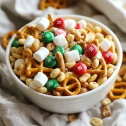 - 2 cups Cheerios - 2 cups pretzel sticks - 1 cup roasted unsalted peanuts - 1 cup M&Ms (red and green) - 1 cup mini marshmallows - 1 cup white chocolate chips - 1 tsp cinnamon - 1/4 cup maple syrup - 1/4 tsp sea salt These ingredients create a fun and crunchy snack mix. Cheerios and pretzel sticks give it a nice base. The roasted peanuts add protein and a nutty flavor. Red and green M&Ms make it festive, while mini marshmallows offer a soft bite. White chocolate chips bring sweetness, and cinnamon gives warmth. Maple syrup ties everything together, and sea salt balances the sweetness. - Other nuts or seeds - Additional festive candies - Dried fruits You can change up the mix to suit your taste. Try adding different nuts for crunch. Seeds like pumpkin or sunflower can add nutrition. Use other festive candies for color and fun. Dried fruits like cranberries or apricots can add a chewy texture. These options make your snack mix more unique and delicious! {{ingredient_image_1}} - Preheat the oven to 350°F (175°C). - In a large bowl, combine the Cheerios, pretzel sticks, roasted unsalted peanuts, M&Ms, and mini marshmallows. This mix gives a fun crunch and sweet flavor. - In a small saucepan, melt the white chocolate chips over low heat. Stir them until they are smooth. - Once melted, add the maple syrup and cinnamon. Mix well to blend the flavors. This sweet and warm touch makes the snack special. - Pour the melted mixture over the dry ingredients in the bowl. Gently stir until everything is coated. - Spread the mixture evenly onto a baking sheet lined with parchment paper. - Bake in your preheated oven for 10-12 minutes. Stir halfway through to toast evenly. - When done, remove it from the oven. Let it cool completely before breaking it into clusters. Enjoy your tasty holiday treat! To get an even coat on your snack mix, use a large bowl. Make sure all dry items are mixed well before adding the melted chocolate. Stir gently but thoroughly. This will help the mix taste great. Adjust your baking time if you like it crunchier. You can bake it for a few extra minutes. Just keep an eye on it to avoid burning. Stir halfway through to ensure it cooks evenly. For holiday gatherings, use clear bowls or festive bags. Add ribbons to make them pop. You can also fill jars for a fun snack. Guests love grabbing a jar full of treats! If you want to gift this mix, use small bags. Add a tag with a cute note. This makes for a thoughtful present! Santa Crunch Snack Mix has some common allergens. It contains peanuts and chocolate. If you have nut allergies, swap peanuts for seeds. Sunflower seeds are a great choice! For a chocolate-free version, use yogurt-covered candies. This keeps it sweet without allergens. Always check labels to ensure safety! Pro Tips Use Fresh Ingredients: Always opt for fresh nuts and chocolate chips to enhance the flavor and texture of your snack mix. Customize Your Mix: Feel free to add your favorite snacks like dried fruits, pretzel crisps, or even popcorn for added crunch and variety. Store Properly: Keep your Santa Crunch Snack Mix in an airtight container to maintain its freshness and crunchiness for longer. Make It Festive: Add edible glitter or sprinkles on top after baking for an extra festive touch that kids will love! {{image_2}} You can switch up the candies in your Santa Crunch Snack Mix. Try using red and green chocolate-covered pretzels or seasonal gummy candies. These will add color and fun to your mix. Another great idea is to add spices. A pinch of nutmeg or ginger can bring warmth and depth. You could even try using pumpkin spice for a seasonal twist. If you want a healthier snack, consider using lower sugar options. You can swap white chocolate chips for dark chocolate chips. Dark chocolate has less sugar and more health benefits. You can also use whole grain cereals. Substitute Cheerios with whole grain clusters. This adds fiber and makes your mix more nutritious. For a vegan treat, replace white chocolate chips with dairy-free chocolate. This keeps the mix sweet and creamy without animal products. You can also find plant-based substitutes for other ingredients. Use maple syrup instead of honey. All these changes make your mix suitable for anyone. Store your Santa Crunch Snack Mix in an airtight container. This helps keep it fresh. A glass jar or plastic bin works well. The mix stays fresh for about one week. If you want to keep it longer, consider freezing. Can you freeze it? Yes, you can freeze Santa Crunch Snack Mix. To freeze, place it in a freezer-safe bag. Remove as much air as possible. Label the bag with the date. It can last up to three months in the freezer. How to properly freeze and thaw? When ready to eat, take it out and let it thaw on the counter. Avoid using a microwave, as it can make the mix soggy. Do you need to reheat? You do not have to reheat it. Santa Crunch Snack Mix tastes great at room temperature. But if you want it warm, here’s how to do it best. Preheat your oven to 250°F (120°C). Spread the mix on a baking sheet. Heat for about 5-10 minutes. Keep an eye on it to avoid burning. This makes it warm and crispy again. What is Santa Crunch Snack Mix? Santa Crunch Snack Mix is a fun and festive treat. It combines Cheerios, pretzel sticks, peanuts, M&Ms, mini marshmallows, and white chocolate. This mix has sweet and salty flavors. It’s perfect for holiday parties or cozy nights at home. Can I make it ahead of time? Yes, you can make Santa Crunch Snack Mix ahead of time. It stays fresh for several days. Just store it in an airtight container. This mix is great for holiday gift bags or quick snacks. Can I use different cereals? Absolutely! You can swap Cheerios for other cereals. Try using Rice Chex, Corn Pops, or even granola. Each cereal will give a new texture and taste. Feel free to experiment with what you have! What can I replace white chocolate with? If you don’t like white chocolate, try milk chocolate or dark chocolate. You can also use yogurt-covered treats for a tangy twist. Just melt it the same way and mix with the other ingredients. Caloric content per serving Each serving of Santa Crunch Snack Mix has about 200 calories. This can vary based on your ingredient choices. Breakdown of nutritional facts by ingredient - Cheerios: Low in calories and high in fiber. - Pretzel sticks: Add crunch with fewer calories. - Peanuts: Provide protein and healthy fats. - M&Ms: Offer sweetness and fun colors. - Mini marshmallows: Give a fluffy texture and sweetness. - White chocolate: Adds creaminess and extra sugar. - Cinnamon: Adds flavor without calories. - Maple syrup: Natural sweetener but adds sugars. - Sea salt: Enhances all the flavors. This mix is a delightful blend of flavors and textures! The Santa Crunch Snack Mix blends tasty ingredients for a fun treat. You start with Cheerios, pretzel sticks, and festive M&Ms. By melting white chocolate and mixing it all together, you create a delicious mix for any holiday gathering. Remember to customize it with your favorite nuts or candies. With these tips and tricks, you'll perfect your snack mix and impress your guests. Store it well to keep it fresh. Enjoy making your Santa Crunch and have fun creating variations!