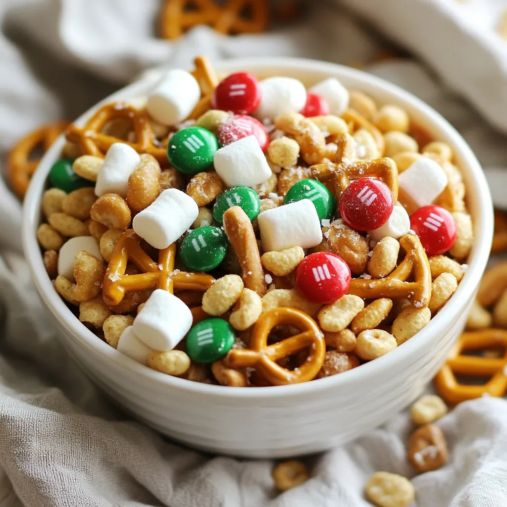 - 2 cups Cheerios - 2 cups pretzel sticks - 1 cup roasted unsalted peanuts - 1 cup M&Ms (red and green) - 1 cup mini marshmallows - 1 cup white chocolate chips - 1 tsp cinnamon - 1/4 cup maple syrup - 1/4 tsp sea salt These ingredients create a fun and crunchy snack mix. Cheerios and pretzel sticks give it a nice base. The roasted peanuts add protein and a nutty flavor. Red and green M&Ms make it festive, while mini marshmallows offer a soft bite. White chocolate chips bring sweetness, and cinnamon gives warmth. Maple syrup ties everything together, and sea salt balances the sweetness. - Other nuts or seeds - Additional festive candies - Dried fruits You can change up the mix to suit your taste. Try adding different nuts for crunch. Seeds like pumpkin or sunflower can add nutrition. Use other festive candies for color and fun. Dried fruits like cranberries or apricots can add a chewy texture. These options make your snack mix more unique and delicious! {{ingredient_image_1}} - Preheat the oven to 350°F (175°C). - In a large bowl, combine the Cheerios, pretzel sticks, roasted unsalted peanuts, M&Ms, and mini marshmallows. This mix gives a fun crunch and sweet flavor. - In a small saucepan, melt the white chocolate chips over low heat. Stir them until they are smooth. - Once melted, add the maple syrup and cinnamon. Mix well to blend the flavors. This sweet and warm touch makes the snack special. - Pour the melted mixture over the dry ingredients in the bowl. Gently stir until everything is coated. - Spread the mixture evenly onto a baking sheet lined with parchment paper. - Bake in your preheated oven for 10-12 minutes. Stir halfway through to toast evenly. - When done, remove it from the oven. Let it cool completely before breaking it into clusters. Enjoy your tasty holiday treat! To get an even coat on your snack mix, use a large bowl. Make sure all dry items are mixed well before adding the melted chocolate. Stir gently but thoroughly. This will help the mix taste great. Adjust your baking time if you like it crunchier. You can bake it for a few extra minutes. Just keep an eye on it to avoid burning. Stir halfway through to ensure it cooks evenly. For holiday gatherings, use clear bowls or festive bags. Add ribbons to make them pop. You can also fill jars for a fun snack. Guests love grabbing a jar full of treats! If you want to gift this mix, use small bags. Add a tag with a cute note. This makes for a thoughtful present! Santa Crunch Snack Mix has some common allergens. It contains peanuts and chocolate. If you have nut allergies, swap peanuts for seeds. Sunflower seeds are a great choice! For a chocolate-free version, use yogurt-covered candies. This keeps it sweet without allergens. Always check labels to ensure safety! Pro Tips Use Fresh Ingredients: Always opt for fresh nuts and chocolate chips to enhance the flavor and texture of your snack mix. Customize Your Mix: Feel free to add your favorite snacks like dried fruits, pretzel crisps, or even popcorn for added crunch and variety. Store Properly: Keep your Santa Crunch Snack Mix in an airtight container to maintain its freshness and crunchiness for longer. Make It Festive: Add edible glitter or sprinkles on top after baking for an extra festive touch that kids will love! {{image_2}} You can switch up the candies in your Santa Crunch Snack Mix. Try using red and green chocolate-covered pretzels or seasonal gummy candies. These will add color and fun to your mix. Another great idea is to add spices. A pinch of nutmeg or ginger can bring warmth and depth. You could even try using pumpkin spice for a seasonal twist. If you want a healthier snack, consider using lower sugar options. You can swap white chocolate chips for dark chocolate chips. Dark chocolate has less sugar and more health benefits. You can also use whole grain cereals. Substitute Cheerios with whole grain clusters. This adds fiber and makes your mix more nutritious. For a vegan treat, replace white chocolate chips with dairy-free chocolate. This keeps the mix sweet and creamy without animal products. You can also find plant-based substitutes for other ingredients. Use maple syrup instead of honey. All these changes make your mix suitable for anyone. Store your Santa Crunch Snack Mix in an airtight container. This helps keep it fresh. A glass jar or plastic bin works well. The mix stays fresh for about one week. If you want to keep it longer, consider freezing. Can you freeze it? Yes, you can freeze Santa Crunch Snack Mix. To freeze, place it in a freezer-safe bag. Remove as much air as possible. Label the bag with the date. It can last up to three months in the freezer. How to properly freeze and thaw? When ready to eat, take it out and let it thaw on the counter. Avoid using a microwave, as it can make the mix soggy. Do you need to reheat? You do not have to reheat it. Santa Crunch Snack Mix tastes great at room temperature. But if you want it warm, here’s how to do it best. Preheat your oven to 250°F (120°C). Spread the mix on a baking sheet. Heat for about 5-10 minutes. Keep an eye on it to avoid burning. This makes it warm and crispy again. What is Santa Crunch Snack Mix? Santa Crunch Snack Mix is a fun and festive treat. It combines Cheerios, pretzel sticks, peanuts, M&Ms, mini marshmallows, and white chocolate. This mix has sweet and salty flavors. It’s perfect for holiday parties or cozy nights at home. Can I make it ahead of time? Yes, you can make Santa Crunch Snack Mix ahead of time. It stays fresh for several days. Just store it in an airtight container. This mix is great for holiday gift bags or quick snacks. Can I use different cereals? Absolutely! You can swap Cheerios for other cereals. Try using Rice Chex, Corn Pops, or even granola. Each cereal will give a new texture and taste. Feel free to experiment with what you have! What can I replace white chocolate with? If you don’t like white chocolate, try milk chocolate or dark chocolate. You can also use yogurt-covered treats for a tangy twist. Just melt it the same way and mix with the other ingredients. Caloric content per serving Each serving of Santa Crunch Snack Mix has about 200 calories. This can vary based on your ingredient choices. Breakdown of nutritional facts by ingredient - Cheerios: Low in calories and high in fiber. - Pretzel sticks: Add crunch with fewer calories. - Peanuts: Provide protein and healthy fats. - M&Ms: Offer sweetness and fun colors. - Mini marshmallows: Give a fluffy texture and sweetness. - White chocolate: Adds creaminess and extra sugar. - Cinnamon: Adds flavor without calories. - Maple syrup: Natural sweetener but adds sugars. - Sea salt: Enhances all the flavors. This mix is a delightful blend of flavors and textures! The Santa Crunch Snack Mix blends tasty ingredients for a fun treat. You start with Cheerios, pretzel sticks, and festive M&Ms. By melting white chocolate and mixing it all together, you create a delicious mix for any holiday gathering. Remember to customize it with your favorite nuts or candies. With these tips and tricks, you'll perfect your snack mix and impress your guests. Store it well to keep it fresh. Enjoy making your Santa Crunch and have fun creating variations!
