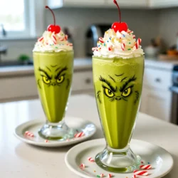 - 2 cups vanilla ice cream - 1 cup milk (preferably whole or 2%) - 1 teaspoon peppermint extract - 1/2 cup green food coloring To create the perfect Festive Grinch Milkshake, you need a few key ingredients. Start with vanilla ice cream. It gives the milkshake its creamy body. Next, add milk. This helps blend everything smoothly. Choose whole or 2% milk for the best results. Peppermint extract brings that holiday flavor. Just one teaspoon adds a nice minty touch. The green food coloring is what makes this shake truly Grinch-like. A little goes a long way, so start small. - 1/2 cup whipped cream - 1/4 cup crushed candy canes - Red and green sprinkles - 1 maraschino cherry Now let’s talk about the fun part: garnishing! Whipped cream is a must for a fluffy topping. It’s like a pillow for your shake. Next, add crushed candy canes. They give a nice crunch and festive look. Sprinkle on red and green sprinkles for extra color. They make the milkshake pop! Lastly, don’t forget the maraschino cherry. It’s the cherry on top of this holiday delight. Each ingredient plays a role in making this milkshake a fun and festive treat. {{ingredient_image_1}} To start, gather your ingredients. You need vanilla ice cream, milk, peppermint extract, and green food coloring. 1. In a blender, combine 2 cups of vanilla ice cream, 1 cup of milk, 1 teaspoon of peppermint extract, and 1/2 cup of green food coloring. 2. Blend these until smooth. You want a bright green color. 3. Taste your mix. If you want more mint, add a bit more extract and blend again. Now it’s time to pour. 1. Grab tall glasses and fill each one with the milkshake. Aim for about 3/4 full. 2. Next, add a generous scoop of 1/2 cup of whipped cream on top. Make it fluffy! Let’s make it festive! 1. Sprinkle 1/4 cup of crushed candy canes over the whipped cream. 2. Add some red and green sprinkles for extra cheer. 3. Finally, place a maraschino cherry on top for that perfect finish. Serve right away with a straw, and enjoy your delightful Grinch-themed milkshake! To get the best milkshake, choose the right milk. Whole or 2% milk gives a rich taste. It makes the shake creamy and smooth. If you use skim milk, the shake may be thinner and less rich. When blending, start on low speed. This helps mix the ice cream and milk first. After that, increase the speed. Blend until smooth and creamy. If it feels too thick, add a splash more milk. You can change the peppermint flavor. Start with one teaspoon of peppermint extract. Blend, then taste. If you want a stronger flavor, add more extract in small amounts. Blend again to mix well. For other flavors, try vanilla or chocolate syrup. You can also use almond extract for a twist. Each flavor gives a new fun spin to the classic Grinch shake. The right glass makes your milkshake shine. Use tall, clear glasses to show off the green color. You can also use festive mugs or cups for fun. For straws, choose colorful or themed ones. Candy cane straws add a festive touch. You can even use reusable straws in bright colors for a pop. This adds to the joy of your Grinch milkshake! Pro Tips Use High-Quality Ice Cream: For the creamiest texture and best flavor, opt for a premium vanilla ice cream. It will enhance the overall taste of your milkshake. Adjust the Peppermint Flavor: The intensity of peppermint can vary by brand. Start with the recommended amount, and adjust according to your taste preferences for a custom flavor. Garnish Creatively: Get festive with your toppings! Consider adding mini marshmallows or chocolate chips along with the crushed candy canes for extra texture and flavor. Chill Your Glasses: For a frosty presentation, chill your serving glasses in the freezer for about 10 minutes before pouring in the milkshake. {{image_2}} You can easily make different types of Grinch milkshakes. If you want a dairy-free version, use coconut milk and dairy-free ice cream. This keeps the same great flavor. For a chocolate Grinch milkshake, swap vanilla ice cream for chocolate ice cream. Add a little cocoa powder for extra richness. Both versions stay fun and festive! Want to mix it up for the season? Try adding gingerbread spices like cinnamon and nutmeg. This gives a warm twist to the festive flavor. You can also change the garnishes based on holidays. For Halloween, use orange sprinkles or gummy worms. For Easter, add pastel sprinkles or mini eggs. This keeps your milkshake fresh and exciting! To make this milkshake more kid-friendly, consider cutting the sweetness. Use less ice cream or milk to lower the sugar. You can also skip the peppermint extract and use vanilla instead. This makes a tasty treat for little ones who may not like mint. These simple changes ensure everyone can enjoy a Grinch milkshake! To store leftover milkshake, place it in a sealed container. Keep it in the fridge. This way, you can enjoy it for up to two days. If you want to keep it longer, consider freezing. Pour the milkshake into ice cube trays or popsicle molds. This method makes great frozen treats. You can turn leftover milkshake into popsicles. Just blend the milkshake again for a smooth mix. Pour it into molds and freeze until solid. These popsicles are fun and refreshing. You can also use the milkshake in other desserts. Swirl it into brownies or pancakes for a festive twist. This way, you won't waste any of that tasty treat! You can try other flavors like vanilla or almond extract. You could use a few drops of mint oil for a strong mint flavor. Or, use chocolate syrup for a sweet twist. Experiment with different flavors to find what you love! Yes, you can prep the milkshake in advance. Blend and store it in the fridge for up to an hour. The whipped cream can be added right before serving. If you freeze the milkshake, it may lose its smooth texture. To make a lower-calorie milkshake, use low-fat ice cream. You can swap regular milk for almond or oat milk. Try adding less sugar by using natural sweeteners like honey. These swaps keep the taste yummy without too many calories. This blog post covered how to make a fun Grinch milkshake. You learned about the key ingredients and how to blend them. I shared ways to garnish and serve your drink to impress everyone. Tips for texture, flavor, and presentation helped personalize your milkshake. We explored variations, storage options, and answered common questions. Enjoy making this festive treat that brings joy and smiles to any gathering!