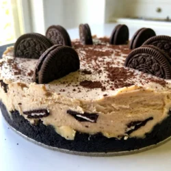 To make this Oreo Cheesecake, you will need the following ingredients: - 24 Oreo cookies (crushed, plus extra for garnish) - 1/4 cup unsalted butter (melted) - 2 cups cream cheese (softened) - 1 cup powdered sugar - 1 teaspoon vanilla extract - 1 cup heavy whipping cream - 10 Oreo cookies (chopped) - 2 tablespoons cocoa powder (for dusting) Oreo cookie requirements: You should crush 24 Oreo cookies for the crust. Keep some whole for the garnish later. The crushed cookies provide a tasty base and a great texture. Other essential ingredients: Cream cheese is the star of the filling. Use 2 cups of softened cream cheese for that smooth texture. The powdered sugar adds sweetness, while the vanilla extract brings in flavor. The heavy whipping cream is key for making the cheesecake light and fluffy. Optional garnishes: You can dust the top with cocoa powder for a rich look and taste. Adding whole Oreo cookies as a garnish makes the dessert even more appealing. Feel free to get creative with your toppings! {{ingredient_image_1}} To make the crust, start by mixing the crushed Oreos with melted butter in a medium bowl. Use a fork to combine them well. The crumbs should be fully coated in butter. Next, take this mixture and press it into the bottom of a 9-inch springform pan. Use your fingers or a flat object to make it even. Once pressed, place the pan in the refrigerator. This will help the crust set while you prepare the filling. For the filling, beat the softened cream cheese in a large mixing bowl. Use an electric mixer on medium speed for about two minutes. The goal is to make it smooth and creamy. After that, add the powdered sugar and vanilla extract. Keep mixing until it is fully blended. There should be no lumps in the mixture. In a separate bowl, whip the heavy cream on high speed. This should take about five minutes. You want it to form stiff peaks, which means it holds its shape well. Next, you will gently fold this whipped cream into the cream cheese mixture. Use a spatula and be careful to keep the airiness of the whipped cream. Now it’s time to add chopped Oreos. Gently fold them into the mixture to spread them out evenly. Once combined, pour this creamy filling over the chilled Oreo crust. Use a spatula to smooth the top. Cover the pan with plastic wrap and refrigerate for at least four hours. For the best results, leave it overnight. This step is key for letting the cheesecake set properly. To get a creamy and smooth Oreo cheesecake, use room temperature ingredients. When cream cheese warms up, it mixes better. This helps avoid lumps. Another key tip is to fold gently. When you combine the whipped cream with the cream cheese, use a spatula. This keeps the mixture light and airy. If you mix too hard, you'll lose that fluffy texture. One big mistake is overmixing or undermixing the batter. Overmixing can make your cheesecake dense. Undermixing can leave lumps in your batter. Aim for a smooth mixture without overdoing it. Chilling time is crucial. If you don’t chill the cheesecake long enough, it will not set well. Allow at least 4 hours in the fridge. For best results, chill overnight. Oreo cheesecake pairs well with fresh berries or chocolate sauce. Add a drizzle of chocolate syrup on top for extra sweetness. For a nice touch, garnish with whole Oreo cookies. Dust cocoa powder on top before serving. This makes your cheesecake look fancy and inviting. Pro Tips Use Room Temperature Ingredients: Ensure your cream cheese is at room temperature for easier mixing. This helps achieve a smooth and creamy cheesecake filling without lumps. Chill the Cheesecake Longer: While 4 hours is the minimum chilling time, letting the cheesecake set overnight will enhance the flavors and improve the texture. Garnish Right Before Serving: For the best presentation, add cocoa powder and whole Oreos just before serving to prevent them from getting soggy. Experiment with Flavors: Feel free to add different flavors like mint extract or chocolate chips to the filling for a unique twist on your Oreo cheesecake. {{image_2}} You can make Oreo cheesecake even more fun by adding flavor. Try different extracts to change the taste. Almond or mint extracts work great. Add just a few drops to the filling. This small change gives you a new twist. You can also use other cookies in place of Oreos. Try chocolate wafer cookies or even graham crackers for a different base. If you want to mix it up, use peanut butter cookies. Each option makes a unique cheesecake. If you need gluten-free options, you can use gluten-free Oreo cookies. They taste just as good. Use these cookies to make the crust. This way, you can enjoy the treat without worry. For lower sugar alternatives, use a sugar substitute. Options like stevia or monk fruit sweetener work well. You can replace the powdered sugar with these substitutes in the filling. Just adjust to your taste for sweetness. To keep your Oreo cheesecake fresh, store it in the fridge. Use an airtight container or cover it tightly with plastic wrap. This helps prevent it from drying out. The cheesecake stays good for about 5 to 7 days in the fridge. If you want to save it for later, you can freeze the cheesecake. First, slice it into pieces. Wrap each slice in plastic wrap. Then, place them in a freezer-safe bag. This way, you can enjoy a slice anytime. The cheesecake can last up to 3 months in the freezer. To thaw frozen cheesecake, move it from the freezer to the fridge. Let it sit overnight. This slow thawing helps keep the texture smooth. Avoid using a microwave to defrost it. This can change the texture and taste. Once thawed, you can serve it cold or let it sit at room temperature for a few minutes. This helps bring back some of its creaminess. Enjoy your cheesecake just like you made it fresh! Oreo cheesecake lasts about 5 to 7 days in the fridge. Keep it covered to stay fresh. The taste is best when you eat it within the first few days. After a week, it may lose some flavor and texture. Yes, you can make this cheesecake ahead of time. It needs at least 4 hours to chill and set. For the best flavor, make it a day before serving. This way, the flavors blend well, and it tastes even better. If you want a dairy-free version, use a dairy-free cream cheese. You can also try silken tofu for a lighter texture. Another option is to use cashew cream. Soak cashews, blend with a little lemon juice, and use it in place of cream cheese. This blog post gives you all you need to make a delicious Oreo cheesecake. We covered the right ingredients, step-by-step instructions, and important tips. You learned about flavor variations and storage tips too. Remember, room temperature ingredients and proper chilling are key for the best results. Enjoy experimenting with different flavors and sharing your cheesecake with friends and family. Now, grab your ingredients and start creating your own sweet masterpiece!