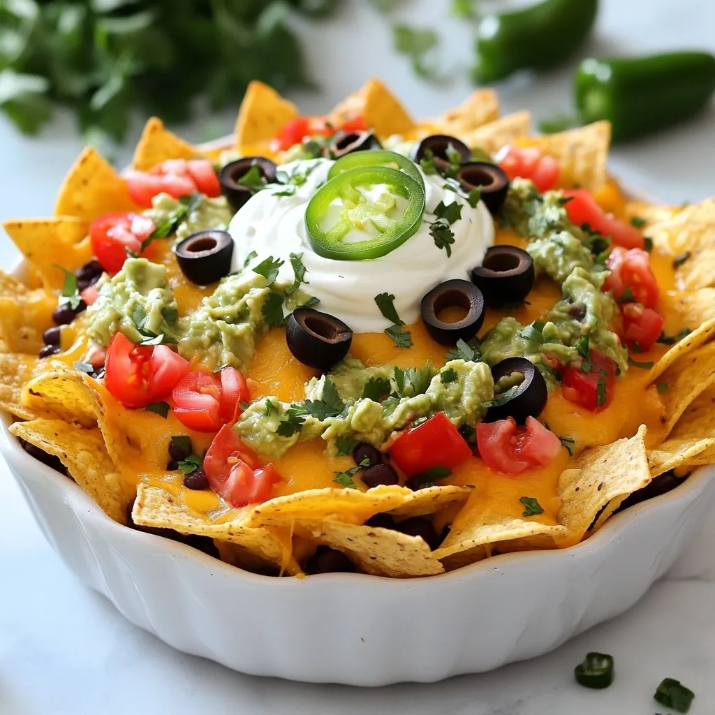 - 1 bag of tortilla chips - 2 cups shredded cheddar cheese - 1 cup shredded pepper jack cheese - 1 can (15 oz) black beans, drained and rinsed - 1 cup diced tomatoes (fresh or canned) - 1 small jalapeño, sliced (optional) - 1/2 cup sliced black olives - 1/2 cup green onions, chopped - 1 cup guacamole - 1 cup sour cream - 1/4 cup fresh cilantro, chopped (for garnish) You will need a Bundt pan, a baking sheet, and a spatula. Use cooking spray or olive oil for greasing. A knife and cutting board will help with chopping. Choose fresh ingredients for the best taste. Look for bright, firm tomatoes. Check the cheese for freshness and quality. If you like heat, pick a ripe jalapeño. Canned beans should be low-sodium if you want less salt. For olives, choose ones you enjoy, as they add a nice salty bite. Fresh cilantro adds a burst of flavor, so pick a bunch that smells strong. {{ingredient_image_1}} Start by preheating your oven to 350°F (175°C). This helps the nachos cook evenly. Next, grab your Bundt pan. Spray it with cooking spray or use olive oil. This step keeps the nachos from sticking to the pan. Make sure you cover the bottom and the sides well. A well-prepped pan makes serving easier. Now comes the fun part! Take a bag of tortilla chips and start layering them. Place the chips around the sides and the bottom of the Bundt pan. This makes a tasty base for your nachos. After that, sprinkle half of the shredded cheddar and pepper jack cheese over the chips. Next, add a layer of black beans. Drain and rinse them first. Then, toss in diced tomatoes and jalapeño slices if you like it spicy. Don’t forget the sliced black olives! Repeat this layering process. Add another layer of chips, cheese, beans, tomatoes, and jalapeños. When done, pile on any leftover tortilla chips. Finish with one last layer of cheese on top. Now it’s time to bake. Place the Bundt pan in your preheated oven. Bake for 15-20 minutes. Watch for the cheese to melt and bubble. Once it’s ready, carefully take the pan out of the oven. Let it cool for a few minutes before serving. To serve, flip the Bundt pan onto a large platter. Tap the bottom gently to release your nachos. Drizzle sour cream and guacamole on top. Add chopped green onions and cilantro for a fresh touch. Enjoy your delicious Bundt Pan Nachos with friends and family! To make your Bundt Pan Nachos stand out, focus on the layers. Use enough chips to form a solid base. This keeps the nachos crispy. Layer your ingredients well for even flavor. Alternate between cheeses for a rich taste. The mix of cheddar and pepper jack adds depth. Make sure to use fresh ingredients. Fresh tomatoes bring a bright flavor. If you like spice, add jalapeños. They give a nice kick. Don't forget to sprinkle the cheese on top. It melts beautifully and binds the nachos. One mistake is adding too many wet ingredients. Excess moisture will make your nachos soggy. Be careful with the guacamole and sour cream. Use them as toppings, not in the layers. Another common error is not greasing the Bundt pan. This is key to preventing sticking. You want a clean release for easy serving. Lastly, avoid baking too long. Check your nachos at 15 minutes. You want the cheese melted but not burnt. For the best experience, serve your nachos hot. Let them cool slightly before inverting. This keeps the layers intact. Drizzle sour cream and guacamole on top for richness. Add green onions and cilantro for freshness. You can also serve with extra salsa on the side. This makes for a fun dipping option. If you want a crunch, consider adding tortilla strips. These can be served alongside for some extra texture. Pro Tips Layering is Key: Make sure to layer the ingredients evenly to ensure every chip gets its fair share of toppings and cheese. Use Fresh Ingredients: Opt for fresh tomatoes and homemade guacamole for a burst of flavor that elevates your nachos. Customize Your Heat: If you like it spicy, add more jalapeños or even some diced habaneros for an extra kick. Presentation Matters: For a beautiful presentation, garnish with a sprinkle of cilantro and a drizzle of sour cream and guacamole right before serving. {{image_2}} You can change the cheese for your Bundt pan nachos. Try mozzarella for a stretchy melt. Gouda adds a smoky touch. Use feta for a tangy bite. Mixing cheeses gives great flavor. Aim for two or three types for the best taste. Want to boost your nachos? Add proteins like cooked chicken, ground beef, or turkey. Black beans work well too. For veggies, think corn, bell peppers, or spinach. These extras add color and depth. They also make your dish more filling. Do you like heat? Add sliced jalapeños or a dash of hot sauce. Try pepper jack cheese for a spicy kick. If you prefer mild, skip the peppers. You can use sweet bell peppers instead. Adjust the spice to fit your taste. To store leftover Bundt Pan Nachos, first let them cool. Place them in an airtight container. If you have a lot, you can layer them with parchment paper. This helps keep the chips from getting too soft. Store the container in the fridge. They last for about three days. For reheating, preheat your oven to 350°F (175°C). Spread the nachos on a baking sheet. Cover them with foil to keep them from drying out. Heat for about 10-15 minutes. This warms them and keeps some crunch. You can also use a microwave. Heat in short bursts of 30 seconds. Check often to avoid sogginess. Leftover nachos are great as a base for many meals. Use them for a quick lunch. Add some eggs for a breakfast twist. You can also chop them up and mix with a salad. This gives a fun crunch. Another idea is to layer them with extra cheese and bake again for a new snack. Yes, you can prep Bundt Pan Nachos ahead of time. Just layer the chips, cheese, and toppings in the pan. Cover it with foil and store it in the fridge. When you’re ready, bake it. This makes it easy for parties or game days. If you want a change, try kidney beans or pinto beans. You could also use corn for a sweet twist. Each option adds a unique flavor while keeping your nachos tasty. To keep nachos crisp, layer the chips well. Use a mix of cheese to create a barrier. This helps hold the toppings in place. Avoid adding too many wet toppings, like salsa, until serving. This way, your nachos stay crunchy and delicious! We explored how to make Bundt Pan Nachos, from choosing the right ingredients to baking. Each step is key for a tasty result. Focus on ingredient quality to enhance flavor and texture. Remember to layer smartly in the pan for even baking. Avoid common mistakes to keep your nachos crispy. You can try fun variations, like different cheeses or spicy twists. Store leftovers properly to enjoy later. With these tips, you are set for nacho success! Happy cooking!