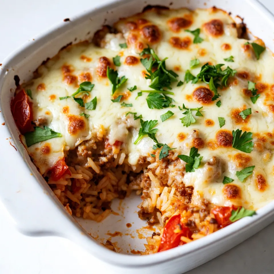 To make Cheesy Hamburger Rice Casserole, you need some key items: - 1 lb ground beef - 1 cup uncooked long-grain rice - 1 can (14.5 oz) diced tomatoes, undrained - 1 cup beef broth - 1 cup shredded cheddar cheese - 1/2 cup onion, diced - 1 cup bell pepper, chopped - 1 tablespoon garlic, minced - 1 teaspoon paprika - 1 teaspoon cumin - Salt and pepper to taste - 1/2 cup sour cream - Fresh parsley, chopped (for garnish) These ingredients make a tasty and filling meal for the whole family. You can customize your casserole with some fun add-ins. Here are a few ideas: - Corn for sweetness - Black beans for extra protein - Jalapeños for some heat - Green onions for a fresh touch Feel free to mix and match to suit your taste! Using fresh ingredients makes a big difference in flavor. Here are some tips: - Choose firm bell peppers with bright color. - Pick onions that feel heavy and have dry skins. - Use ground beef that is lean for less grease. - Check the expiration date on canned goods. Fresh ingredients help your casserole shine and taste great! {{ingredient_image_1}} First, you need to preheat your oven to 350°F (175°C). This step ensures your casserole cooks evenly. While the oven heats, grab a large skillet. Place it over medium heat. This skillet will help you cook the ground beef and veggies. Once your skillet is hot, add 1 pound of ground beef. Cook it until it turns brown. This usually takes about 7-10 minutes. Make sure to drain any excess fat from the beef. It keeps the dish lighter and fresher. Next, toss in ½ cup of diced onion, 1 cup of chopped bell pepper, and 1 tablespoon of minced garlic. Cook these for about 5 minutes. Your kitchen will smell great! Now it’s time to mix everything together. Stir in 1 can of diced tomatoes (don’t drain), 1 cup of uncooked long-grain rice, and 1 cup of beef broth. Add 1 teaspoon of paprika, 1 teaspoon of cumin, plus salt and pepper to taste. Mix it all well. After that, take the skillet off the heat. Fold in ½ cup of sour cream and half of the 1 cup of shredded cheddar cheese. This will make your casserole creamy and cheesy. Finally, transfer the mixture to a greased 9x13 inch baking dish. Spread it out evenly. Top it off with the rest of the cheddar cheese. Cover the dish with aluminum foil and bake it for 30 minutes. After that, remove the foil and bake for another 10-15 minutes. The cheese should be bubbly and golden. Let it cool for a few minutes before serving. Enjoy your delicious cheesy hamburger rice casserole! To make your casserole shine, use a good quality ground beef. Aim for 80/20 for the best flavor. Brown it well to add depth. Don't skip the veggies! Onions and bell peppers give great taste and texture. When you mix in the sour cream and cheese, do it gently. This keeps the dish creamy and rich. For a little kick, add more paprika or a dash of hot sauce. Topping it with cheese adds a nice crust. Bake it until the cheese is bubbly and golden for that perfect finish. If you have leftovers, let the casserole cool completely. This keeps it from getting soggy. Store it in an airtight container. It will last in the fridge for about three to four days. You can also cover it tightly with plastic wrap. If you want to keep it longer, consider freezing it. Just make sure to use a freezer-safe dish. You can keep it frozen for up to three months. This way, you can enjoy it another day! When you are ready to enjoy it again, reheat the casserole in the oven. Preheat to 350°F (175°C) and cover it with foil. Bake it for about 20 minutes or until it’s warm. If you prefer the microwave, use a microwave-safe dish. Heat it in short bursts, about 1-2 minutes at a time, stirring in between. Just make sure it heats through evenly. If you want extra melty cheese, sprinkle some on top before reheating. Enjoy your comforting meal! Pro Tips Use Lean Ground Beef: Opt for lean ground beef to reduce excess fat in the dish, making it healthier while still flavorful. Vegetable Variations: Feel free to add or substitute other vegetables like zucchini or mushrooms for added nutrition and flavor. Cheese Choices: Experiment with different types of cheese, such as Monterey Jack or pepper jack, for a unique twist on the classic flavor. Make Ahead: This casserole can be prepared in advance and stored in the fridge for up to 24 hours before baking, making it a convenient option for busy nights. {{image_2}} You can make a tasty vegetarian version of this casserole. Start by swapping the ground beef for 1 cup of cooked lentils or black beans. You can also use mushrooms for a meat-like texture. Replace the beef broth with vegetable broth to keep it flavorful. Add in extra veggies like zucchini or carrots for more color and nutrition. This version keeps all the creaminess and cheesy goodness, making it a great choice for everyone. For those who love heat, spice it up! Add diced jalapeños or crushed red pepper flakes to the beef mixture. You can also use pepper jack cheese instead of cheddar for a creamy kick. If you want even more flavor, mix in a tablespoon of taco seasoning. This spicy twist makes the casserole exciting and perfect for a fun dinner. Switching up the cheese can change the whole dish. Try using mozzarella for a stretchy, gooey texture. Feta adds a nice tang, while gouda gives a smoky flavor. Mixing different cheeses can also create a unique taste. Just remember to keep the total cheese amount around 1 cup for the best results. These alternatives let you personalize the casserole to your taste. To store your cheesy hamburger rice casserole, first let it cool. Then, transfer it to an airtight container. Make sure to seal it well. You can keep the leftovers in the fridge for up to four days. This way, you can enjoy the meal again without losing flavor. If you want to freeze your casserole, let it cool completely. Then, place it in a freezer-safe container. You can also wrap it tightly with plastic wrap before sealing it. This helps prevent freezer burn. The casserole will last for about three months in the freezer. Just remember to label it with the date. The shelf life of your cheesy hamburger rice casserole depends on how you store it. In the fridge, it lasts four days. In the freezer, it can be safe for three months. Always check for any signs of spoilage before eating. If it smells off or looks strange, it’s best to throw it away. Yes, you can use brown rice. Just know that brown rice takes longer to cook. You should add more broth and adjust the cooking time. Aim for about 45 minutes total baking time. This way, the brown rice will be tender and soak up all the flavors. You can make this casserole a day ahead. Just follow the recipe up to the baking step. After mixing the ingredients, cover the dish and store it in the fridge. When you are ready, bake it at 350°F (175°C). You may need to increase the baking time since it will be cold from the fridge. This casserole pairs well with a fresh salad. A simple garden salad with ranch dressing works great. You can also serve it with garlic bread or steamed vegetables. For a fun twist, try some pickles or jalapeños on the side. They add a nice crunch and flavor! In this post, I shared key ingredients and step-by-step instructions for a cheesy hamburger rice casserole. We explored tips for fresh ingredients, ways to perfect your dish, and options for storing leftovers. I also highlighted variations like the vegetarian version and spicy options. Remember, using quality ingredients and knowing how to store your casserole can enhance your cooking experience. Try out different flavors, and enjoy this tasty meal with family and friends!