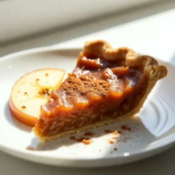 To make a delicious Apple Butter Pie, gather these simple ingredients: - 1 ½ cups apple butter - 1 pre-made pie crust (9-inch) - 2 large eggs - 1 cup heavy cream - 1 teaspoon vanilla extract - 1 teaspoon ground cinnamon - ½ teaspoon ground nutmeg - ¼ teaspoon salt - ½ cup brown sugar - ¼ cup granulated sugar If you need to swap some ingredients, here are some options: - Instead of heavy cream, you can use half-and-half or whole milk. - For the sugars, use coconut sugar or honey if you prefer. - If you don’t have apple butter, homemade or store-bought applesauce works too. - You can replace vanilla extract with almond extract for a different flavor. Choosing the best ingredients is key to a great pie. Here are some tips: - Look for apple butter with no added sugars or preservatives. - Choose fresh eggs from a local farm if possible. They taste better! - Select a pie crust that is flaky and made with simple ingredients. - Use fresh spices for a stronger flavor. Check the expiration dates! - For sugars, organic options can add a richer taste to your pie. {{ingredient_image_1}} First, preheat your oven to 350°F (175°C). This step is key for a perfect pie. Next, take your pre-made pie crust and fit it into a 9-inch pie dish. Flute the edges to make it look nice. If you want, poke a few holes in the bottom with a fork. This helps keep the crust from bubbling up while it bakes. Now, grab a large mixing bowl. Add 1 ½ cups of apple butter, 2 large eggs, and 1 cup of heavy cream. Pour in 1 teaspoon of vanilla extract. Use a whisk to blend until the mixture is smooth. Next, sprinkle in 1 teaspoon of ground cinnamon, ½ teaspoon of ground nutmeg, and ¼ teaspoon of salt. Then add ½ cup of brown sugar and ¼ cup of granulated sugar. Whisk it all together until the sugars dissolve and everything combines well. Pour the apple butter mixture into the prepared pie crust. Spread it evenly for a nice look. Place the pie in the preheated oven. Bake for 45 to 50 minutes. The filling should be set and have a light golden color on top. When it’s ready, take the pie out and let it cool on a wire rack for at least an hour. This will help it slice better. Enjoy your delicious pie at room temperature or slightly warmed. A dollop of whipped cream or a scoop of vanilla ice cream makes it even better! To make a great pie crust, start with a pre-made crust. This saves time and effort. Fit it snugly in a 9-inch pie dish. Flute the edges for a nice look. Poke a few holes in the bottom to stop bubbling. This keeps the crust crisp. You can also chill the crust before filling. A cold crust bakes better. Preventing a soggy bottom is key. After fitting the crust, pre-bake it for 10 minutes. This helps firm it up. Be sure to poke holes in the bottom. Use pie weights or dry beans to hold it down. Remove the weights after 10 minutes. This step keeps your crust flaky and delicious. Serve your pie at room temperature. It tastes great that way. For a fun twist, add whipped cream on top. A scoop of vanilla ice cream works too. Garnish each slice with a sprinkle of cinnamon. A thin slice of apple on the side adds color and flair. These small changes make your pie pop! Pro Tips Use Homemade Apple Butter: For an even richer flavor, consider making your own apple butter instead of using store-bought varieties. Chill the Pie Crust: If you have time, chill the pie crust for about 30 minutes before filling to help maintain its shape during baking. Check for Doneness: The pie is done when the filling is set and a knife inserted in the center comes out clean; avoid overbaking to keep it creamy. Garnish Creatively: Elevate the presentation by garnishing each slice with a sprinkle of cinnamon, a slice of fresh apple, or even a drizzle of caramel sauce. {{image_2}} You can change the crust for your apple butter pie. A graham cracker crust adds a sweet crunch. It pairs well with the smooth filling. You can crush graham crackers and mix them with melted butter. Press this mix into your pie dish. A shortcrust pastry gives a classic touch. It has a nice flaky texture. Both options work great, so pick your favorite! To make your pie stand out, try adding spices. Nutmeg adds warmth and depth. Just a pinch can elevate the taste. Pumpkin spice is another fun option. It brings cozy, fall flavors. You can mix in a little of either spice when blending your filling. This small change can make a big difference! Serving your pie can be fun and creative. You can serve it a la mode with a scoop of vanilla ice cream. The cold ice cream contrasts nicely with the warm pie. Another great option is to add fruit compote on top. Fresh berries or spiced apples add color and flavor. For a simple touch, a dollop of whipped cream works wonders. Each option makes the pie even more delightful! You can store your apple butter pie safely. If you have leftovers, let the pie cool first. Cover it with plastic wrap or foil. You can keep it at room temperature for one day. For longer storage, place it in the fridge. It will last up to four days when chilled. The cold helps keep it fresh and tasty. Freezing your pie is a great option, too. First, let the pie cool completely. Wrap it well in plastic wrap, then cover it with aluminum foil. This keeps out air and ice. You can freeze the pie for up to three months. When you’re ready to eat it, thaw it in the fridge overnight. Reheating your pie is easy and brings back its warm goodness. If it's frozen, thaw it overnight in the fridge first. Preheat your oven to 350°F (175°C). Place the pie in the oven for about 15 to 20 minutes. You want it warm but not too hot. If you like, add a scoop of ice cream on top when serving. Enjoy that warm and cozy flavor! Apple butter pie is a sweet dessert made with apple butter. It has a creamy texture and warm spices. The pie sits in a flaky crust, which adds a nice crunch. It's a perfect fall treat. The mix of apple butter and spices creates a cozy flavor. Yes, you can make apple butter pie ahead of time. It tastes great after a day in the fridge. Bake the pie, let it cool, and wrap it well. Store it in the fridge until you are ready to serve. Apple butter pie lasts about 3 to 4 days in the fridge. Keep it covered to maintain freshness. If you want to keep it longer, consider freezing it. Absolutely! Homemade apple butter works great in this recipe. It adds a personal touch and unique flavor. Just make sure it is smooth and not too watery. You can use half-and-half or whole milk as a substitute. If you want a dairy-free option, try coconut cream. Each substitute will change the texture a bit, but the pie will still taste delicious. This blog post covered the key ingredients, step-by-step instructions, and helpful tips for making apple butter pie. We explored ingredient choices, crust techniques, and presentation ideas. You’ve learned about variations and how to store leftovers. Remember, a good pie starts with quality ingredients and care while baking. Now, you can impress everyone with your delicious apple butter pie. Enjoy making it and sharing it with friends and family!