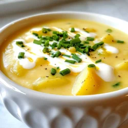 To make Creamy Cheddar Garlic Potato Soup, you will need the following ingredients: - 4 large Yukon Gold potatoes, peeled and diced - 1 medium onion, chopped - 4 cloves garlic, minced - 4 cups vegetable broth - 1 cup heavy cream - 2 cups sharp cheddar cheese, grated - 2 tablespoons butter - 1 teaspoon dried thyme - Salt and pepper to taste - Green onions or chives for garnish When it comes to ingredient substitutions, feel free to mix things up. You can use russet potatoes instead of Yukon Gold. They will still give you a great texture. If you want a healthier option, consider using low-fat cheese or plant-based cheese. For a different flavor, try adding smoked cheddar or gouda. You can also swap vegetable broth for chicken broth if you like. Each choice can change the taste and richness a bit, so have fun with it! {{ingredient_image_1}} Start by melting the butter in a large pot over medium heat. This step is key. Next, add the chopped onion. Sauté it for about five minutes until it turns translucent. This adds flavor to your soup. Then, stir in the minced garlic. Cook it for one more minute until it smells amazing. Now, add the diced potatoes to the pot. Pour in the vegetable broth and bring it to a boil. Once boiling, reduce the heat and let it simmer. Cover the pot and cook for 15 to 20 minutes until the potatoes are fork-tender. After cooking, remove the pot from the heat. This is where the magic happens. Use an immersion blender to blend the soup until it's creamy and smooth. If you don't have one, you can carefully transfer the soup to a blender in batches. Just be careful of the hot steam! Once blended, return the pot to low heat. Stir in the heavy cream, grated cheddar cheese, dried thyme, and season with salt and pepper. Keep stirring until the cheese melts and the soup is warm. Don’t forget to taste it! Adjust the seasoning if needed. Finally, serve the soup hot, garnished with chopped green onions or chives. You can choose between two main methods for this soup: stovetop or blender. The stovetop method allows for easy cooking in one pot. This helps keep flavors locked in. The immersion blender will give you a creamy texture right in the pot. If you prefer, use a regular blender. Just remember to blend small batches to avoid steam buildup. For tools, you need a large pot, a cutting board, a knife, and your blender. These methods ensure your Creamy Cheddar Garlic Potato Soup comes out delicious every time! Enjoy the process and treat yourself to a warm bowl of comfort. To make your creamy cheddar garlic potato soup shine, adjust your seasonings. Add more salt or pepper for a kick. You can also toss in a pinch of smoked paprika for a subtle depth. Avoid overcooking the garlic; it can turn bitter. If you want a richer taste, try using chicken broth instead of vegetable broth. Common cooking mistakes often happen when blending. If you use a blender, let the soup cool a bit first. Hot soup can splash and cause burns. If you have an immersion blender, use it directly in the pot. It’s safer and easier! Serve this soup with crusty bread or a fresh salad. The bread is great for dipping. You can also top it with croutons for extra crunch. For garnishes, sprinkle chopped green onions or chives on top. They add a fresh taste and color. A drizzle of olive oil gives it a nice finish too. Enjoy the warmth and comfort of this dish! Pro Tips Use Yukon Gold potatoes: Their creamy texture makes the soup richer and more flavorful. Adjust the thickness: Blend less for a chunkier soup or more for a creamier consistency, depending on your preference. Cheese choice matters: Sharp cheddar adds a deeper flavor; feel free to mix with other cheeses for a unique twist. Garnish creatively: Along with green onions or chives, consider crispy bacon bits or a drizzle of olive oil for added texture and flavor. {{image_2}} You can easily change some ingredients for different diets. For a vegan version, replace the heavy cream with coconut milk. Use nutritional yeast instead of cheese for a cheesy taste. To make it gluten-free, ensure your vegetable broth is labeled gluten-free. You can also play with the cheese. Instead of sharp cheddar, try gouda or pepper jack for a spicy kick. For a savory twist, add crispy bacon bits or diced ham. You can even mix in some veggies like carrots or spinach for added nutrition. Add herbs for a unique flavor. Fresh parsley or basil can brighten the soup. A pinch of cayenne pepper adds warmth, while smoked paprika gives depth. Try adding a squeeze of lemon for a zesty touch. Pair the soup with crusty bread or a fresh salad. A side of grilled cheese can make it a cozy meal. You can also serve it with roasted vegetables for a hearty dinner. To store leftover soup, let it cool first. Pour the soup into a clean, airtight container. Seal it and place it in the fridge. It will stay fresh for about three to four days. When you're ready to enjoy it again, reheat the soup gently. Pour it into a pot over low heat. Stir often to keep it from sticking. If the soup seems too thick, add a splash of broth or cream. This way, it stays creamy and delicious. If you want to keep the soup longer, freezing works great. Use a freezer-safe container, leaving some space at the top. This allows the soup to expand as it freezes. You can freeze it for up to three months. To thaw, move the container to the fridge a day before. If you're in a hurry, you can use the microwave on the defrost setting. Reheat it slowly in a pot, stirring well. Add a little cream if it looks too thick after thawing. Enjoy your soup anytime! Can I use a different type of potato? Yes, you can use other potatoes. Russet or red potatoes work well, too. Each type has a unique taste. Yukon Gold gives a creamy texture, while Russets make it fluffier. How do I make the soup thicker? To thicken the soup, use less broth. You can also add more potatoes to the mix. Another option is to blend some of the soup and stir it back in. This adds body while keeping it creamy. What can I pair with this soup for a full meal? This soup pairs great with crusty bread or a fresh salad. A grilled cheese sandwich also makes a tasty combo. You can even add a protein, like chicken, for a heartier meal. Can I make this recipe ahead of time? Yes, this soup can be made ahead. Just store it in the fridge for up to three days. Reheat it on the stove over low heat, stirring often to keep it creamy. Is this soup gluten-free? Yes, the soup is gluten-free. It uses vegetable broth and no flour. Always check your broth label to be sure. Enjoy a warm bowl without worry! Creamy Cheddar Garlic Potato Soup is simple and satisfying. We covered the ingredients, step-by-step cooking, and tips for perfect flavors. Remember, you can swap ingredients for dietary needs or try creative twists to keep it exciting. Storing leftovers is easy, whether in the fridge or freezer. With these instructions and ideas, you can cook this soup confidently and enjoy it any time. I hope this inspires you to create your own delicious version!